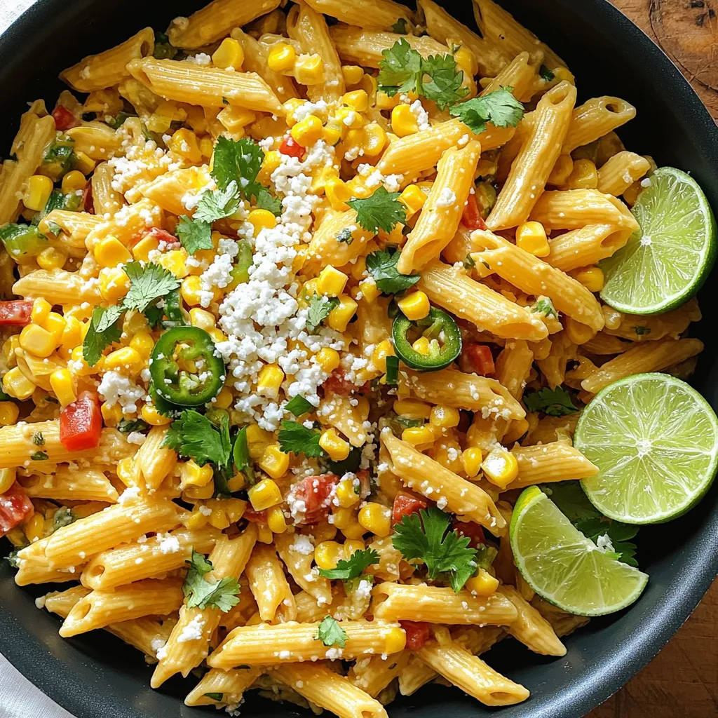 - 8 oz. penne pasta - 1 tablespoon olive oil - 2 cups corn kernels (fresh or frozen) - 1 red bell pepper, diced - 1 jalapeño, minced (optional for spice) - 3 cloves garlic, minced - 1 teaspoon smoked paprika - 1 teaspoon chili powder - 4 cups vegetable broth - 1 cup Cotija cheese, crumbled - 1/4 cup fresh cilantro, chopped - Salt and pepper to taste - Juice of 1 lime - Lime wedges for serving Using fresh ingredients makes a big difference. Fresh corn adds sweetness and crunch. Choose firm, bright red bell peppers. They should feel heavy for their size. If you can, buy fresh cilantro with vibrant green leaves. For spices, use good quality smoked paprika and chili powder. They bring out the best flavors in this dish. You can modify this dish to fit your needs. If you prefer gluten-free, swap penne pasta for gluten-free penne. For a vegan dish, leave out the Cotija cheese or use vegan cheese. You can also add other veggies like zucchini or cherry tomatoes for more color and flavor. If you want extra protein, try adding black beans or shredded chicken. Start by pouring olive oil into a large pot. Heat it over medium heat until it shimmers. Next, add the corn kernels, diced red bell pepper, and minced jalapeño if you want some heat. Sauté these for about 5 minutes. Stir them often until the veggies are soft and smell great. Now, it’s time to boost the flavor. Add minced garlic, smoked paprika, and chili powder to the pot. Keep cooking for another minute. This step releases the spices' rich aromas. Your kitchen will smell amazing! Next, stir in the penne pasta. Make sure it mixes well with the veggies. Pour in the vegetable broth and crank up the heat until it boils. Once it’s boiling, lower the heat and cover the pot. Let it simmer for 12 to 15 minutes. Stir occasionally to prevent sticking. After the pasta cooks, take the pot off the heat. Gently fold in crumbled Cotija cheese, chopped cilantro, and lime juice. Season with salt and pepper to taste. Let it rest for a minute. This helps the cheese melt and flavors blend. When making Street Corn One-Pot Pasta, avoid overcooking the pasta. This can lead to mushy noodles. Always check for doneness a minute or two before the time is up. Another mistake is not stirring often enough. Stirring helps keep the pasta from sticking. Finally, remember to season well. Taste as you go and adjust salt and pepper to enhance flavor. To cook pasta perfectly, use a large pot with plenty of vegetable broth. This ensures even cooking and flavor. Bring the mixture to a rolling boil before adding the pasta. Once boiling, reduce the heat and cover the pot. This keeps the steam in, helping the pasta cook evenly. Stir every few minutes to avoid sticking. Cook until al dente, which means firm to the bite. Presentation makes your dish look inviting. Serve the pasta in deep bowls for a cozy feel. Top each bowl with extra Cotija cheese for a creamy touch. Sprinkle chopped cilantro on top for a pop of color. Add lime wedges on the side to brighten the dish. This not only enhances the look but also allows guests to add a fresh squeeze of lime. Enjoy the beauty and flavor of your dish! {{image_4}} If you want a vegetarian twist, you can easily switch a few ingredients. Keep the corn, bell pepper, and spices. Use vegetable broth for depth. Add more veggies like zucchini or mushrooms for extra flavor. You can also use a blend of different cheeses. This keeps it creamy and rich. For those who love spice, ramp it up! Start with the jalapeño. You can also add more chili powder. Try adding crushed red pepper flakes for a kick. If you want it extra hot, add diced fresh chili peppers. Just remember to taste as you go! You can get creative with your pasta. Try black beans or chickpeas for protein. Adding diced tomatoes gives it a nice acidity. You can also sprinkle in some corn chips on top for crunch. Fresh avocado slices make a rich, creamy addition. Don’t be afraid to mix and match! To keep your Street Corn One-Pot Pasta fresh, store leftovers in an airtight container. Make sure the pasta is cool before sealing the container. This helps stop moisture buildup, which can make the pasta soggy. You can keep it in the fridge for up to three days. When you reheat your pasta, add a splash of vegetable broth or water. This helps bring back moisture and flavor. Heat it gently on the stove over low heat. Stir often to avoid burning. You can also use the microwave. Just cover it with a damp paper towel to keep it moist. You can freeze this dish if you want to save some for later. Use a freezer-safe container or bag. Make sure to remove as much air as possible to prevent freezer burn. This pasta will last up to three months in the freezer. When you’re ready to eat, thaw it in the fridge overnight before reheating. Yes, you can use any pasta shape you like. Penne works well, but you can try fusilli, farfalle, or even spaghetti. Just keep in mind that cook times may change. Thinner pasta cooks faster, while thicker shapes take longer. Always check the package for the right cooking time. To make your dish creamier, add more Cotija cheese or stir in some cream or sour cream. You can also use cream cheese for a rich taste. Mix it in just before serving for that smooth texture. Yes, you can easily make this dish gluten-free. Use gluten-free pasta instead of regular penne. Just make sure to follow the cooking instructions on the gluten-free pasta package. Cooking times may vary, so watch it closely. - How to adjust cook times for different pasta shapes: - Thin pasta: Cook for about 2-4 minutes less than the package suggests. - Thick pasta: Cook for about 2-4 minutes longer than the package suggests. - Always taste a piece to check for doneness. - Recommended toppings for added flavor: - Extra Cotija cheese for richness. - Chopped green onions for a fresh bite. - A dollop of sour cream for creaminess. - Crushed tortilla chips for a nice crunch. - Fresh lime juice for a burst of citrus. This blog post covered essential ingredients, step-by-step cooking, and tasty variations for your dish. I shared tips to avoid common mistakes and optimize flavor. Remember, ingredient quality counts. A few simple swaps can personalize any meal. Store leftovers smartly to maintain their taste. You can even freeze portions for later. Use this guide to create the perfect dish every time. Embrace your creativity and enjoy delicious results!