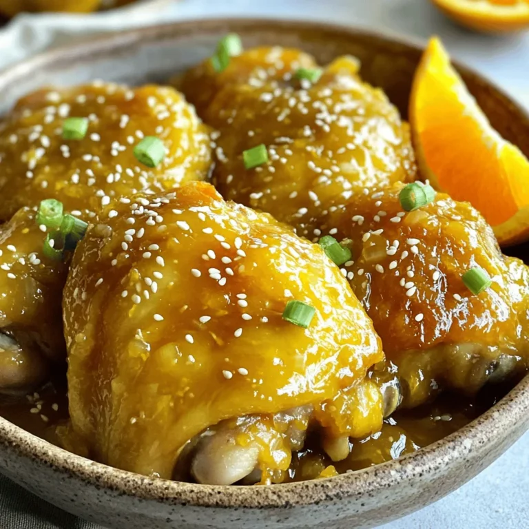 - 1 lb (450g) boneless chicken thighs, cut into bite-sized pieces Chicken thighs work best for this recipe. They stay juicy and tender. Cut them into small pieces for quick cooking and easy eating. - 1/2 cup cornstarch - 1/4 cup all-purpose flour - 1 teaspoon salt - 1/2 teaspoon black pepper - 1/2 teaspoon garlic powder - 1/2 teaspoon ginger powder The coating gives the chicken a crispy texture. Mixing cornstarch and flour adds crunch. The spices enhance the flavor, making every bite tasty. - 1/4 cup vegetable oil (for frying) Vegetable oil is best for frying. It has a high smoke point, which helps the chicken cook evenly. This oil will make the chicken golden brown and crispy. - 1/2 cup freshly squeezed orange juice - Zest of 1 orange - 1/4 cup honey - 2 tablespoons low-sodium soy sauce - 1 tablespoon rice vinegar - 1 clove garlic, finely minced - 1/2 teaspoon fresh ginger, grated - 1 teaspoon red chili flakes (adjust to taste) - 1 teaspoon cornstarch mixed with 2 tablespoons water (for thickening the sauce) The orange sauce is the star here. Fresh orange juice gives it a bright flavor. Honey adds sweetness, while soy sauce adds depth. The chili flakes bring heat, so adjust them if you prefer less spice. The cornstarch helps thicken the sauce, giving it a nice texture. First, whisk together the dry ingredients. Use cornstarch, flour, salt, black pepper, garlic powder, and ginger powder. Mix until there are no clumps. Next, add the chicken pieces to the bowl. Make sure each piece gets coated well. Shake off any extra flour to avoid clumping. Now, heat the vegetable oil in a large skillet. Set the heat to medium-high until the oil shimmers. Carefully place the chicken in a single layer in the hot oil. Fry the chicken in batches for about 5 to 7 minutes. Look for a golden brown color to know it's cooked through. While the chicken fries, prepare the orange sauce. In a saucepan, mix the orange juice, orange zest, honey, soy sauce, rice vinegar, garlic, ginger, and red chili flakes. Heat this mixture over medium heat until it simmers. Stir it occasionally. When it simmers, add the cornstarch slurry. This will thicken the sauce. Cook for 1 to 2 more minutes, then remove from heat. Once the chicken is crispy and golden, transfer it to a plate lined with paper towels. This helps absorb excess oil. In a large mixing bowl, combine the chicken with the orange sauce. Toss gently to coat every piece evenly. I love serving this orange chicken over steamed rice. You can also add colorful stir-fried vegetables for a complete meal. Enjoy every bite of your homemade delight! To get crispy chicken, oil temperature is key. Heat your oil to medium-high until it shimmers. This ensures the chicken cooks quickly and forms a nice crust. If the oil is too cool, the chicken will absorb too much oil and become soggy. For coating, mix cornstarch, flour, salt, pepper, garlic powder, and ginger powder well. Make sure there are no clumps. After coating the chicken, shake off any extra flour. This keeps the pieces from sticking together during frying. When making the orange sauce, adjust the sweetness and spiciness to your taste. If you want it sweeter, add more honey. If you like it spicy, increase the red chili flakes. Taste as you go to find your perfect balance. If you need to thicken the sauce, use the cornstarch slurry. Stir it in once the sauce simmers. You can also use arrowroot or tapioca starch if you have them. These options can add different textures. Garnish your dish with sesame seeds and chopped green onions. This adds color and a nice crunch. Place a few orange wedges on the side. They enhance the flavor and make your plate look bright and inviting. {{image_4}} You can swap chicken for tofu or veggies. This makes the dish lighter. Tofu absorbs the sauce well and adds protein. Try using broccoli, bell peppers, or snap peas for extra crunch. Another option is to use whole wheat flour in the coating. Whole wheat adds fiber and nutrients. It also gives a nice, nutty flavor to the dish. Want to change up the flavor? Use mango or pineapple instead of orange juice. Both fruits add a sweet and tangy twist. This makes your dish feel like a tropical vacation. You can also add extra spices to the sauce. Try adding five-spice powder or sesame oil. These spices bring new flavors that surprise your taste buds. Pair your orange chicken with quinoa or cauliflower rice. Both options are nutritious and filling. They also soak up the sauce, making each bite tasty. For vegetable stir-fries, mix in carrots, bell peppers, and bok choy. This adds color and crunch to your meal. Plus, it boosts the health factor with more veggies. To store leftovers in the fridge, first, let the orange chicken cool. Place it in an airtight container. Make sure it is sealed tightly. This helps keep it fresh. You can store it in the fridge for up to three days. After that, the taste and texture may change. To freeze orange chicken, let it cool completely. Transfer it to a freezer-safe bag or container. Remove as much air as possible to prevent freezer burn. It can last in the freezer for up to three months. When you are ready to eat, thaw it overnight in the fridge. Reheat it in a skillet over medium heat. This helps keep the chicken crispy. If you microwave it, the texture may not be as good. So, using a skillet is best for the best taste. You can use chicken breast instead of thighs. It has less fat but will still taste great. If you want a different protein, try tofu or shrimp. Both can soak up the orange sauce well. Yes, you can make the orange sauce ahead of time. Just store it in an airtight container in the fridge. It will last up to a week. When you are ready to use it, warm it gently on the stove. To make this dish gluten-free, use gluten-free flour instead of all-purpose flour. You can find cornstarch and gluten-free soy sauce at most stores. These swaps keep the flavor and texture while making it safe for those who avoid gluten. Yes, this recipe is great for meal prep! Cook and store the chicken and sauce separately. This keeps the chicken crispy for longer. You can portion them out with rice or veggies for quick meals during the week. This blog post shared a tasty orange chicken recipe, covering key ingredients and steps. You learned how to prepare the coating, fry chicken, and make a vibrant orange sauce. I shared tips for achieving that perfect crispiness and ideas for healthy variations. Remember, you can easily customize this dish to fit your taste or dietary needs. Enjoy your cooking journey and make this dish your own!