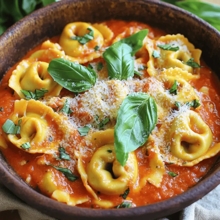 - 2 cups cheese tortellini (fresh or frozen) - 1 tablespoon olive oil - 3 cloves garlic, minced - 1 can (14 oz) crushed tomatoes - 1 cup heavy cream - ½ cup fresh basil leaves, chopped - Grated Parmesan cheese for serving You can use fresh or frozen tortellini in this dish. Both work well. The cheese-filled tortellini adds a rich taste. Crushed tomatoes give a sweet and tangy base. Heavy cream makes the sauce smooth and rich. Fresh basil brings brightness and a lovely aroma. - 1 teaspoon dried oregano - 1 teaspoon dried basil - ½ teaspoon red pepper flakes (optional for heat) - Salt and freshly ground pepper to taste Seasonings enhance the dish’s flavor. Dried oregano and basil add warmth. If you enjoy heat, the red pepper flakes give a nice kick. Always season with salt and pepper for balance. - Spinach or kale for added greens - Cooked chicken or shrimp for protein - A splash of lemon juice for brightness You can customize this dish easily. Adding spinach or kale boosts nutrition. Chicken or shrimp can make it heartier. A splash of lemon juice brightens the flavors and adds zest. Start by boiling a big pot of salted water. Bring it to a rolling boil. Add 2 cups of cheese tortellini. Cook them for about 3 to 5 minutes. Check the package for exact times. You want them al dente, with a slight bite. After cooking, drain the tortellini and place them in a bowl. Set them aside for later. In a large skillet, heat 1 tablespoon of olive oil over medium heat. Wait until the oil shimmers. Then, add 3 minced garlic cloves. Sauté the garlic for about 1 minute. Stir often and don’t let it brown. Brown garlic can taste bitter. Next, add one can of crushed tomatoes, 1 teaspoon of dried oregano, and 1 teaspoon of dried basil. If you like some heat, add ½ teaspoon of red pepper flakes. Let this mixture bubble for about 5 to 7 minutes. This step helps all the flavors mix well. Now, lower the heat to a gentle simmer. Slowly pour in 1 cup of heavy cream while stirring. Mix until you have a creamy sauce. Season with salt and fresh ground pepper to taste. Add the cooked tortellini into the skillet. Use a spatula to gently toss the pasta. Make sure each piece is coated in the creamy sauce. Next, stir in ½ cup of chopped fresh basil leaves. Save some for garnish later. Let everything cook together for 2 more minutes. This step helps the basil flavor to come out. Remove the skillet from heat. Serve the creamy tortellini right away. Top with grated Parmesan cheese and extra basil for a fresh touch. Enjoy! To keep your tortellini firm, watch the cooking time closely. Fresh tortellini cooks fast, usually in 3-5 minutes. If using frozen, check the package for specific times. Test a piece before draining. It should be tender but slightly firm. This texture makes the dish more enjoyable. When making your sauce, add the cream slowly. Pour it in while stirring to blend it smoothly. This step avoids lumps and helps create a silky texture. Keep the heat low to prevent the cream from boiling. Overheating can lead to separation, ruining the sauce’s creaminess. To make your dish look amazing, use fresh basil as a garnish. Sprinkle chopped basil on top right before serving. You can also add grated Parmesan for a nice finish. Serve in a wide, shallow bowl to show off the colorful sauce and tortellini. A drizzle of olive oil adds a touch of shine, making the meal even more appealing. {{image_4}} To make this dish vegetarian, simply skip any meat. The creamy tomato sauce is rich and tasty on its own. The cheese tortellini adds a nice touch. You can also add more veggies. Try spinach, zucchini, or bell peppers. Just sauté them with the garlic before adding the tomatoes. This gives your meal color and texture. If you want to add protein, chicken, shrimp, or tofu works great. For chicken, cook it in the skillet first. Season it well and then set it aside. After making the sauce, add the cooked chicken back in. For shrimp, toss them in the skillet after the garlic. Cook until they turn pink, then add the tomatoes. Tofu is an easy option too. Cube it and sauté until golden. Add it to the sauce for a hearty meal. While cheese tortellini is a fan favorite, feel free to switch up the pasta. Bowtie, penne, or even whole wheat pasta brings a new vibe. Just make sure to cook according to package instructions. Each pasta shape holds sauce differently, so you may find a new favorite. Enjoy the creamy sauce with whatever pasta you choose! To store your leftover creamy tomato basil tortellini, follow these steps: - Cool Down: First, let the tortellini cool to room temperature. - Use an Airtight Container: Place the tortellini in an airtight container. - Refrigerate: Store it in the fridge for up to three days. Reheating tortellini can dry it out. To keep it creamy, try these tips: - Stovetop Method: Place tortellini in a skillet over low heat. Add a splash of cream or water to help. Stir gently until heated through. - Microwave Method: Use a microwave-safe bowl. Add a little cream or water. Cover with a lid or microwave-safe wrap. Heat in 30-second bursts, stirring in between. If you want to enjoy tortellini later, freezing is a great option. Here’s how: - Cool Completely: Let the tortellini cool down fully. - Portion Size: Divide into meal-sized portions. - Freezer Bags or Containers: Use freezer-safe bags or containers. Remove as much air as possible. - Label and Freeze: Label with the date and freeze for up to three months. To reheat, thaw overnight in the fridge before warming up. Yes, you can use frozen tortellini. It makes this meal quick and easy. Just cook the frozen tortellini as you would fresh. Follow the package instructions, usually around 3-5 minutes. Frozen tortellini tastes great in this creamy sauce too. If you need a substitute for heavy cream, try half-and-half or whole milk. For a lighter option, use Greek yogurt or coconut cream. These alternatives will change the flavor a bit, but they can still create a tasty sauce. To give your creamy tomato basil tortellini a kick, add more red pepper flakes. You can also mix in some diced jalapeños or a dash of hot sauce. Start with a small amount and taste as you go to find your perfect spice level. You’ve learned how to make creamy tomato basil tortellini from start to finish. We covered the main ingredients, the cooking steps, helpful tips, tasty variations, and storage advice. This dish is simple and fun to make. Personalize it to match your taste. With these steps, you can create a delicious meal your whole family will love. Enjoy cooking and get ready to impress at your dinner table!