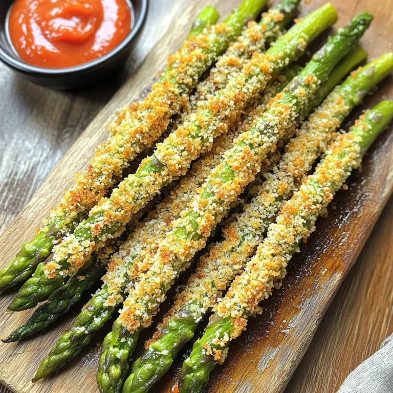 To make Air Fryer Parmesan Asparagus Fries, gather these simple ingredients: - 1 lb fresh asparagus, trimmed and ends snapped off - 1/2 cup freshly grated Parmesan cheese - 1/2 cup panko breadcrumbs (for extra crunch) - 2 large eggs - 1 teaspoon garlic powder - 1 teaspoon onion powder - 1/2 teaspoon fine sea salt - 1/4 teaspoon freshly ground black pepper - Cooking spray or olive oil spray for crisping Fresh asparagus is best for this recipe. It gives a nice crunch and flavor. Frozen asparagus can work, but it may turn mushy. If you use frozen, thaw it first and pat it dry. This helps keep the fries crispy. I recommend using freshly grated Parmesan cheese. It has better flavor and melts nicely. Pre-grated cheese often has fillers that can affect taste and texture. For a bolder flavor, try Parmigiano-Reggiano. It can take your fries to the next level! Start by preheating your air fryer to 400°F (200°C). This step is key. Let it heat for about 5 minutes. A hot air fryer cooks the asparagus evenly and gives it a nice crunch. Next, get 1 pound of fresh asparagus. Trim the ends and snap them off. This helps in getting rid of the tough parts. Make sure the asparagus is tender yet firm. You want a good bite in each fry. In a shallow bowl, crack and whisk 2 large eggs. Make sure they are frothy. In another bowl, mix 1/2 cup of freshly grated Parmesan cheese, 1/2 cup of panko breadcrumbs, 1 teaspoon of garlic powder, 1 teaspoon of onion powder, 1/2 teaspoon of fine sea salt, and 1/4 teaspoon of black pepper. Stir well until blended. Take one asparagus spear, dip it in the eggs, and coat it well. Then roll it in the cheese-breadcrumb mix. Press gently to help it stick. Repeat this for all the spears. Now, lay the coated asparagus in the air fryer basket. Make sure they are in a single layer to cook evenly. Avoid crowding the basket. Lightly spray them with cooking spray or olive oil. Air fry them for 8 to 10 minutes. Flip each spear halfway through. This helps them brown evenly and stay crispy. When done, take out the asparagus fries and serve them hot. They taste great with a dipping sauce like marinara or aioli. To make it look fancy, serve them on a rustic platter. You can sprinkle extra Parmesan and add a lemon wedge for zest. Enjoy your healthy snack! To get that perfect crispy bite, the air fryer must be really hot. Preheat it to 400°F (200°C). This step is key. Use panko breadcrumbs for extra crunch. They are light and airy. Lightly spray the fries with cooking spray before frying. This helps them get golden and crisp. Flip the asparagus halfway through cooking. This ensures all sides get crispy. One big mistake is overcrowding the air fryer basket. It can steam the fries instead of crisping them. Always arrange the asparagus in a single layer. Another mistake is not preheating the air fryer. This can lead to uneven cooking. Be sure to coat the asparagus well with the mixture. If the coating is too thin, it may fall off during cooking. For a tasty dip, try marinara sauce. It adds a nice, tangy flavor. Aioli is another great choice. Its creamy texture pairs well with the crispy fries. You can also make a simple yogurt dip with herbs. This adds a fresh twist. Feel free to mix and match sauces to find your favorite! {{image_4}} You can switch up the cheese in this recipe. Instead of Parmesan, try Pecorino Romano for a sharper taste. Cheddar cheese gives a creamy, rich flavor. If you want something milder, Mozzarella works well too. Each cheese adds its unique twist to the dish. Want to spice things up? Add a pinch of cayenne pepper for heat. You can also mix in some smoked paprika for a smoky flavor. Fresh herbs like thyme or rosemary add freshness. Experiment with your favorite spices to make these fries your own. If you prefer a vegan option, use nutritional yeast instead of cheese. For the egg wash, try unsweetened plant milk mixed with a bit of flour. This creates a good coating for the asparagus. You can still enjoy crispy, flavorful fries without dairy. If you have extra asparagus fries, let them cool first. Place them in an airtight container. Keep them in the fridge for up to three days. This helps maintain their flavor and texture. To reheat, use the air fryer again. Set it to 350°F (175°C). Cook for about 5 minutes. This will help restore their crispiness. You can also use an oven at the same temperature. You can freeze these asparagus fries, but it's best to freeze them before cooking. Lay them in a single layer on a baking sheet. Once frozen, transfer them to a freezer bag. They will keep for up to three months. When ready to cook, no need to thaw; just air fry them for a few extra minutes. Yes, you can use regular breadcrumbs. However, panko gives a crunchier texture. Regular breadcrumbs may not provide the same crispiness. If you want extra crunch, stick with panko. Asparagus fries are done when they turn golden brown. They should be crispy on the outside. You can also check if they are tender by poking one with a fork. If it’s easy to pierce, they are ready. Yes, you can prepare the asparagus fries ahead of time. Coat them in the breadcrumb mix and store them in the fridge. Just air fry them when you’re ready to eat. This makes it easy to enjoy a quick snack! This post covered everything you need for crispy air fryer asparagus fries. We talked about the best ingredients, like fresh asparagus and the right cheese. I walked you through the steps for cooking, plus tips for perfect crunch. You learned about variations, storage, and answered common questions. Enjoy making these fries at home. You now have the tools to impress your family and friends. Simple changes can elevate your dish and keep things fun in the kitchen.