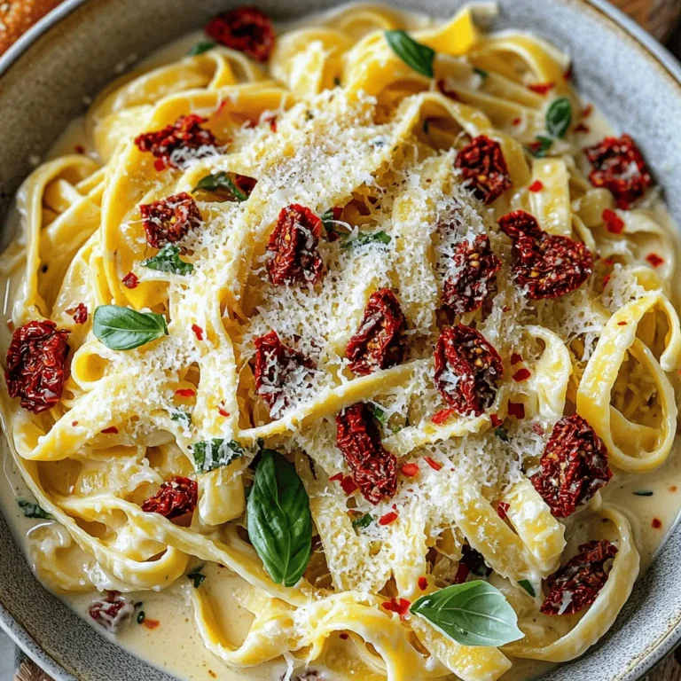 For a tasty Creamy Sun-Dried Tomato Pasta, gather these items: - 8 oz. pasta (fettuccine or penne) - 1 cup sun-dried tomatoes, chopped - 1 cup heavy cream - 2 tablespoons olive oil - 3 cloves garlic, minced - 1/2 cup grated Parmesan cheese - 1/4 cup fresh basil, finely chopped - Salt and freshly cracked black pepper, to taste - Pinch of red pepper flakes (optional, for heat) To enhance the dish, consider these optional ingredients: - A splash of white wine adds depth to the sauce. - A squeeze of lemon juice brightens the flavors. - Spinach or arugula can add a fresh green note. - Toasted pine nuts offer a nice crunch. While fettuccine and penne work great, you can try: - Linguine for a different texture. - Farfalle for a fun shape. - Rigatoni, which holds sauce well. Each type brings its charm and taste to this creamy dish. To start, boil a large pot of salted water. Once it boils, add 8 oz. of pasta, like fettuccine or penne. Cook the pasta until al dente, which usually takes about 8-10 minutes. Drain the pasta in a colander but save 1/2 cup of the pasta water for later. Set the drained pasta aside. Next, heat 2 tablespoons of olive oil in a large skillet over medium heat. When the oil shimmers, add 3 minced garlic cloves. Sauté for about 1 minute, stirring often. You want the garlic to smell good, but don't let it brown. Then, add 1 cup of chopped sun-dried tomatoes to the skillet. Cook for 2-3 minutes while stirring. This will soften the tomatoes and mix their flavor with the garlic. Now it's time to create the cream sauce. Pour in 1 cup of heavy cream and stir well. Increase the heat slightly to get a gentle simmer. Let it cook for 3-4 minutes, allowing the cream to thicken and blend with the flavors. Gradually mix in 1/2 cup of grated Parmesan cheese until it melts. If the sauce is too thick, add some reserved pasta water until you like the texture. Now, gently add the cooked pasta to the skillet. Use tongs to toss and coat each piece in the creamy sauce. Season with salt and freshly cracked black pepper to your taste. If you like heat, add a pinch of red pepper flakes. Finally, fold in 1/4 cup of finely chopped fresh basil. Stir softly to distribute the basil throughout the dish. Serve the creamy pasta in bowls and enjoy! To ensure your sauce is creamy and smooth, add the heavy cream slowly. Start with medium heat to prevent burning. If it gets too thick, use the reserved pasta water. Add small amounts until you reach the desired texture. The water helps to loosen the sauce, making it easier to coat the pasta. You can boost the flavor of your dish in many ways. For a richer taste, add more grated Parmesan cheese. Fresh herbs like parsley or thyme can add depth. If you like heat, increase the red pepper flakes. Taste your dish as you go to find the right balance. One common mistake is overcooking the pasta. Always aim for al dente to keep it firm. Another mistake is not seasoning the sauce. Salt brings out flavors, so don’t skip it. Lastly, avoid rushing the sauce. Letting it simmer lets the flavors meld beautifully. Enjoy your cooking process! {{image_4}} You can make this creamy sun-dried tomato pasta vegetarian by skipping meat. Try adding more veggies like spinach, zucchini, or mushrooms. Sauté these veggies with garlic for extra flavor. You can also use vegetable broth instead of pasta water for a richer taste. For a protein boost, add cooked chicken or shrimp. Simply cook them in the skillet before adding the sun-dried tomatoes. This will infuse the dish with a lovely flavor. If using shrimp, cook until they turn pink and opaque. You can also use grilled chicken for a smoky touch. If you want a dairy-free option, replace heavy cream with coconut milk or cashew cream. Both provide rich creaminess. For a vegan version, use nutritional yeast instead of Parmesan. This adds a cheesy flavor without the dairy. Also, ensure your pasta is egg-free for a complete vegan meal. To keep your creamy sun-dried tomato pasta fresh, let it cool first. Place it in an airtight container. This helps keep out moisture and air, which can spoil the dish. Store it in the fridge for up to three days. Make sure to label your container with the date. This way, you’ll know when to eat it. Reheating creamy pasta needs care. Use a skillet for the best results. Add a splash of water or cream to the pan first. This keeps the sauce smooth. Heat on low, stirring often. If you’re in a hurry, you can use the microwave. Just heat it in short bursts, stirring in between. This helps prevent hot spots. If you want to save your creamy pasta for later, freezing is a good option. Allow the pasta to cool completely. Then, pack it in a freezer-safe container. For best taste, eat it within three months. When you're ready to eat, thaw it in the fridge overnight. Reheat as directed above for a perfect meal. Yes, you can use fresh tomatoes. Fresh tomatoes add a juicy flavor. However, they have more water. This means you might need to cook them longer to reduce moisture. Sun-dried tomatoes give a richer taste and chewy texture. I recommend sun-dried for the best flavor. If you want a lighter option, use half-and-half or whole milk. For a dairy-free option, try coconut milk or cashew cream. These options will change the flavor a bit. Adjust seasoning as needed to keep the taste balanced. To make it gluten-free, use gluten-free pasta. Many brands offer great options made from rice, corn, or quinoa. Just check the cooking time, as gluten-free pasta can cook faster or slower than regular pasta. Enjoy the same creamy taste without the gluten! In this post, we covered key ingredients, step-by-step cooking, and helpful tips. You learned about pasta types, sauce consistency, and common mistakes to avoid. We also explored tasty variations, storage methods, and answers to popular questions. Cooking creamy pasta is fun and easy. With practice, you'll impress family and friends. Use this guide to create your own delicious meals. Enjoy every bite!