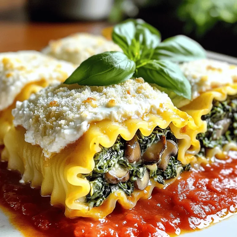 To create the tasty Spinach Mushroom Lasagna Roll Ups, you will need the following ingredients: - 9 lasagna noodles - 2 cups fresh spinach, roughly chopped - 1 cup mushrooms, finely diced - 1 cup ricotta cheese - 1 cup mozzarella cheese, shredded - 1/2 cup Parmesan cheese, finely grated - 1 egg, lightly beaten - 2 cloves garlic, minced - 1 teaspoon Italian seasoning - Salt and pepper to taste - 2 cups marinara sauce - Fresh basil leaves for garnish (optional) Each ingredient plays a key role in making these roll-ups special. The lasagna noodles hold everything together, while the spinach adds color and nutrients. Mushrooms bring a nice, earthy flavor. The cheeses create a creamy filling that melts beautifully. The egg helps bind the filling, giving it a nice texture. Garlic and Italian seasoning add rich flavor, while marinara sauce gives a delicious base. Don’t forget fresh basil for a pop of color and taste! 1. Preheat the Oven: Start by preheating your oven to 375°F (190°C). A hot oven helps the roll-ups cook evenly. 2. Cook the Noodles: In a large pot, boil salted water. Add the lasagna noodles and cook them until they are al dente. This usually takes about 8-10 minutes. After cooking, drain the noodles and rinse them under cold water. This step prevents sticking. 3. Sauté the Vegetables: Heat olive oil in a large skillet over medium heat. Add minced garlic and cook for about 1 minute until fragrant. Then, add diced mushrooms and sauté for around 5 minutes. Once soft, stir in chopped spinach and cook until wilted. Season with Italian seasoning, salt, and pepper. 1. Combine Ricotta and Vegetable Mixture: In a mixing bowl, combine ricotta cheese with half of the shredded mozzarella. Then, add the sautéed vegetable mixture. Stir well to mix. 2. Incorporate Egg and Mozzarella: Next, add the lightly beaten egg into the bowl. Mix until everything is well combined. This mixture will be the filling for your roll-ups. 1. Spread Marinara Sauce in the Baking Dish: Pour a thin layer of marinara sauce along the bottom of a 9x13 inch baking dish. This helps keep the noodles from sticking. 2. Roll Up the Noodles and Arrange in the Dish: Take one cooked noodle and spread about 2-3 tablespoons of the filling on it. Carefully roll the noodle from one end to the other. Place it seam side down in the baking dish. Repeat with the rest of the noodles and filling. 3. Top with Remaining Marinara and Cheeses: Pour the remaining marinara sauce over the rolled noodles. Make sure they are well-covered. Sprinkle the rest of the mozzarella and grated Parmesan cheese on top. 4. Bake to Perfection: Cover the baking dish loosely with aluminum foil. Place it in the oven and bake for 25 minutes. After that, remove the foil and bake for another 10-15 minutes. The cheese should be bubbly and golden. - How to ensure noodles don’t stick To keep your lasagna noodles from sticking, rinse them under cold water after cooking. This cools them quickly and washes off excess starch. For extra safety, add a bit of olive oil to the water before boiling. - Best way to sauté mushrooms and spinach Heat olive oil in a skillet over medium heat. Start with minced garlic for flavor, then add mushrooms. Sauté them for about 5 minutes until soft. Finally, add spinach and cook until it wilts. This keeps the veggies tasty and colorful. - Serving suggestions for a beautiful display For a stunning look, serve your roll-ups on a rustic wooden board. Place a small bowl of marinara sauce beside them for dipping. This adds a fun touch to the meal. - Garnishes that enhance flavor and appearance Add fresh basil leaves on top of the roll-ups. They add color and a burst of flavor. A sprinkle of freshly grated Parmesan also looks great and tastes delicious. {{image_4}} You can change the veggies in this dish for a new taste. Try adding bell peppers or zucchini for a fresh twist. Broccoli or kale also work well and add nutrients. If you want a richer flavor, swap out the ricotta for goat cheese. This cheese adds a tangy kick that pairs nicely with spinach and mushrooms. You can also mix in some feta cheese for a Mediterranean flair. If you need gluten-free options, use gluten-free lasagna noodles. They cook well and keep the dish together. Look for brands that hold up during baking. For a vegan version, replace the ricotta with cashew cream or tofu. You can use nutritional yeast to add a cheesy flavor without dairy. Also, swap the egg for flaxseed meal mixed with water to bind your filling. These swaps keep your meal tasty and satisfying. Store any leftover spinach mushroom lasagna roll-ups in an airtight container. They will last in the fridge for about three to four days. When you are ready to reheat, simply place the roll-ups on a baking dish. Add a splash of marinara sauce to keep them moist. Cover the dish with foil and heat in the oven at 350°F (175°C) until warm. This usually takes about 20 minutes. You can also use the microwave for a quicker option, but the oven helps keep them nice and cheesy. To freeze assembled lasagna roll-ups, place them in a single layer on a baking sheet. Make sure they are not touching each other. Freeze them for about two hours, then transfer to a freezer bag. This method prevents them from sticking together. They can last in the freezer for up to three months. When you are ready to bake from frozen, remove them from the freezer. Place the roll-ups in a baking dish and cover with marinara sauce. Bake at 375°F (190°C) for about 45-50 minutes, or until hot and bubbly. You may need to cover them with foil for the first 30 minutes to keep them from drying out. Can I prepare this dish in advance? Yes, you can prepare these roll-ups ahead of time. Make them up to a day before. Just cover them in the fridge. When you are ready to bake, add a bit more sauce on top and heat them in the oven. What can I serve with Spinach Mushroom Lasagna Roll Ups? These roll-ups pair well with a fresh salad. You can also serve garlic bread for a tasty side. A light soup can make it a full meal too. How do I know when the roll-ups are fully cooked? You will know they are done when the cheese is melted and bubbly. A nice golden top shows they are ready. You can use a fork to check the center for warmth. Why did my lasagna roll-ups fall apart? Roll-ups can fall apart if the noodles are overcooked. Always cook them until they are al dente. Letting them cool slightly before rolling helps too. How to avoid soggy noodles? To avoid soggy noodles, be sure to drain them well after cooking. Rinse them with cold water to stop the cooking process. Using enough sauce on top while baking also helps keep them firm. In this post, we covered how to make tasty Spinach Mushroom Lasagna Roll-Ups. We examined the ingredients, step-by-step preparation, and handy tips for cooking and presentation. Additionally, we explored variations and storage methods to help you enjoy this dish longer. Keep these pointers in mind for your next cooking adventure. This lasagna is easy, fun, and sure to impress. Enjoy your meal!