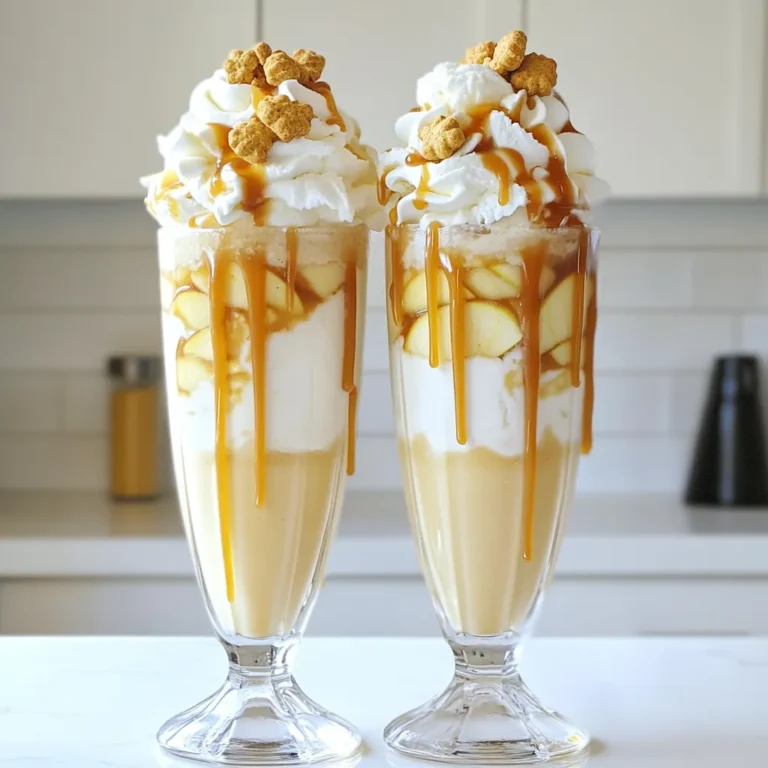 To make a great Caramel Apple Milkshake, you will need simple, tasty ingredients. Here’s the list you will use: - 2 cups creamy vanilla ice cream - 1 cup rich whole milk - 1 medium sweet apple, such as Honeycrisp - 1/4 cup luscious caramel sauce - 1/2 teaspoon ground cinnamon - Whipped cream for topping - Optional: Crushed graham crackers Each ingredient plays a key role. The vanilla ice cream gives a rich base. Whole milk adds creaminess. The sweet apple brings freshness and texture, while the caramel sauce adds that irresistible sweetness. Ground cinnamon gives a warm flavor that ties everything together. Whipped cream on top makes it extra special. If you want a fun crunch, sprinkle crushed graham crackers over the whipped cream. Choosing quality ingredients matters. A fresh, sweet apple like Honeycrisp will make your milkshake taste even better. Use a thick caramel sauce for a rich finish. With these ingredients, you will create a delightful and creamy treat that everyone will love! - Step 1: Prepare the mixing ingredients Start by gathering all your ingredients. You will need 2 cups of creamy vanilla ice cream, 1 cup of rich whole milk, and 1 medium sweet apple, like Honeycrisp. Make sure to core and chop the apple. You’ll also need 1/4 cup of luscious caramel sauce and 1/2 teaspoon of ground cinnamon. - Step 2: Blend the mixture In a high-powered blender, combine the vanilla ice cream, whole milk, chopped apple, caramel sauce, and ground cinnamon. Blend on medium speed until the mixture becomes smooth and creamy. It’s okay to keep some apple chunks for added texture. - Step 3: Adjust sweetness if needed Taste your milkshake. If you want it sweeter, add more caramel sauce. Blend briefly to mix in the extra sweetness. - Step 4: Pour into serving glasses Carefully pour the milkshake mixture into two tall glasses. Leave about an inch of space at the top for the whipped cream. - Step 5: Add toppings and garnish Top each milkshake with a generous swirl of whipped cream. Drizzle extra caramel sauce over the top for a rich finish. If you want an added crunch, sprinkle crushed graham crackers over the whipped cream before serving. Enjoy this delightful treat! To boost the flavor of your milkshake, try adding more caramel. It makes each sip even sweeter. You can also mix in a pinch of sea salt. This salt brings out the caramel's sweetness. As for apples, I recommend using Honeycrisp. They are sweet and crunchy, perfect for a milkshake. Fuji apples also work well. Their natural sweetness adds to the overall flavor. For a creamy milkshake, blend the ice cream and milk on medium speed. This method gives you a smooth texture. Keep some apple chunks for fun bites in every sip. If you blend too much, you can lose that crunch. Just blend until the mixture is smooth but still has pieces of apple. For serving, tall glasses are the best choice. They show off the layers of your milkshake. You can use mason jars for a fun twist. Top the shake with a generous swirl of whipped cream. Drizzle extra caramel sauce on top for a sweet finish. If you want extra crunch, sprinkle crushed graham crackers over the whipped cream. It adds a nice texture and looks great too! {{image_4}} You can easily make a vegan version of this milkshake. Start by using dairy-free ice cream. Look for options made from coconut or almond milk. Instead of whole milk, use almond milk or oat milk. These swaps keep the creamy texture you love. Use vegan caramel sauce, which you can find in stores or make at home. This way, you still enjoy that sweet caramel flavor without animal products. Want a healthier milkshake? Try using low-calorie ice cream. Look for brands that use stevia or monk fruit as sweeteners. These choices cut down sugar without losing taste. You can also use unsweetened almond milk or skim milk. If you want to sweeten it naturally, try adding a ripe banana. This adds creaminess and sweetness without extra calories. You can bring the taste of fall into your milkshake. Add pumpkin spice or cinnamon for a cozy flavor. A pinch of nutmeg works well, too. Mix these spices in with your other ingredients. This simple change makes your milkshake feel festive and warm. It’s perfect for those chilly autumn nights! To keep your caramel apple milkshake fresh, store it in the fridge. Pour any leftover milkshake into a clean, airtight container. This helps to prevent air from getting in and keeps it tasty. It is best to consume stored milkshake within 24 hours for the best flavor. If you notice any separation, just give it a quick stir before enjoying it again. Freezing milkshakes is a great way to save them for later. To freeze, pour the milkshake into ice cube trays. Once frozen, transfer the cubes to a freezer-safe bag. This way, you can blend a few cubes with milk later to create a quick treat. When you want a milkshake, just blend the frozen cubes with a splash of milk until smooth. Enjoy a refreshing drink anytime! For milkshakes, I love using sweet apples. Honeycrisp apples work great. They add natural sweetness and a crisp texture. Tart apples can also shine, but they may change the flavor. If you prefer a tangy taste, try Granny Smith apples. Balance is key, so pick what you like. Mixing sweet and tart can give a fun twist to your milkshake. Yes, you can prepare some parts ahead of time. Chop the apples and store them in water with lemon juice. This stops them from browning. You can also mix the ice cream, milk, and caramel sauce early. Keep it in the fridge for later use. Just blend everything fresh before serving. This keeps the milkshake creamy and delightful. To make your milkshake thicker, use less milk. Start with half a cup and adjust later. You can also add more ice cream for creaminess. Another trick is to blend on low speed. This keeps some apple chunks intact. If you want it even thicker, freeze the milkshake for a bit before serving. Enjoy experimenting until you find your perfect thickness! In this post, I shared how to make a delicious caramel apple milkshake. We covered the main ingredients, step-by-step instructions, helpful tips, and tasty variations. You learned how to enhance flavors and achieve a creamy texture. Use the storage tips to keep your leftovers fresh. Remember, you can get creative with toppings and flavors. Whether you stick to the classic or try a new twist, enjoy every sip of your milkshake. This treat is sure to please anyone who loves sweet flavors and fun textures.