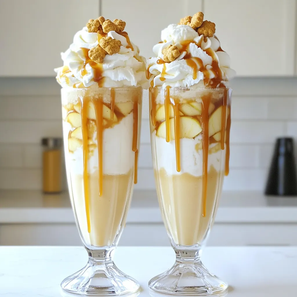 To make a great Caramel Apple Milkshake, you will need simple, tasty ingredients. Here’s the list you will use: - 2 cups creamy vanilla ice cream - 1 cup rich whole milk - 1 medium sweet apple, such as Honeycrisp - 1/4 cup luscious caramel sauce - 1/2 teaspoon ground cinnamon - Whipped cream for topping - Optional: Crushed graham crackers Each ingredient plays a key role. The vanilla ice cream gives a rich base. Whole milk adds creaminess. The sweet apple brings freshness and texture, while the caramel sauce adds that irresistible sweetness. Ground cinnamon gives a warm flavor that ties everything together. Whipped cream on top makes it extra special. If you want a fun crunch, sprinkle crushed graham crackers over the whipped cream. Choosing quality ingredients matters. A fresh, sweet apple like Honeycrisp will make your milkshake taste even better. Use a thick caramel sauce for a rich finish. With these ingredients, you will create a delightful and creamy treat that everyone will love! - Step 1: Prepare the mixing ingredients Start by gathering all your ingredients. You will need 2 cups of creamy vanilla ice cream, 1 cup of rich whole milk, and 1 medium sweet apple, like Honeycrisp. Make sure to core and chop the apple. You’ll also need 1/4 cup of luscious caramel sauce and 1/2 teaspoon of ground cinnamon. - Step 2: Blend the mixture In a high-powered blender, combine the vanilla ice cream, whole milk, chopped apple, caramel sauce, and ground cinnamon. Blend on medium speed until the mixture becomes smooth and creamy. It’s okay to keep some apple chunks for added texture. - Step 3: Adjust sweetness if needed Taste your milkshake. If you want it sweeter, add more caramel sauce. Blend briefly to mix in the extra sweetness. - Step 4: Pour into serving glasses Carefully pour the milkshake mixture into two tall glasses. Leave about an inch of space at the top for the whipped cream. - Step 5: Add toppings and garnish Top each milkshake with a generous swirl of whipped cream. Drizzle extra caramel sauce over the top for a rich finish. If you want an added crunch, sprinkle crushed graham crackers over the whipped cream before serving. Enjoy this delightful treat! To boost the flavor of your milkshake, try adding more caramel. It makes each sip even sweeter. You can also mix in a pinch of sea salt. This salt brings out the caramel's sweetness. As for apples, I recommend using Honeycrisp. They are sweet and crunchy, perfect for a milkshake. Fuji apples also work well. Their natural sweetness adds to the overall flavor. For a creamy milkshake, blend the ice cream and milk on medium speed. This method gives you a smooth texture. Keep some apple chunks for fun bites in every sip. If you blend too much, you can lose that crunch. Just blend until the mixture is smooth but still has pieces of apple. For serving, tall glasses are the best choice. They show off the layers of your milkshake. You can use mason jars for a fun twist. Top the shake with a generous swirl of whipped cream. Drizzle extra caramel sauce on top for a sweet finish. If you want extra crunch, sprinkle crushed graham crackers over the whipped cream. It adds a nice texture and looks great too! {{image_4}} You can easily make a vegan version of this milkshake. Start by using dairy-free ice cream. Look for options made from coconut or almond milk. Instead of whole milk, use almond milk or oat milk. These swaps keep the creamy texture you love. Use vegan caramel sauce, which you can find in stores or make at home. This way, you still enjoy that sweet caramel flavor without animal products. Want a healthier milkshake? Try using low-calorie ice cream. Look for brands that use stevia or monk fruit as sweeteners. These choices cut down sugar without losing taste. You can also use unsweetened almond milk or skim milk. If you want to sweeten it naturally, try adding a ripe banana. This adds creaminess and sweetness without extra calories. You can bring the taste of fall into your milkshake. Add pumpkin spice or cinnamon for a cozy flavor. A pinch of nutmeg works well, too. Mix these spices in with your other ingredients. This simple change makes your milkshake feel festive and warm. It’s perfect for those chilly autumn nights! To keep your caramel apple milkshake fresh, store it in the fridge. Pour any leftover milkshake into a clean, airtight container. This helps to prevent air from getting in and keeps it tasty. It is best to consume stored milkshake within 24 hours for the best flavor. If you notice any separation, just give it a quick stir before enjoying it again. Freezing milkshakes is a great way to save them for later. To freeze, pour the milkshake into ice cube trays. Once frozen, transfer the cubes to a freezer-safe bag. This way, you can blend a few cubes with milk later to create a quick treat. When you want a milkshake, just blend the frozen cubes with a splash of milk until smooth. Enjoy a refreshing drink anytime! For milkshakes, I love using sweet apples. Honeycrisp apples work great. They add natural sweetness and a crisp texture. Tart apples can also shine, but they may change the flavor. If you prefer a tangy taste, try Granny Smith apples. Balance is key, so pick what you like. Mixing sweet and tart can give a fun twist to your milkshake. Yes, you can prepare some parts ahead of time. Chop the apples and store them in water with lemon juice. This stops them from browning. You can also mix the ice cream, milk, and caramel sauce early. Keep it in the fridge for later use. Just blend everything fresh before serving. This keeps the milkshake creamy and delightful. To make your milkshake thicker, use less milk. Start with half a cup and adjust later. You can also add more ice cream for creaminess. Another trick is to blend on low speed. This keeps some apple chunks intact. If you want it even thicker, freeze the milkshake for a bit before serving. Enjoy experimenting until you find your perfect thickness! In this post, I shared how to make a delicious caramel apple milkshake. We covered the main ingredients, step-by-step instructions, helpful tips, and tasty variations. You learned how to enhance flavors and achieve a creamy texture. Use the storage tips to keep your leftovers fresh. Remember, you can get creative with toppings and flavors. Whether you stick to the classic or try a new twist, enjoy every sip of your milkshake. This treat is sure to please anyone who loves sweet flavors and fun textures.