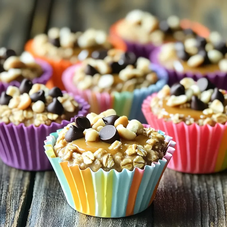 - 1 cup rolled oats - 1/2 cup natural peanut butter - 1/4 cup honey or maple syrup - 1/4 cup mini chocolate chips - 1/4 cup chopped nuts (almonds or walnuts) - 1/2 teaspoon vanilla extract - A pinch of salt Gathering the right ingredients is key for no-bake peanut butter oatmeal cups. Start with rolled oats. They give a nice texture and help bind the cups. Natural peanut butter is best. It adds creaminess and flavor. Honey or maple syrup serves as a sweetener. Use whichever you prefer. Next, mini chocolate chips bring a sweet surprise. Chopped nuts like almonds or walnuts add crunch. Don’t forget the vanilla extract! It boosts the flavor. Finally, a pinch of salt enhances the taste. - Calories per serving: Approximately 120 - Breakdown of macronutrients: - Protein: 4g - Carbohydrates: 13g - Fats: 6g Each serving has about 120 calories. They offer a good balance of protein, carbs, and healthy fats. This makes them a great snack or treat. Plus, they are packed with energy! Enjoy them as a quick pick-me-up. Mixing the dry ingredients Start by taking a large mixing bowl. Add 1 cup of rolled oats and a pinch of salt. Stir these together well. This helps the salt blend into the oats. Melting the peanut butter and honey Next, grab a microwave-safe bowl. Combine 1/2 cup of natural peanut butter and 1/4 cup of honey (or maple syrup). Microwave this mixture for 20 to 30 seconds. Check it often to avoid overheating. Stir it until smooth and creamy. Incorporating the peanut butter mixture with oats Pour the smooth peanut butter mixture into the bowl with oats. Use a spatula to mix them together. Make sure all the oats are coated well with the peanut butter mixture. Folding in chocolate chips and nuts Now, gently fold in 1/4 cup of mini chocolate chips and 1/4 cup of chopped nuts. Mix until everything is evenly distributed. This adds texture and flavor to your cups. Filling the muffin tin with the mixture Line a muffin tin with cupcake liners. Evenly scoop the oat mixture into each liner. Press down firmly to shape them nicely. This ensures they hold their form. Refrigeration time and tips Place the muffin tin in the fridge. Let the cups chill for at least 30 minutes. This helps them firm up. Once set, carefully remove them from the tin. Enjoy your tasty no-bake oatmeal cups! To get the right texture, make sure to mix the oats and peanut butter well. If the mix is too dry, add a splash of milk to help it stick. For sweeteners, honey gives a nice flavor, but maple syrup works too. Each sweetener changes the taste slightly, so try both! For a fun presentation, place the oatmeal cups on a bright plate. Add a drizzle of honey over the top and a sprinkle of nuts or chocolate chips. This makes them look fancy! Pair these cups with a cold glass of milk or a warm cup of tea for a nice treat. If you need to change things up, you can swap the peanut butter for almond or sunflower butter. This is great for allergies! You can also add chocolate chips, coconut flakes, or dried fruit to make new flavors. Mix and match to find your favorite combination! {{image_4}} For those who need gluten-free options, you can use certified gluten-free oats. This choice ensures that you avoid any cross-contamination. It’s an easy switch that keeps your treat safe and tasty. If you want to make these cups vegan, swap honey for maple syrup. Use plant-based chocolate chips to keep everything vegan-friendly. These small changes help everyone enjoy these yummy treats. To add a twist, try adding spices like cinnamon or nutmeg. A dash of cinnamon can bring warmth, while nutmeg adds a hint of spice. Experiment with these to find what you like best. You can also use different nut butters. Almond butter or cashew butter works well. Each nut butter adds its unique flavor, making your cups exciting each time you make them. Mixing in dried fruits or seeds can enhance your oatmeal cups. Consider adding raisins, cranberries, or sunflower seeds. Each adds a different texture and nutritional boost to the cups. If you love chocolate, try using dark chocolate chips or chunks. You can also mix nuts like pecans or hazelnuts for extra crunch. These additions make the cups even more delicious and satisfying. To keep your no-bake peanut butter oatmeal cups fresh, store them in the fridge. Place the cups in an airtight container. This helps keep them moist and tasty. If you have a muffin tin, you can cover it with plastic wrap too. Make sure to separate layers with parchment paper to avoid sticking. You can freeze the oatmeal cups for longer storage. First, wrap each cup in plastic wrap. Place the wrapped cups in a freezer-safe bag. This keeps them fresh for about three months. When you want to eat them, take out the cups and let them thaw in the fridge overnight. You can also leave them at room temperature for about an hour before serving. In the fridge, these oatmeal cups last about one week. If you freeze them, they can stay good for up to three months. Just remember to check for any signs of freezer burn before eating. Enjoy your tasty treats knowing they stay fresh and flavorful! If you need a nut-free option, try sunbutter. Sunbutter comes from sunflower seeds. It has a similar taste and texture. You can also use soy nut butter or pumpkin seed butter. These give great flavor and are safe for nut allergies. Yes, you can skip the honey. Maple syrup works well too. You might also try agave nectar or brown rice syrup. These natural sweeteners will keep your cups tasty and sweet. Absolutely! These oatmeal cups are great for kids. They have healthy oats, healthy fats from peanut butter, and a bit of sweetness. The mix of ingredients offers energy and nutrition. Plus, kids love the chocolate chips! Making oatmeal cups is simple and fun. You use rolled oats, peanut butter, honey, and add chocolate chips and nuts. These ingredients create a tasty treat that’s good for you. In this post, I shared how to mix everything, mold them, and chill. You learned tips for the right texture and delicious serving ideas. You can tweak recipes for diets or flavors. Now, you can enjoy these cups fresh or store them for later. They are quick to make and perfect for snacks. Happy cooking!