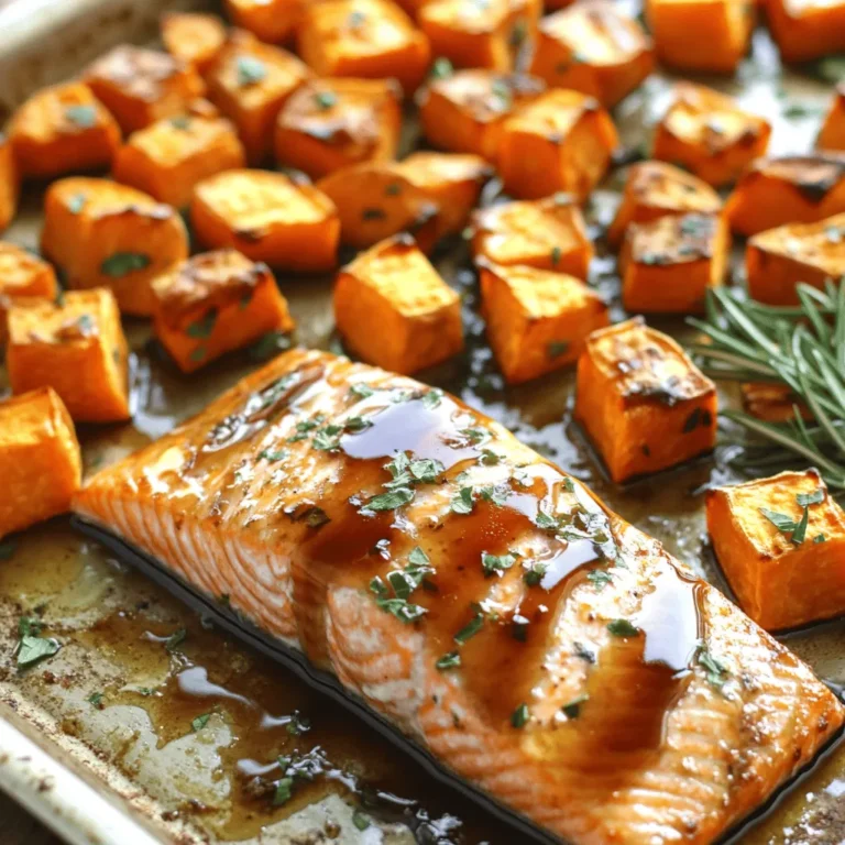 - 4 salmon fillets - 2 medium sweet potatoes, peeled and cut into 1-inch cubes - 1/4 cup pure maple syrup - 2 tablespoons Dijon mustard - 2 tablespoons olive oil - 1 teaspoon garlic powder - 1 teaspoon smoked paprika - Salt and freshly ground black pepper, to taste - 1 tablespoon fresh rosemary, finely chopped (or 1 teaspoon dried) - 1 tablespoon fresh parsley, roughly chopped (for garnish) This dish is packed with nutrients. Salmon is high in omega-3 fatty acids. Sweet potatoes offer fiber and vitamins A and C. A serving has around 350 calories. Each serving provides a good source of protein and healthy fats. It is also low in carbs, making it a great choice for balanced meals. You can swap out salmon for other fish like trout or tilapia. If you prefer a vegetarian option, try tofu or tempeh. For sweet potatoes, butternut squash works well. Maple syrup can be replaced with honey for a different sweetness. Use your favorite herbs if you don’t have fresh rosemary. 1. Preheat your oven to 425°F (220°C). This high heat helps caramelize the sweet potatoes. 2. Line a large sheet pan with parchment paper. This makes cleanup easy later. 3. In a big bowl, whisk together: - 1/4 cup pure maple syrup - 2 tablespoons Dijon mustard - 2 tablespoons olive oil - 1 teaspoon garlic powder - 1 teaspoon smoked paprika - Salt and black pepper to taste 4. Mix until all the ingredients blend into a smooth glaze. 5. Add 2 medium sweet potatoes, cut into 1-inch cubes, to the bowl. 6. Stir well to coat each sweet potato piece with the glaze. 7. Spread the sweet potatoes out on one side of the sheet pan in a single layer. 1. Place 4 salmon fillets on the uncoated half of the sheet pan. 2. Brush the salmon fillets generously with the remaining glaze. 3. Sprinkle 1 tablespoon fresh rosemary on top of the salmon for flavor. 4. Put the sheet pan in the oven and bake for 20-25 minutes. 5. Check if the salmon is opaque and flakes easily with a fork. 6. Ensure the sweet potatoes are tender and caramelized. 7. Remove the pan from the oven and let it rest for a few minutes. 8. Drizzle any leftover glaze over the salmon and sweet potatoes before serving. - For salmon, it should be opaque and flake easily when done. - Sweet potatoes are ready when they are soft and have a golden color. - If you want, use a meat thermometer. Salmon should reach 145°F (63°C). To cook salmon well, start with fresh fillets. Look for vibrant color and no fishy smell. Always let the salmon come to room temp for even cooking. When seasoning, use salt and pepper just before cooking. This helps keep the salmon moist. Cook skin-side down for a crispy texture. Bake at 425°F (220°C) for 20-25 minutes. The fish is done when it flakes with a fork. For sweet potatoes, cut them into even 1-inch cubes. This ensures they cook evenly. Toss them in the glaze well to coat every piece. Spread them out on the pan, leaving space. This allows for caramelization. If you want them crispy, bake them longer. Check for tenderness with a fork. The cubes should be golden and soft when done. You can change the glaze for different flavors. Add a touch of soy sauce for a savory kick. For heat, mix in some chili flakes. If you prefer a sweeter taste, add more maple syrup. For a citrus twist, squeeze in fresh lemon juice. Feel free to experiment! It's fun to find your perfect glaze blend. {{image_4}} You can change the flavors of the glaze. Try using honey instead of maple syrup. Honey gives a nice sweetness. You can also mix in soy sauce for a savory touch. A splash of orange juice adds a bright, fresh flavor. If you want a spicy kick, use sriracha or chili paste. These swaps keep the dish exciting and new. Feel free to add more veggies to your sheet pan. Carrots, bell peppers, or broccoli work well. Cut them into similar sizes as the sweet potatoes. This helps them cook evenly. You can also use Brussels sprouts for a hearty crunch. Just toss them in the same glaze for a tasty side. You can boost the flavors even more. Add fresh garlic for a strong aroma. A squeeze of lemon juice just before serving brightens the dish. If you love herbs, consider dill or thyme instead of rosemary. They change the flavor profile while keeping it fresh. A sprinkle of red pepper flakes also adds heat. These easy changes keep your meal delicious and fun. After cooking, let the maple glazed salmon and sweet potatoes cool. Store them in an airtight container. They will stay fresh for up to three days in the fridge. Keep the salmon and sweet potatoes together for easy meals. If you have leftover glaze, store it separately in a small jar. To freeze, wrap each salmon fillet and sweet potato cube in plastic wrap. Place them in a freezer bag or container. They will last up to three months in the freezer. Label the bags with the date for easy tracking. When you're ready to eat, simply thaw them overnight in the fridge. To reheat, preheat your oven to 350°F (175°C). Place the salmon and sweet potatoes on a baking sheet. Cover with foil to keep them moist. Heat for about 15-20 minutes or until warmed through. You can also use a microwave for quick reheating. Just heat in short bursts to avoid overcooking. You can tell when salmon is done by checking its color and texture. The fish should be opaque and flake easily with a fork. This usually takes about 20-25 minutes at 425°F. If you have a meat thermometer, the internal temperature should reach 145°F. Yes, you can use frozen salmon. Just make sure to thaw it before cooking. You can leave it in the fridge overnight or run it under cold water for a quicker method. Frozen salmon may need a few extra minutes in the oven, so keep an eye on it. Maple glazed salmon pairs well with many sides. You can serve it with roasted vegetables or a fresh salad. Sweet potatoes are a great choice because they complement the glaze. Quinoa or rice also works well for a filling meal. To make the glaze thicker, you can simmer it on low heat. Pour the glaze into a small pot and cook it until it reduces. This will concentrate the flavors and give it a nice, thick texture. You can also add a bit of cornstarch mixed with water for a quick thickener. This blog post covered the key ingredients, cooking steps, and helpful tips for making maple glazed salmon. You learned about nutritional values and how to store leftovers effectively. Remember, variations can keep your meals exciting. Use different marinades or add fresh veggies to change flavors. Cooking can be simple and delicious. With these steps and tricks, you can enjoy a tasty meal in no time. Keep experimenting, and happy cooking!
