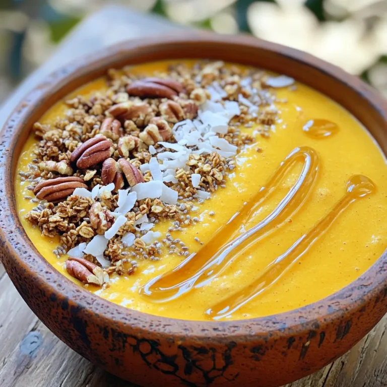 Here’s what you need for a tasty Pumpkin Pie Smoothie Bowl: - 1 cup canned pumpkin puree - 1 frozen banana - 1/2 cup almond milk - 1/2 cup Greek yogurt - 1 tablespoon maple syrup - 1 teaspoon ground cinnamon - 1/2 teaspoon ground nutmeg - 1/4 teaspoon ground ginger - Pinch of salt - Granola - Chopped pecans - Unsweetened coconut flakes - Drizzle of honey Each ingredient adds a unique flavor. Canned pumpkin puree makes it creamy and rich. The frozen banana adds natural sweetness and a silky texture. Almond milk keeps it light, while Greek yogurt gives it a protein boost. Spices like cinnamon, nutmeg, and ginger give that classic pumpkin pie taste. The pinch of salt brings out all the flavors. For toppings, granola adds crunch, and pecans give a nutty touch. Coconut flakes add a tropical vibe. A honey drizzle can sweeten it up more, if you like. This blend of ingredients makes your smoothie bowl vibrant and full of flavor. Enjoy mixing these together for a delightful treat! - Start by adding these ingredients to your blender: - 1 cup canned pumpkin puree - 1 frozen banana - 1/2 cup almond milk - 1/2 cup Greek yogurt - 1 tablespoon maple syrup - 1 teaspoon ground cinnamon - 1/2 teaspoon ground nutmeg - 1/4 teaspoon ground ginger - A pinch of salt - Blend the mixture until it is smooth and creamy. You want a nice texture. - If the blend is too thick, add a splash of almond milk. Blend again until smooth. - Once ready, pour the mixture into a bowl. - Now, it’s time to make it pretty! Arrange your toppings on the smoothie. - Use granola, chopped pecans, and unsweetened coconut flakes for a nice crunch. - If you want extra sweetness, add a drizzle of honey on top. Enjoy making this delightful Pumpkin Pie Smoothie Bowl! You can change the sweetness of your smoothie bowl. Use more or less maple syrup. Start with one tablespoon. Taste it, then add more if you want it sweeter. This lets you control how sweet it is. If you want a dairy-free option, try coconut yogurt instead of Greek yogurt. It tastes great and keeps the bowl creamy. You can also use almond milk, soy milk, or oat milk for a different flavor. To adjust the thickness of your smoothie, add a splash of almond milk. If it seems too thick, blend in more milk until it’s just right. If you want it thicker, add more frozen banana or pumpkin puree. For a pretty look, arrange your toppings in a fun way. Use granola, chopped pecans, and coconut flakes. Place them in small piles or make a pattern. This makes your bowl look fresh and inviting. To give your smoothie bowl an Instagram-worthy look, drizzle honey on top last. This adds shine and a touch of sweetness. You can also sprinkle some cinnamon for extra flair. Just a few simple touches can make your bowl pop! {{image_4}} You can mix things up with your Pumpkin Pie Smoothie Bowl. One fun idea is to add chocolate or vanilla extract. A teaspoon of vanilla gives a nice sweet touch. If you love chocolate, try adding cocoa powder. It adds richness and rounds out the flavors. You can also use different spices. Allspice brings warmth, while cardamom adds a unique twist. Experimenting with these spices can change your bowl's taste, making it exciting each time. Not everyone has the same ingredients at home. You can easily swap some items for what you have. For milk, try oat milk, soy milk, or coconut milk. Each type brings its own flavor and creaminess. Instead of canned pumpkin, use fresh pumpkin. Just cook and puree it until smooth. Fresh pumpkin can add a vibrant taste and extra nutrients. These swaps keep your smoothie bowl fresh and fun! To store leftovers, place the smoothie in an airtight container. This keeps it fresh. Refrigerate the container for up to two days. If you want to keep it longer, use freezing. Always check for any odd smells before eating. For the best flavor, store the toppings separately. Granola or nuts can get soggy. Keep them in small, sealed bags. This way, they stay crunchy and tasty. If you have extra canned pumpkin, store it in a sealed jar. Use it within a week for the best taste. To freeze the smoothie bowl mixture, pour it into a freezer-safe container. Leave space at the top for expansion. Seal it tightly and label the date. This keeps it fresh for about one month. When you’re ready to eat, take it out and thaw overnight in the fridge. For a faster method, place it in a bowl of warm water. Once thawed, stir well to mix the flavors. If it’s too thick after thawing, add a splash of almond milk. Blend again for a smooth texture. Enjoy your pumpkin pie smoothie bowl any time! Yes, you can easily make this smoothie bowl vegan. Just use almond milk and coconut yogurt. These choices keep the taste great without dairy. You can also swap the maple syrup for another sweetener if you prefer. To thicken your smoothie bowl, add more frozen banana. You can also use less almond milk. If you want a creamier texture, try using a bit more Greek yogurt or a thicker dairy-free yogurt. The best toppings are fun and tasty. Try adding granola for crunch, chopped pecans for a nutty flavor, and coconut flakes for sweetness. You can also drizzle honey on top for extra sweetness if you like it. The pumpkin pie smoothie lasts about two days in the fridge. Keep it in a sealed container to stay fresh. When you’re ready to eat, just stir it up and enjoy! This blog covers an easy pumpkin pie smoothie bowl recipe. You learned about simple ingredients, step-by-step instructions, and ways to customize your bowl. I shared tips for presentation and storage, along with some flavor variations and substitutions. Try this recipe for a tasty treat that’s healthy too. Enjoy your smoothie bowl and make it your own!