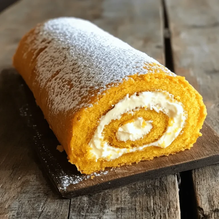To make the Pumpkin Spice Cream Cheese Roll Cake, gather these main ingredients: - 1 cup all-purpose flour - 1 teaspoon baking powder - 1 teaspoon baking soda - 1 teaspoon ground cinnamon - 1/2 teaspoon ground nutmeg - 1/2 teaspoon ground ginger - 1/4 teaspoon salt - 3 large eggs - 1 cup granulated sugar - 2/3 cup canned pumpkin puree - 1 teaspoon vanilla extract - Powdered sugar for dusting These ingredients create a moist and flavorful cake base. The spices provide warmth and depth, making it perfect for fall. Now, let's prepare the cream cheese filling. You will need: - 8 oz cream cheese, softened - 1/4 cup unsalted butter, softened - 1 cup powdered sugar - 1 teaspoon vanilla extract - 1 tablespoon milk (add more as needed) This filling adds a rich and creamy layer to the cake. It balances the spices with its sweet, smooth texture. For optional toppings, consider adding: - Extra powdered sugar for dusting - A sprinkle of cinnamon - A dollop of whipped cream These toppings enhance the look and taste. They add a touch of elegance and flavor to each slice. Enjoy making your cake! First, set your oven to 375°F (190°C). This step is key for a perfect bake. Next, grab a 15x10 inch jelly roll pan. Line it with parchment paper and spray it lightly with cooking spray. This will help the cake come out easily later. In a medium bowl, whisk together the dry ingredients. You will need: - 1 cup all-purpose flour - 1 teaspoon baking powder - 1 teaspoon baking soda - 1 teaspoon ground cinnamon - 1/2 teaspoon ground nutmeg - 1/2 teaspoon ground ginger - 1/4 teaspoon salt Mix them well until they are fully combined. Once mixed, set this bowl aside for later. In a large bowl, beat 3 large eggs and 1 cup of granulated sugar with an electric mixer. Mix on medium speed for about 3 to 5 minutes. The mixture should be light and fluffy. Now, add 2/3 cup of canned pumpkin puree and 1 teaspoon of vanilla extract. Mix until everything is smooth. Slowly fold the dry mixture into the pumpkin mixture using a spatula. Be careful not to overmix. Pour this batter into the prepared pan. Spread it evenly with your spatula. Place the pan in the oven and bake for 15 to 20 minutes. The cake should spring back when lightly touched and look golden around the edges. Once baked, take the cake out and flip it onto a clean kitchen towel dusted with powdered sugar. Carefully peel off the parchment paper. While the cake is still warm, start rolling it up in the towel from one of the short ends. This helps the cake keep its shape. Let it cool in the towel for about an hour. In a mixing bowl, beat 8 oz of softened cream cheese and 1/4 cup of softened unsalted butter until smooth. Gradually add in 1 cup of powdered sugar, mixing well. Then, add 1 teaspoon of vanilla extract and 1 tablespoon of milk. Keep beating until you reach a creamy filling. If the filling is too thick, add more milk as needed. After the cake has cooled, gently unroll it from the towel. Spread the cream cheese filling evenly on the cake, leaving a small space around the edges. Finally, re-roll the cake without the towel and place it seam-side down on a serving platter. Dust the top with powdered sugar before slicing. Enjoy each bite of this delightful treat! Rolling the cake correctly is key to a great pumpkin spice cream cheese roll. Use a clean kitchen towel dusted with powdered sugar. This helps prevent sticking. When the cake comes out of the oven, flip it onto the towel right away. Start rolling from one short end while the cake is still warm. This keeps the cake shape. Let it cool in the towel for about an hour. To avoid cracks, don’t skip the cooling step. Rolling the warm cake helps it stay flexible. If your cake cracks, don’t worry. You can hide cracks with the cream cheese filling. Just spread it well across the surface. A thicker layer can cover small cracks easily. Presentation makes your cake shine! Slice the roll into neat pieces. Serve on pretty dessert plates. Dust the top with more powdered sugar for a sweet touch. A sprinkle of cinnamon or a dollop of whipped cream adds color and flavor. You can also add a few pecans or walnuts for crunch. These small details make your cake look and taste amazing! {{image_4}} You can make a gluten-free version of this cake. Simply swap the all-purpose flour with a gluten-free blend. Make sure the blend has xanthan gum for the best texture. This change keeps the cake soft and moist. While the cream cheese filling is amazing, you can try other flavors. For a chocolate twist, use cocoa powder in the filling. You can also mix in crushed nuts or dried fruit. For a fruity flavor, add some puree or zest from citrus fruits. Each option gives the cake a unique taste. Toppings can make your cake even more fun! Try adding a drizzle of caramel or chocolate sauce. You can also top it with fresh whipped cream. For a fall touch, sprinkle chopped pecans or walnuts. A dash of cinnamon on top adds extra flavor and looks great, too! To store leftover cake, wrap it tightly in plastic wrap. Make sure it’s sealed well to keep air out. You can also use an airtight container if you prefer. This helps keep the cake moist and fresh. Store it in the fridge for best results. You can freeze this cake for later. First, let the cake cool completely. Then, wrap it in plastic wrap and foil to prevent freezer burn. Place it in a freezer-safe bag or container. This way, it stays fresh for up to three months. When you’re ready to eat it, thaw it in the fridge overnight. The cake lasts about 3 to 5 days in the fridge. After that, it may start to dry out. If you freeze it, it can last for up to three months. Always check for any signs of spoilage before eating. Enjoy your pumpkin spice cream cheese roll cake at its best! Yes, you can use fresh pumpkin. Start by carving and peeling a pumpkin. Cut it into chunks and steam or roast until soft. Then mash the pumpkin until smooth. Use this fresh puree in the same amount as canned pumpkin. It may add a bit more moisture, so watch the batter's consistency. Fresh pumpkin has a lively flavor that can enhance your cake. If you want a different filling, you can use mascarpone cheese. It has a rich, creamy texture. You can also use Greek yogurt for a lighter option. Just make sure to drain any excess liquid. Other choices include silken tofu for a dairy-free filling or a nut-based cream cheese. Adjust the sugar to balance the flavors. If your cake cracks, don’t worry! You can still fix it. First, try to roll it gently. Use a clean towel to help. If it cracks, use cream cheese filling to patch it up. Spread a little over the crack and roll it back. This way, the filling hides the crack. Remember, small cracks can add character to your dessert! This blog post covered all you need for a delicious Pumpkin Spice Cream Cheese Roll Cake. We explored main ingredients, step-by-step instructions, tips for success, creative variations, and storage advice. Remember, baking is fun and simple with the right guidance. Apply these tips, and enjoy your tasty treat with friends and family. Don’t hesitate to experiment with flavors and toppings. Happy baking!