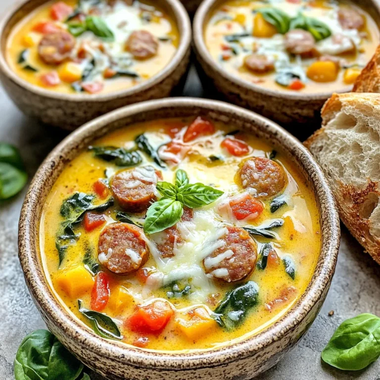 - 1 pound Italian sausage (choose sweet or spicy) - 1 medium onion, diced - 3 cloves garlic, minced - 4 cups chicken broth - 1 can (14.5 oz) diced tomatoes (with juices) - 1 cup baby spinach, roughly chopped - 1 cup heavy cream - 2 carrots, sliced - 2 celery stalks, diced The main ingredients form the base of your soup. The Italian sausage adds rich flavor. Onions and garlic give a sweet and savory kick. The chicken broth and diced tomatoes create a hearty liquid. Carrots and celery add crunch and color. Finally, the spinach and heavy cream turn the soup creamy. - 1 teaspoon dried oregano - 1 teaspoon dried basil - Salt and pepper to taste Herbs and seasonings elevate your soup. Oregano and basil give it that Italian flair. Salt and pepper help bring out the flavors. Adjust these to suit your taste. - 1 cup shredded Parmesan cheese Parmesan cheese adds a nice touch. It melts into the soup, making it creamy and rich. This cheese also enhances the savory notes. You can add more if you love cheese. Enjoy the mix of flavors and textures in this delicious soup. It’s a cozy meal that warms you up! To start, heat a large skillet over medium heat. Add the Italian sausage and cook it. Use a wooden spoon to break it apart. Cook until it turns brown, about 5 to 7 minutes. This step adds great flavor. After browning, drain any extra fat. Transfer the sausage to your slow cooker. Now, it’s time to layer your ingredients. First, add the browned sausage to the slow cooker. Next, toss in the diced onion and minced garlic. Then, add the sliced carrots and diced celery. These veggies bring color and nutrition. Finally, pour the chicken broth over everything. Include the can of diced tomatoes, juices and all. Stir to mix. Cover the slow cooker with its lid. You can choose to cook on low for 6 to 7 hours. This makes the soup rich and tasty. If you're short on time, set it to high for 3 to 4 hours. Both options work well, but low heat gives better flavor. About 30 minutes before serving, it's time for the finishing touches. Stir in the chopped spinach and heavy cream. This makes the soup creamy and vibrant. Mix well to combine all flavors. Cover and let it cook for 30 more minutes. Right before serving, add the shredded Parmesan cheese. Stir until it melts into the soup. Taste and adjust with salt and pepper if needed. To boost flavor, consider adding white wine. Just a splash can make a big difference. You can also toss in a bay leaf while cooking. This adds depth to the soup. After cooking, remove the bay leaf before serving. If you like heat, add red pepper flakes for a spicy kick. Fresh herbs like basil or parsley can enhance the dish's aroma and taste. Don't skip tasting as you go. Adjust salt and pepper to suit your preferences. For a beautiful presentation, ladle the soup into bowls. Top each bowl with extra Parmesan cheese. A sprinkle of fresh basil or parsley adds color. You can also serve this soup with crusty bread. This combination creates a hearty meal. A simple side salad pairs nicely too. It balances the flavors and adds freshness. Watch out for overcooking the soup. If you cook it too long, the vegetables can turn mushy. Stir the soup gently to keep the veggies intact. Don't forget to drain excess fat from the sausage. This keeps the soup creamy, not greasy. Lastly, remember to check the seasoning before serving. This step ensures the flavors shine bright. {{image_4}} You can change the sausage for turkey or chicken sausage. This keeps the soup light but tasty. If you don’t have chicken broth, vegetable broth works well too. You can even use water, but add more herbs for flavor. If you need a gluten-free soup, use gluten-free sausage. Check the broth too, as some brands add gluten. For a dairy-free soup, swap heavy cream for coconut milk. This adds a sweet touch and keeps it creamy. Do you like heat? Choose spicy Italian sausage for a kick. You can also add red pepper flakes if you want. For a milder soup, stick with sweet sausage. Adding fresh herbs like basil or parsley can brighten the dish. Try rosemary or thyme for a different twist. To store leftovers of your soup, let it cool first. Divide the soup into airtight containers. This helps keep it fresh. Store it in the fridge for up to three days. When reheating, check that it is hot throughout before serving. This ensures safety and keeps the flavors intact. To freeze the soup, use freezer-safe containers. Make sure to leave some space at the top, as the soup will expand. Seal the containers well to prevent freezer burn. You can freeze the soup for up to three months. When ready to eat, thaw it in the fridge overnight for best results. Reheat the soup either in the microwave or on the stovetop. For the microwave, use a microwave-safe bowl. Heat in short bursts, stirring in between. This helps it heat evenly. For stovetop, pour the soup into a pot over medium heat. Stir often until it’s hot. Both methods work well, but the stovetop may keep the texture better. Yes, you can use frozen ingredients in this soup. Frozen Italian sausage works well. Just remember to thaw it first for even cooking. For vegetables, frozen carrots and spinach are great options. They add flavor and nutrition without the need for chopping. If you use frozen veggies, add them later in the cooking process. This keeps them from getting mushy. This soup lasts about 3 to 4 days in the fridge. Make sure to store it in an airtight container. When you want to eat it again, check for any signs of spoilage. If it smells or looks off, it’s best to throw it out. Reheating is easy. Just warm it on the stove or in the microwave until hot. You can make this soup on the stovetop too! Start by browning the sausage in a large pot. After that, add the onion, garlic, carrots, and celery. Cook until soft. Next, pour in the chicken broth and tomatoes. Bring it to a boil. Then, lower the heat and let it simmer for about 30 minutes. Finally, stir in the spinach, cream, and cheese just like in the slow cooker version. This blog post covered all the key steps to make a delicious Italian sausage soup. We discussed ingredients like Italian sausage, fresh veggies, and flavorful herbs. You learned how to brown the sausage, combine everything in a slow cooker, and add that special touch with cream and cheese. Remember the tips on serving and common mistakes to avoid. Cooking can be fun, and this soup is easy to make. With a few tweaks, you can make it your own. Enjoy your cooking journey and savor every bowl!