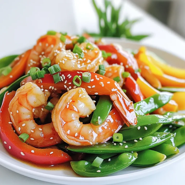 To make this dish, you need fresh and vibrant ingredients. Here’s what to gather: - 1 pound large shrimp, peeled and deveined - 3 tablespoons honey - 2 tablespoons soy sauce (or tamari for gluten-free) - 3 cloves garlic, finely minced - 1 tablespoon fresh ginger, finely minced - 1 cup assorted bell peppers (red, yellow, green), sliced - 1 cup snap peas, trimmed - 2 green onions, finely chopped - 2 tablespoons vegetable oil (canola or peanut oil works well) - Sesame seeds, for garnish - Salt and fresh ground black pepper, to taste These key ingredients bring the dish to life. The shrimp gives protein; honey adds sweetness, and garlic and ginger provide warmth. If you want to boost the taste, consider these optional items: - Red pepper flakes for heat - Fresh cilantro for a fresh note - Lime juice for a zesty kick These extras can make your stir-fry even more exciting. You can adjust them based on what you like. You can easily swap some ingredients if needed. Here are some ideas: - Use tamari instead of soy sauce to keep it gluten-free. - Swap shrimp for chicken, tofu, or beef for different proteins. - Use any colorful vegetables you have on hand, like broccoli or carrots. These substitutions let you customize the dish to fit your diet or preferences. Cooking should be fun and flexible! To make the honey garlic sauce, grab a small mixing bowl. Combine 3 tablespoons of honey, 2 tablespoons of soy sauce, 3 cloves of minced garlic, and 1 tablespoon of minced ginger. Whisk these ingredients together until smooth. This sauce is sweet, savory, and packed with flavor. Set it aside while you cook the shrimp and veggies. Next, take a large skillet or wok and heat 2 tablespoons of vegetable oil over medium-high heat. Wait until the oil shimmers, then add 1 pound of large shrimp. Lightly season the shrimp with salt and fresh ground black pepper. Sauté the shrimp for about 2-3 minutes. Stir them often until they turn pink and opaque. This shows they are perfectly cooked. Once the shrimp is ready, it’s time for the veggies. Add 1 cup of sliced bell peppers and 1 cup of trimmed snap peas to the skillet. Stir-fry these colorful vegetables for another 2-3 minutes. Keep them moving in the pan. You want them bright and tender-crisp, not soggy. Now, pour the honey garlic sauce over the shrimp and veggies. Stir well to coat everything evenly. Cook for an extra 1-2 minutes. This allows the sauce to thicken a bit. When done, remove the skillet from heat and fold in 2 chopped green onions for a fresh crunch. Serve your stir-fry right away. Garnish with sesame seeds for a nice touch. Enjoy your quick and tasty meal! To cook shrimp just right, remember these tips. First, choose large shrimp. They cook evenly and look great on the plate. Heat your oil until it shimmers before adding the shrimp. This keeps the shrimp juicy. Cook them for 2-3 minutes, stirring often. Look for a pink and opaque color. That shows they are done. Overcooking makes shrimp tough, so keep an eye on them. Stir-frying is quick and fun! Use a large skillet or wok to give your food space. Keep the heat high. This helps the shrimp and veggies cook fast. Add the shrimp first, then the veggies. This way, everything stays crisp. Stir constantly to avoid burning. You want bright colors and a fresh taste. Lastly, pour the sauce in at the end to keep flavors bright. Meal prep saves time! Chop your veggies and shrimp ahead of time. Store them in the fridge until you are ready to cook. You can make the honey garlic sauce in advance too. Just mix it in a jar and keep it in the fridge. When it's time to eat, heat your pan and cook! This dish takes only 15 minutes from start to finish. Perfect for a busy day! {{image_4}} To make your Honey Garlic Shrimp Stir-Fry even better, add more veggies. You can use broccoli, carrots, or zucchini. These vegetables not only add color but also boost nutrition. The crunch from these veggies pairs well with the shrimp. Try to choose a mix of colors for a beautiful dish. While honey garlic sauce is great, you can switch it up! Try teriyaki sauce for a sweeter taste. You can also use a spicy chili sauce for a kick. If you need a low-sodium option, pick a light soy sauce or coconut aminos. Each sauce gives a unique flavor twist to your stir-fry. You can easily swap shrimp for other proteins in this recipe. Chicken works well; just cut it into small pieces. Tofu is a fantastic option too, especially for a vegetarian meal. Cook it until golden for the best texture. You can even mix different proteins for a fun twist! To keep your leftover honey garlic shrimp stir-fry fresh, start by letting it cool. Place it in an airtight container. Store it in the fridge for up to three days. Make sure to label your container with the date. This helps you keep track of how long it has been stored. When you are ready to eat your leftovers, reheat them gently. You can use a skillet over medium heat. Add a splash of water or broth to keep the dish moist. Stir often to heat it evenly. If you prefer, you can use the microwave. Heat it in short bursts, stirring in between. This way, the shrimp stays tender, and the veggies stay crisp. If you want to save the stir-fry for later, freezing is a good option. First, let the dish cool completely. Then, divide it into portions. Use freezer-safe bags or containers. Remove as much air as possible to avoid freezer burn. Label the bags or containers with the date. You can freeze the stir-fry for up to three months. When you are ready to eat it, thaw it in the fridge overnight. Reheat it as mentioned before for the best results. Yes, you can make this dish ahead of time. Cook the shrimp and vegetables, then store them in the fridge. Keep the sauce separate until you are ready to serve. This way, you keep the stir-fry fresh. When it's time to eat, just add the sauce and heat everything in a pan until warm. You have many options to serve with Honey Garlic Shrimp Stir-Fry. Here are some ideas: - Steamed rice - Quinoa - Noodles - Cauliflower rice - Fresh salad These sides balance the meal and add variety to your plate. To make shrimp stir-fry without soy sauce, use these options: - Coconut aminos for a mild flavor - Teriyaki sauce for sweetness - A mix of vinegar and honey for tang Adjust the amount to your taste. You can also add spices for more flavor. Many sauces go well with shrimp stir-fry. Some of my favorites include: - Sweet chili sauce for a kick - Garlic sauce for more depth - Peanut sauce for creaminess Feel free to mix and match sauces to find your perfect flavor. You learned about the key ingredients and steps for making honey garlic shrimp stir-fry. I shared tips for perfect cooking and meal prep strategies. Variations allow you to customize the dish with different vegetables and proteins. Storing leftovers can help reduce waste and keep meals easy. Now, you can enjoy a quick, tasty meal that fits your needs. Happy cooking!