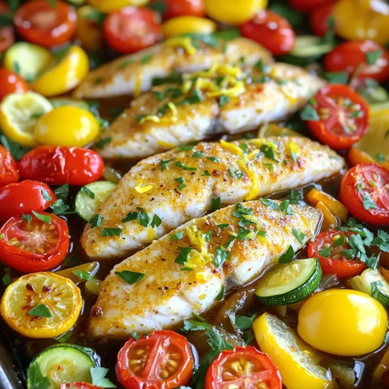 - 4 tilapia fillets - 2 tablespoons extra virgin olive oil - 4 cloves garlic, finely minced - Zest and juice of 1 medium lemon - 1 teaspoon smoked paprika - 1 teaspoon fresh thyme leaves (or ½ teaspoon dried thyme) - Sea salt and freshly cracked black pepper to taste - 1 cup cherry tomatoes, halved - 1 medium zucchini, sliced into ¼-inch rounds - 1 red bell pepper, sliced into strips - Fresh parsley for garnish The key to a tasty dinner is fresh ingredients. First, I always choose good-quality tilapia fillets. They should be firm and smell fresh, not fishy. Next, I use extra virgin olive oil for a rich taste. I finely mince four cloves of garlic for a strong flavor. The zest and juice of one lemon add brightness to the dish. For seasoning, I mix smoked paprika and thyme. Smoked paprika brings warmth, while thyme gives it a nice herbal touch. I also use sea salt and cracked black pepper for balance. These flavors work together well. Now, let’s not forget the veggies! I love using cherry tomatoes for sweetness, zucchini for crunch, and red bell pepper for color. They all roast beautifully together. Finally, I garnish with fresh parsley. It adds a nice pop of green and fresh flavor. With these ingredients, you're on your way to making a delicious, lemon garlic tilapia that is sure to delight. - Preheat your oven to 400°F (200°C). This step warms the oven for even cooking. - Line a large baking sheet with parchment paper. This helps with easy cleanup. - In a small bowl, whisk together 2 tablespoons of olive oil, 4 minced garlic cloves, lemon zest, lemon juice, 1 teaspoon smoked paprika, 1 teaspoon thyme, and salt and pepper. This mix will be your marinade. - Lay 4 tilapia fillets flat on the sheet pan. Use a brush or spoon to coat each fillet with the marinade. Make sure every side gets covered well. - In another bowl, combine 1 cup halved cherry tomatoes, 1 sliced zucchini, and 1 sliced red bell pepper. Drizzle any leftover marinade over the veggies. Toss gently to coat. Arrange them around the tilapia on the sheet pan. - Place the sheet pan in the preheated oven. Set a timer for 15-20 minutes. - Check the tilapia at 15 minutes. It should look opaque and flake easily with a fork. The veggies should be tender and slightly caramelized. If they need more time, check every few minutes until done. To boost flavor, marinate the tilapia for at least 30 minutes. This gives the garlic and lemon time to soak in. You can prepare the marinade and let it sit while you prep your veggies. For tilapia, choose fresh fillets with a mild scent. If buying frozen, let them thaw in the fridge overnight for the best texture. Look for fillets that are firm and shiny. To cook evenly, place your sheet pan in the middle of the oven. This spot allows hot air to circulate well around your food. Set your oven to 400°F (200°C) for the best results. To avoid overcooking, check the tilapia after 15 minutes. It should be opaque and flake easily with a fork. If it looks slightly translucent, give it a few extra minutes. For a fun presentation, serve straight from the sheet pan. This rustic style is casual and inviting. If you want to plate, place the tilapia on individual plates with veggies around it. Add fresh lemon wedges for extra zest. Consider pairing this dish with a light salad or fluffy couscous for a full meal. Enjoy the colorful look and fresh taste! {{image_4}} You can switch herbs to change the flavor. If you want a fresh taste, use dill or basil. These herbs pair well with lemon and garlic. You can also add spices for a kick. For heat, try red pepper flakes or cayenne pepper. This adds warmth and depth to each bite. You can use many vegetables in this dish. Broccoli, asparagus, or carrots work great. They add color and nutrients. Seasonal veggies are also a fun choice. In spring, use fresh peas or asparagus. In fall, try Brussels sprouts or squash. Each season brings new flavors to explore. You can grill or bake the tilapia. Grilling gives it a smoky flavor. It works well if you want a charred finish. Baking is easier and great for meal prep. You can also switch from a sheet pan to a skillet. A skillet allows for quick cooking and browning. Each method gives a unique twist to this dish. After your meal, let the tilapia cool down. Place the tilapia and veggies in an airtight container. This way, they stay fresh in the fridge. Use the leftovers within three days. If you want to keep them longer, consider freezing. To reheat tilapia, use the oven or a microwave. If using an oven, set it to 350°F (175°C). Place the tilapia on a baking sheet and cover it with foil. This keeps it moist. Heat for about 10-15 minutes. If using a microwave, warm it in short bursts. Check to avoid overcooking. Reheated food should reach 165°F (74°C) for safety. To freeze, wrap each tilapia fillet tightly in plastic wrap. Place them in a freezer bag. Be sure to squeeze out the air. For veggies, spread them on a baking sheet first, then freeze them. Once frozen, transfer them to a bag. This helps keep the veggies from sticking together. When ready to eat, thaw in the fridge overnight. Then, reheat as usual. Cooking tilapia on a sheet pan takes about 15 to 20 minutes. Preheat your oven to 400°F (200°C). The fish is done when it turns opaque and flakes easily with a fork. This quick cooking makes it perfect for busy nights. Yes, you can use frozen tilapia. Just make sure to thaw it first. You can do this by leaving it in the fridge overnight or using cold water for faster results. This recipe works well with frozen fish, but fresh tilapia offers the best flavor. A few great sides to pair with lemon garlic tilapia include: - Steamed broccoli or green beans - Quinoa or rice for a filling base - A fresh garden salad with mixed greens - Roasted sweet potatoes for added sweetness These sides complement the flavors of the fish and add color to your plate. This recipe for lemon garlic tilapia is simple and delicious. You learned about key ingredients, like fresh herbs and bright vegetables, that enhance its taste. I provided easy steps for prep, cooking, and serving. You can even switch up flavors and try different veggies based on what’s in season. Remember to store and reheat leftovers properly to enjoy later. With these tips, you can enjoy a healthy meal that satisfies your taste buds.