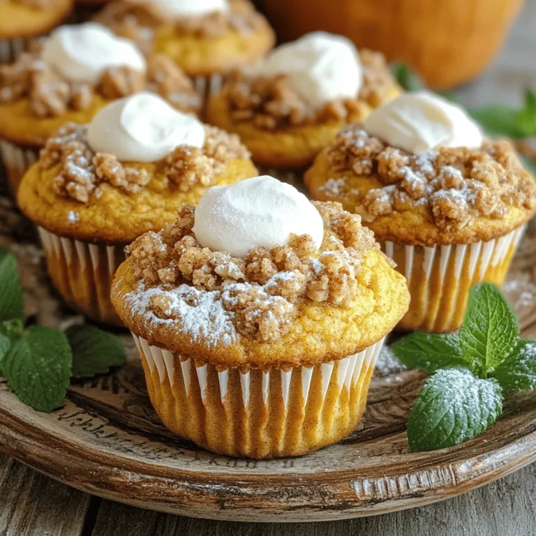 - 1 cup all-purpose flour - 1 cup whole wheat flour - 1 teaspoon baking powder - 1 teaspoon baking soda - 1 teaspoon ground cinnamon - ½ teaspoon ground nutmeg - ½ teaspoon ground ginger - ½ teaspoon salt - 1 cup pumpkin puree (canned or fresh) - ½ cup granulated sugar - ½ cup packed brown sugar - 2 large eggs - ½ cup vegetable oil - 1 teaspoon vanilla extract - 4 ounces cream cheese, softened - 1 tablespoon milk - ½ cup all-purpose flour - ¼ cup packed brown sugar - ¼ teaspoon ground cinnamon - ¼ cup unsalted butter, softened - ¼ cup oats (optional) When making Pumpkin Cream Cheese Streusel Muffins, gather your ingredients first. This way, you can move smoothly through the steps. Start with your dry ingredients. The mix of all-purpose and whole wheat flours gives a nice texture. Baking powder and baking soda help the muffins rise. Ground spices like cinnamon, nutmeg, and ginger add warmth. Don't forget salt; it brings out all the flavors. Next, gather the wet ingredients. Pumpkin puree gives moisture and flavor. The mix of granulated and brown sugars adds sweetness. Eggs help bind everything together. Vegetable oil keeps the muffins soft. Finally, vanilla extract adds a lovely aroma. For the cream cheese filling, you'll need softened cream cheese and a bit of milk. This mixture creates a rich center. To top the muffins, prepare the streusel. It includes flour, brown sugar, and cinnamon for sweetness and spice. Butter adds richness, and oats can give extra texture. With all ingredients ready, you're set to create a delightful treat! Preheat your oven to 350°F (175°C). This step is key for even baking. While the oven warms up, prepare your muffin tin. You can line it with paper liners or grease it with cooking spray or butter. This prevents the muffins from sticking. In a large bowl, combine the dry ingredients. Use one cup of all-purpose flour and one cup of whole wheat flour. Add one teaspoon each of baking powder and baking soda. Then, mix in one teaspoon of ground cinnamon, half a teaspoon of ground nutmeg, half a teaspoon of ground ginger, and half a teaspoon of salt. Whisk all these together until they blend well. In another bowl, combine the wet ingredients. Use one cup of pumpkin puree and half a cup each of granulated and brown sugar. Crack in two large eggs and add half a cup of vegetable oil. Finally, stir in one teaspoon of vanilla extract. Whisk until the mixture is smooth. Now, combine the wet and dry mixtures. Gently pour the wet ingredients into the dry ones. Use a spatula to fold them together. Mix just until you see no dry flour. Avoid over-mixing to keep the muffins light and fluffy. For the cream cheese filling, beat four ounces of softened cream cheese with one tablespoon of milk in a small bowl. Use a hand mixer or a fork to make it creamy. Set this aside for later. In a separate bowl, mix the streusel topping. Combine half a cup of all-purpose flour, a quarter cup of packed brown sugar, and a quarter teaspoon of ground cinnamon. Add a quarter cup of softened unsalted butter. Use a fork or pastry cutter to mix it until it forms a crumbly texture. If you like, add a quarter cup of oats for extra crunch. Start filling the muffin cups. Pour half of the muffin batter into each cup, filling them about halfway. Add a teaspoon of the cream cheese filling in the center of each muffin. Then, cover it with the remaining batter, filling each cup about three-quarters full. Carefully transfer your muffin tin to the preheated oven. Bake for 20 to 25 minutes. To check if they are done, insert a toothpick into the center of a muffin. If it comes out clean, they are ready. Once baked, remove the muffins from the oven. Let them cool in the pan for about five minutes. Then, transfer them to a wire rack to cool completely. This helps improve their texture. To make your muffins soft, avoid over-mixing. When you combine the wet and dry ingredients, stir gently. Mix just until everything is combined. This keeps your muffins light and fluffy. For the cream cheese filling, you want a smooth texture. Beat the cream cheese and milk until creamy. If it's too thick, add a little more milk. This makes it easier to dollop into your muffins. Make sure your oven is accurate. An oven thermometer can help. If the temperature is off, your muffins might bake unevenly. Use the toothpick test to check for doneness. Insert a toothpick into the center of a muffin. If it comes out clean, your muffins are ready. If it has wet batter, bake them a few more minutes. Serve your muffins warm for the best taste. You can dust them with powdered sugar for a nice touch. For a special treat, add whipped cream cheese on the side. Arrange the muffins on a pretty plate. Add fresh mint leaves for color. This makes for a lovely display that guests will enjoy! {{image_4}} You can change the taste of these muffins in fun ways. Consider adding different spices like allspice or cloves for extra warmth. You can also mix in nuts like walnuts or pecans for crunch. Chocolate chips add a sweet surprise. Both options make these muffins even more delightful. If you need a gluten-free option, use almond flour or a gluten-free flour blend. These work well in this recipe. For a vegan twist, swap eggs for flax eggs and use plant-based milk. You can also replace the cream cheese with a vegan cream cheese. These changes still keep your muffins tasty. Try adding seasonal ingredients to give your muffins a new flair. Chopped cranberries add a tart flavor that pairs perfectly with pumpkin. Diced apples bring sweetness and moisture. These changes let you enjoy the flavors of each season while baking these muffins. To keep your Pumpkin Cream Cheese Streusel Muffins fresh for a few days, store them in an airtight container. Line the container with a paper towel to absorb moisture. This helps keep the muffins soft. Place the muffins inside, then add another paper towel on top before sealing. Keep them at room temperature for up to three days. If you want to enjoy them warm, just pop them in the microwave for a few seconds. For long-term storage, freezing is a great option. Let the muffins cool completely before you freeze them. Wrap each muffin tightly in plastic wrap. Then, place them in a freezer-safe bag or container. They can last for up to three months in the freezer. When you are ready to enjoy, simply take one out and let it thaw at room temperature. You can also reheat it in the microwave for about 20 seconds for a fresh taste. These muffins have a shelf life of about three days at room temperature. If you store them in the fridge, they can last up to a week. However, freezing extends their life to about three months. You will love how tasty they remain even after freezing! These muffins bake for about 20-25 minutes. You will know they are done when a toothpick comes out clean from the center. The tops should look golden and slightly firm. Yes, you can make the batter ahead of time. Just mix the dry and wet ingredients separately. Store the wet mix in the fridge for up to 24 hours. When ready to bake, fold them together and proceed as usual. If you don’t have pumpkin puree, you can use butternut squash puree. Sweet potato puree works well too. Both will give you a similar texture and flavor. I recommend keeping the streusel topping. It adds a sweet crunch and enhances the muffin's flavor. The buttery, crumbly texture makes each bite delightful and balanced. Yes, these muffins freeze well. Allow them to cool completely, then wrap them tightly in plastic wrap. Place them in a freezer bag for up to three months. When ready to eat, thaw them at room temperature. If your muffins don't rise, check your baking powder and baking soda. Make sure they are fresh and active. Also, avoid over-mixing the batter, as this can lead to dense muffins. This blog covered how to make delicious muffins from scratch. We discussed key ingredients and detailed steps for mixing, baking, and cooling. Tips for perfect texture and serving ideas added helpful insight. You can even try variations for different flavors or dietary needs. Remember, these muffins are easy to store and freeze well. Enjoy the baking process and share these treats with loved ones!