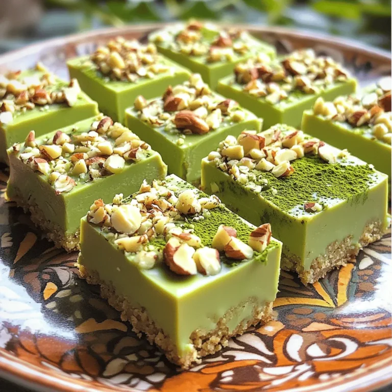 - 1 cup white chocolate chips - 1/4 cup coconut oil - 2 tablespoons matcha green tea powder - 1/2 cup crushed digestive biscuits - 1/4 cup unsweetened shredded coconut (optional) - 1/4 cup chopped nuts (almonds or pistachios) - Pinch of sea salt To make these no-bake matcha white chocolate bars, you need simple ingredients. First, gather 1 cup of white chocolate chips. These will give your bars a sweet and creamy base. Next, grab 1/4 cup of coconut oil. This helps the chocolate melt and adds a nice flavor. Matcha powder is essential. You will need 2 tablespoons to get that bright green color and earthy taste. For texture, use 1/2 cup of crushed digestive biscuits. They add crunch and a bit of sweetness. If you like, you can add 1/4 cup of unsweetened shredded coconut. This is optional, but it gives more texture. Chopped nuts are great too. Use 1/4 cup of almonds or pistachios for extra crunch and taste. Finally, a pinch of sea salt brings out all the flavors. Make sure to have all these ingredients ready. It makes the process smoother and more fun! Use a medium microwave-safe bowl. Add 1 cup of white chocolate chips and 1/4 cup of coconut oil. Microwave in 20-second intervals. Stir vigorously between each interval. This method helps prevent burning. The mixture should be smooth and fully melted. Once the chocolate is melted, sprinkle in 2 tablespoons of matcha green tea powder. Use a whisk to blend until smooth and vibrant. Make sure there are no clumps left behind. This step gives the bars their green color and rich flavor. Now, add 1/2 cup of crushed digestive biscuits. If you want, include 1/4 cup of unsweetened shredded coconut for more texture. Next, add 1/4 cup of chopped nuts, like almonds or pistachios. Don’t forget a pinch of sea salt! Stir gently and thoroughly until all ingredients are evenly coated in the matcha chocolate blend. Take an 8x8 inch square baking pan. Line it with parchment paper for easy removal. Leave some edges hanging over. This creates handles for lifting the bars out later. It makes serving much simpler. Carefully pour the matcha mixture into the lined baking pan. Use a spatula to spread it evenly. Press down firmly to compact the mixture. This helps it hold together once set. Next, place the pan in the refrigerator. Let the bars chill for at least 2 hours, or until they feel firm to the touch. After the bars are set, lift them out using the overhanging parchment paper. Place them on a cutting board and slice into squares or rectangles. Enjoy your delightful no-bake matcha white chocolate bars! Microwaving chocolate can be tricky. I recommend using short bursts. Heat the mixture in 20-second intervals. After each interval, stir it well. This method helps to avoid burning the chocolate. Stirring also helps the heat spread evenly. It ensures a smooth and creamy texture. To make sure your bars hold together, compact the mixture well. After mixing in all the ingredients, pour it into your lined pan. Use a spatula to spread it evenly. Then, press down firmly. This will help the bars stay together when you cut them. A good compacting will make a big difference. For serving, choose a nice plate. You can add a sprinkle of matcha on top for color. Drizzling melted white chocolate over the bars adds flair. It makes them look special and festive. Consider serving these bars with fresh fruit for a pop of color. {{image_4}} You can change the nuts in this recipe easily. Almonds and pistachios are great, but try others too. Walnuts, pecans, or even sunflower seeds add unique flavors. Each nut gives a different crunch. Feel free to mix and match for variety. Spices can boost the flavor of your bars. Try adding cinnamon for warmth or cardamom for a floral note. A few drops of vanilla extract can add sweetness without extra sugar. If you want a zing, add a bit of ginger powder. Each spice brings its own twist to this treat. If you want a dairy-free option, choose dairy-free white chocolate. Many brands offer tasty choices that melt well. Coconut oil is a great base. You can also use nut butter instead of coconut oil for added flavor. These swaps keep the bars creamy and delicious while meeting dietary needs. To keep your no bake matcha white chocolate bars fresh, store them in airtight containers. This prevents air and moisture from ruining their texture. If you don’t have a container, wrap the bars tightly in plastic wrap. Make sure they are completely cool before storing. This step helps lock in their great flavor. These tasty bars will last in the fridge for up to a week. For the best taste, try to eat them within the first few days. As time goes on, the bars may lose some of their vibrant matcha flavor. Always check for any signs of spoilage before enjoying. Yes, you can use other types of chocolate. Brown or dark chocolate works well. Swap the white chocolate with these options. Keep in mind that dark chocolate has a more intense flavor. You may need to adjust the sugar if you switch. Dark chocolate also pairs nicely with the matcha. To reduce sweetness, use less white chocolate. You can cut the amount by half or more. Try adding more matcha powder for a stronger flavor. Using unsweetened nuts will also help. Consider omitting the coconut if you find it too sweet. These small changes can balance the taste to your liking. If the bars don’t set, check the chocolate mixture. Ensure you melted it fully. If it’s too warm, it may not firm up. You can put the pan back in the fridge for a longer time. If they still don’t set, you may need to add more coconut oil. This will help with firmness. You learned how to make delicious matcha bars. We covered the key ingredients, including white chocolate and crushed biscuits. I shared easy steps for mixing and melting. Remember to chill the bars to set them right. Feel free to swap nuts or chocolate types to make it your own. Store them in airtight containers for freshness. Enjoy sharing these tasty treats with friends and family. You now have all the tools to create your own matcha bars!