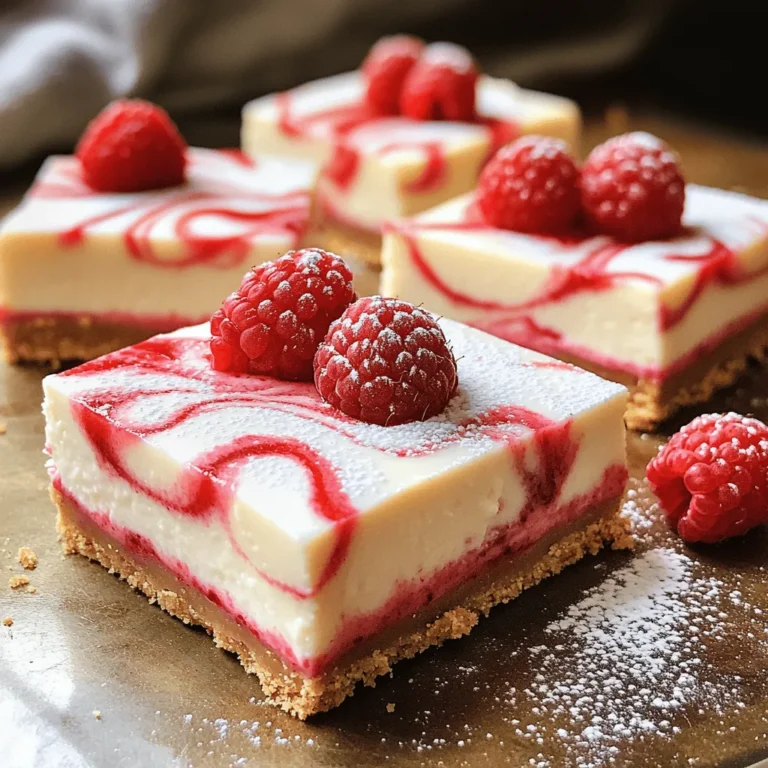 To make these delightful cheesecake bars, you need: - 1 1/2 cups graham cracker crumbs - 1/2 cup unsalted butter, melted - 1/4 cup granulated sugar (for crust) - 16 oz cream cheese, softened - 3/4 cup granulated sugar (for filling) - 1 teaspoon pure vanilla extract - 2 large eggs, at room temperature - 8 oz white chocolate, melted - 1 cup fresh raspberries (plus extra for garnish) - 1 tablespoon cornstarch - 1/2 cup powdered sugar (for dusting) These ingredients create a rich and creamy base with a sweet and tangy raspberry swirl. You can make your cheesecake bars even more special by adding: - Fresh mint leaves - Extra fresh raspberries - A drizzle of white chocolate These garnishes add color and flavor, making the bars look beautiful. If you need to swap some ingredients, here are some ideas: - Use animal-free butter for a vegan option. - Substitute coconut cream for cream cheese for a dairy-free version. - Swap fresh raspberries with strawberries or blueberries for a different twist. These substitutions keep the essence of the bars while accommodating dietary needs. Start by preheating your oven to 325°F (163°C). In a medium bowl, mix 1 1/2 cups of graham cracker crumbs, 1/2 cup of melted unsalted butter, and 1/4 cup of granulated sugar. Stir until this mixture is well combined. Firmly press it into the bottom of a lined 9x9-inch baking pan. Bake the crust for 10 minutes. Let it cool slightly while you prepare the filling. In a large bowl, beat 16 oz of softened cream cheese with 3/4 cup of granulated sugar. Use an electric mixer on medium speed until smooth. Add 1 teaspoon of pure vanilla extract and mix well. Then, add 2 large eggs one at a time. Mix on low speed just until combined. Avoid overmixing to keep your cheesecake smooth. Next, drizzle in 8 oz of melted white chocolate. Stir gently until it blends completely into the cream cheese mixture. Ensure there are no lumps for a creamy texture. In a separate bowl, take 1 cup of fresh raspberries. Mash them gently with a fork, leaving some whole pieces. Mix in 1 tablespoon of cornstarch to help thicken the raspberry swirl. If you want it sweeter, add a bit of extra sugar. Pour half of the cheesecake filling over the cooled crust. Spread it evenly. Spoon dollops of the raspberry mixture over this layer. Use a knife to create a swirling effect. Pour the remaining cheesecake filling on top and repeat the swirling process with the rest of the raspberry mixture. Place the cheesecake bars in your oven and bake for 30-35 minutes. The edges should look set, while the center may still jiggle slightly. After baking, turn off the oven. Leave the bars in the oven with the door slightly ajar for about an hour. This helps prevent cracks from sudden temperature changes. Once cooled, take the bars out of the oven. Refrigerate them for at least 4 hours, or even overnight. This helps the cheesecake set well. After chilling, lift the cheesecake out of the pan using the parchment paper. Cut it into squares. Before serving, dust the tops with powdered sugar. Garnish with fresh raspberries for a pretty touch. Serve the bars on a decorative platter, adding fresh mint leaves for extra flair. Enjoy your delightful treat! To avoid cracks, mix your ingredients gently. Overmixing adds air that can cause cracks. Bake the cheesecake at a low temperature. Keeping the oven door slightly open while it cools helps, too. This slow cooling reduces shock from temperature changes. Always let your cheesecake cool in the oven for a while. Store leftover bars in an airtight container. Place parchment paper between layers to avoid sticking. You can keep them in the fridge for up to five days. If you want to save them longer, freeze the bars. Wrap them well in plastic wrap and foil before freezing. They can last for up to three months in the freezer. When melting white chocolate, use a double boiler. This gentle method prevents burning. Stir the chocolate often for even melting. If you don't have a double boiler, use a glass bowl over simmering water. You can also melt it in the microwave. Heat in short bursts, stirring in between to avoid scorching. Always let it cool slightly before adding to your cheesecake mixture. {{image_4}} You can swap raspberries for other fruits. Strawberries, blueberries, and blackberries work well. Just mash them like the raspberries. Each fruit brings a new flavor. Use ripe fruit for the best taste. Mix and match fruits for a colorful treat. Adding flavor extracts can change the taste. You may try almond or lemon extract. Just a small amount can make a big difference. Start with 1/2 teaspoon. Adjust to your liking. This twist can create a unique cheesecake. To make these bars gluten-free, choose gluten-free graham crackers. Many brands offer tasty options. You can also use almond flour for the crust. It gives a nice flavor and crunch. Always check labels to ensure ingredients are safe. This way, everyone can enjoy these delicious bars! Store your cheesecake bars in an airtight container. Line the container with parchment paper to keep them fresh. This helps avoid sticking. Keep the bars in the fridge for the best taste. You can freeze cheesecake bars for later enjoyment. Cut them into squares first. Wrap each square in plastic wrap tightly. Then place them in a freezer-safe bag. They can last up to three months in the freezer. In the fridge, the cheesecake bars last about five days. Keep them stored correctly to maintain their flavor. If you see any signs of spoilage, it’s best to discard them. Enjoy these treats fresh for the best experience! Yes, you can use frozen raspberries. Just thaw them first. Drain excess liquid to prevent a soggy mix. This helps keep the texture right. Check the edges of the bars. They should be set, while the center has a slight jiggle. This means they will firm up as they cool. Absolutely! You can make them a day before serving. Just chill them overnight. This allows the flavors to blend nicely. Use a sharp, warm knife for clean cuts. Dip the knife in hot water, wipe it dry, then cut. This gives you neat squares. Yes, you can add a crumb topping. Mix some graham cracker crumbs with melted butter. Sprinkle it on top before baking for added crunch. You’ve learned how to make cheesecake bars from scratch. We covered key ingredients, step-by-step baking, and helpful tips. You can now create delicious variations, store them well, and answer common questions. Enjoy making these tasty treats. They are perfect for sharing. I hope you find joy in baking and tasting your own cheesecake bars. You now have all the tools to impress friends and family with your delicious creation!