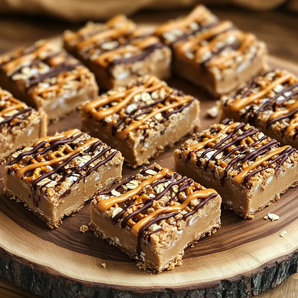 To make No Bake Peanut Butter Pretzel Bars, you will need some simple ingredients. Here is the list: - 2 cups crushed pretzels - 1 cup creamy peanut butter - 1/2 cup honey or maple syrup - 1 cup rolled oats - 1/2 cup chocolate chips (dark or semi-sweet) - 1/4 teaspoon salt - 1 teaspoon vanilla extract - Optional: additional pretzel pieces for topping These ingredients come together to create a sweet and salty treat. The pretzels add crunch, while the peanut butter gives a rich, creamy taste. Honey or maple syrup sweetens the mixture. Rolled oats add a hearty texture, making these bars filling. You can also use different toppings. Adding crushed pretzel pieces on top gives a nice look and extra crunch. Enjoy the process of gathering these items. This is the first step to a delightful snack you'll love! In a large bowl, add 2 cups of crushed pretzels and 1 cup of rolled oats. Use a spatula to mix them well. You want the pretzels and oats to blend evenly. This mix will form the base of your bars. Make sure every piece is covered. Take a microwave-safe bowl and add 1 cup of creamy peanut butter and 1/2 cup of honey or maple syrup. Heat this in the microwave for about 30 seconds. Stir it well until smooth and fully mixed. This step makes it easier to combine with the dry mix. Pour the warm peanut butter blend into the bowl with the pretzel and oat mix. Sprinkle in 1/4 teaspoon of salt and 1 teaspoon of vanilla extract. Use a spatula to stir everything together. Make sure each dry ingredient gets coated with the wet mix. Line a 9x9 inch baking dish with parchment paper. This helps with easy removal later. Transfer the mixed ingredients into the dish. Press them down firmly using your fingers or the back of a spatula. You want a nice, even layer. Take 1/2 cup of chocolate chips and put them in a microwave-safe bowl. Heat them in 30-second intervals. Stir each time until the chocolate is smooth. Once melted, carefully drizzle it over the pressed pretzel mixture. For extra crunch, add some crushed pretzel pieces on top. Place your baking dish in the fridge for at least 2 hours. This helps the bars set well. After they firm up, lift the mixture out using the parchment paper. Cut it into squares or bars with a sharp knife. Enjoy your tasty treat! To make your bars even better, try adjusting the sweeteners. You can use honey or maple syrup for a fun twist. Each sweetener gives a unique taste. If you want a richer flavor, consider using different nut butters. Almond butter or cashew butter can add a new touch. When serving, arrange the bars on a nice platter. This makes them look more inviting. You can add whole pretzels standing up for a fun look. A light drizzle of melted chocolate on top makes it even prettier. Sometimes, the mixture can be sticky. If this happens, add a bit more oats. This helps absorb the extra moisture. If your bars crumble when you cut them, press the mixture down harder next time. A firm press helps the bars hold together better. {{image_4}} You can make these bars even more fun. Try adding coconut or dried fruit. Both options bring unique flavors and textures. You can also use flavored chocolate chips. Choices like mint or caramel can change the taste. These small tweaks make a big difference. If you want vegan bars, swap honey for maple syrup. This simple change keeps the taste great. For chocolate, choose dairy-free chips. You can also make it gluten-free. Just use gluten-free pretzels and oats. These swaps let everyone enjoy the treat. Cut your bars into different shapes and sizes. Squares, rectangles, or even fun shapes work well. This lets you serve them at parties. You can also make smaller bites for snacks. Sharing options make them perfect for gatherings. Enjoy experimenting with how you present these tasty treats! To keep your No Bake Peanut Butter Pretzel Bars fresh, use an airtight container. This helps to prevent moisture from ruining their texture. You can store them in the fridge or at room temperature. If you choose room temperature, be sure to keep them in a cool, dry place. The fridge is best for longer storage. These bars can stay fresh for up to one week in the fridge. If stored at room temperature, they last about three to four days. Look for signs of spoilage like a strange smell or change in texture. If they feel too hard or have an off taste, it's best to toss them. Keeping an eye on these signs ensures you enjoy every bite! Yes, you can use crunchy peanut butter. It adds a nice texture. The bars will have a bit more crunch. If you like more bites in your bars, go for it. Just remember, the creamy version gives a smoother mix. To make these bars vegan, swap honey for maple syrup. This keeps the sweetness without using animal products. For the chocolate, look for dairy-free options. Many brands offer dark chocolate that is vegan-friendly. Make sure to check the labels! You can use any kind of chocolate you like. Milk chocolate is sweet and smooth. Dark chocolate gives a richer taste. For a vegan option, pick dairy-free chocolate chips. They melt well and taste great, too! Yes, you can freeze these bars. Cut them into pieces before freezing. Wrap each piece in plastic wrap. Place them in an airtight container to avoid freezer burn. They can last up to three months in the freezer. When ready to eat, thaw them in the fridge. Creating No-Bake Peanut Butter Pretzel Bars is simple and fun. We covered ingredients, steps, and tips. Use crushed pretzels, peanut butter, and chocolate for a tasty treat. You can adapt the recipe too, with vegan options and different flavors. These bars are great for sharing or enjoying alone. With proper storage, they stay fresh for days. Try making them your way, and enjoy every bite!