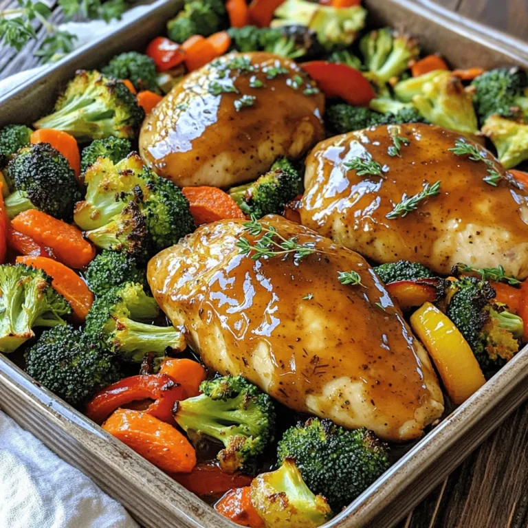 - 4 boneless, skinless chicken breasts - 2 cups broccoli florets - 1 cup baby carrots - 1 red bell pepper, sliced - 1 medium red onion, sliced - 1/4 cup pure maple syrup - 2 tablespoons Dijon mustard - 2 tablespoons olive oil - 2 cloves garlic, minced - 1 teaspoon dried thyme - 1 teaspoon smoked paprika - Salt and pepper to taste This dish starts with chicken, which is the star. I choose boneless, skinless chicken breasts for a tender bite. They cook quickly and soak up the flavors well. Next, I add colorful veggies like broccoli, baby carrots, red bell pepper, and red onion. These add crunch and nutrition. The sauce is where the magic happens. I mix pure maple syrup and Dijon mustard for sweetness and tang. Olive oil adds richness. Minced garlic gives it a nice punch. Dried thyme and smoked paprika bring warmth and depth. I finish with salt and pepper to taste. This blend makes the chicken and veggies shine. Using fresh, high-quality ingredients is key. You want the best flavors in every bite. Feel free to adjust the veggies based on what you have on hand. This dish is flexible and fun to make! Start by preheating your oven to 425°F (220°C). This high heat helps the chicken and veggies cook well and become tender. In a small mixing bowl, combine these ingredients: - 1/4 cup pure maple syrup - 2 tablespoons Dijon mustard - 2 tablespoons olive oil - 2 cloves garlic, minced - 1 teaspoon dried thyme - 1 teaspoon smoked paprika - Salt and pepper to taste Whisk them together until smooth. This sauce adds great flavor to your dish. Take 4 boneless, skinless chicken breasts and place them in a large baking dish. Pour half of the maple-Dijon sauce over the chicken. Make sure each piece is coated well. Let the chicken marinate for about 10-15 minutes. This step boosts the flavor of the chicken. While the chicken marinates, wash and slice your veggies. Use: - 2 cups broccoli florets - 1 cup baby carrots - 1 red bell pepper, sliced - 1 medium red onion, sliced In a separate bowl, drizzle the remaining maple-Dijon sauce over the vegetables. Toss them until well coated. This makes them tasty and colorful. Once the chicken has marinated, arrange the seasoned veggies around the chicken in the baking dish. This setup helps the flavors mix while cooking. Place the dish in the preheated oven and bake for 25-30 minutes. Check if the chicken reaches an internal temperature of 165°F (74°C) and if the veggies are tender. For extra flavor, switch to the broil setting for an additional 2-3 minutes. Keep an eye on them to avoid burning. This step gives a nice, crispy edge to the chicken and veggies. To enhance the flavor of your Maple Dijon Chicken, let the chicken marinate longer. The longer you marinate, the more the flavors seep into the meat. Aim for at least 30 minutes, but if you have time, try to marinate for a few hours. This gives the maple syrup and Dijon mustard time to work their magic. You’ll get a juicy, flavorful chicken that everyone will love. Make sure the chicken reaches the correct internal temperature for safety. Use a meat thermometer and check that it hits 165°F (74°C). This is key to cooking chicken safely. If you don’t have a thermometer, cut into the thickest part of the chicken. The juices should run clear, not pink. Proper cooking ensures a tasty and safe meal. To make your dish look amazing, serve each chicken breast next to a colorful pile of veggies. Drizzle any leftover pan sauce over the top for added moisture. For a final touch, garnish with fresh thyme or parsley. This not only adds color but also a fresh flavor. A beautiful plate makes any meal special! {{image_4}} You can switch up your veggies based on what's in season. Fresh asparagus or green beans work well. Try zucchini or cherry tomatoes for a colorful twist. You can also use root vegetables like sweet potatoes or turnips for added flavor. Mixing different colors makes your dish more appealing and fun. If you want to change the protein, you have options. Salmon offers a rich flavor and cooks quickly. Tofu is a great choice for a plant-based meal. Simply marinate the tofu in the same maple-Dijon sauce to keep the flavors consistent. Shrimp is another protein you can try, adding a nice touch to the dish. You can tweak the sauce to suit your taste. If you like it sweeter, add more maple syrup. For a tangier flavor, increase the Dijon mustard. You can also add a splash of lemon juice for brightness. Mixing in herbs like rosemary or sage can add depth. These simple changes keep your dish exciting and fresh. To keep your Maple Dijon Chicken and Veggies fresh, store any leftovers in the fridge. Use airtight containers to help maintain their flavor and texture. Make sure the chicken and veggies cool down before sealing the containers. This way, you avoid steam buildup that can cause sogginess. When you’re ready to enjoy leftovers, the oven gives the best results. Preheat the oven to 350°F (175°C) and place the chicken and veggies in a baking dish. Cover them with foil to keep moisture in. Heat for about 15-20 minutes or until everything is warm. For a quicker option, you can use the microwave. Heat in short bursts, stirring in between to make sure it warms evenly. If you want to freeze Maple Dijon Chicken and Veggies, do it right after cooking. Let it cool completely and then portion it into freezer-safe bags or containers. Squeeze out as much air as possible to prevent freezer burn. This dish can last up to three months in the freezer. When you’re ready to eat, thaw it in the fridge overnight before reheating. To make this dish healthier, you can try these tips: - Use skinless chicken thighs instead of breasts for more flavor. - Swap olive oil for a lighter oil, like avocado oil. - Add more veggies like zucchini or spinach for extra nutrients. - Reduce the amount of maple syrup to cut down on sugar. - Use low-sodium mustard to lower the salt content. These changes keep the dish tasty while boosting nutrition. Yes, you can use various mustards. Here are a few options: - Honey mustard adds sweetness and depth. - Whole grain mustard gives a nice texture. - Spicy brown mustard adds a kick. - Yellow mustard is milder but still flavorful. Experimenting with these options can bring new flavors to the dish. Pair this dish with these sides: - Quinoa or brown rice for a filling grain option. - A fresh salad with greens, nuts, and a light dressing. - Mashed potatoes for a comforting side. - Crusty bread to soak up the delicious sauce. These sides balance the meal and enhance the flavors. This blog post covered a simple and tasty Maple Dijon Chicken and Veggies recipe. You learned about the key ingredients, step-by-step cooking instructions, and tips to make it even better. I shared how to store leftovers and reheating tips. Remember, you can switch vegetables or proteins for your preference. This dish is easy to customize and perfect for any meal. Enjoy making it and impressing those at your table with your skills.