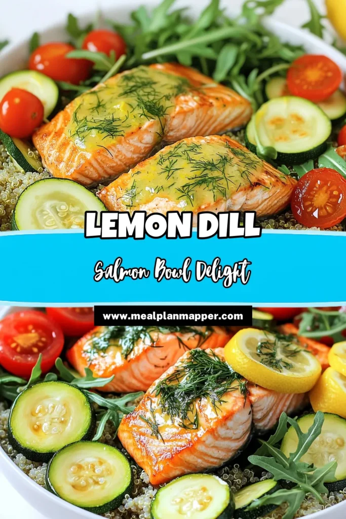 Elevate your dinner game with these Zesty Lemon Dill Salmon Bowls! This vibrant recipe features roasted salmon, fresh zucchinis, juicy cherry tomatoes, and fluffy quinoa, all drenched in a tangy lemon-dill sauce. Perfect for a healthy weeknight meal or impressive dinner. Ready in just 30 minutes! Click through for the full recipe and enjoy a burst of flavor in each bite! #SalmonBowls #HealthyRecipes #MealPrep #QuinoaSalad