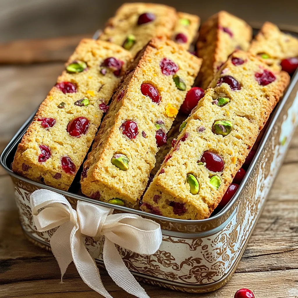 - 1 ¾ cups all-purpose flour - 1 teaspoon baking powder - ¼ teaspoon salt - ½ cup unsalted butter, softened - ¾ cup granulated sugar - 2 large eggs - 1 teaspoon pure vanilla extract - ½ cup dried cranberries, chopped - ½ cup unsalted pistachios, chopped - Zest of 1 medium orange When making cranberry pistachio biscotti, you need simple but tasty ingredients. Each one plays a role in creating that crunchy treat you love. First, all-purpose flour forms the base. It gives the biscotti structure. Baking powder helps it rise, while salt brings out flavor. Unsalted butter adds richness and moisture, making the biscotti tender. Granulated sugar sweetens the dough. The two large eggs bind all the ingredients together. Pure vanilla extract adds a lovely aroma that makes each bite more enjoyable. Chopped dried cranberries provide tartness. They balance well with the sweet dough. Chopped pistachios add a nice crunch and a bright green color. Finally, the zest of one orange gives a hint of citrus that brightens the taste. These ingredients make the biscotti special. You can mix and match, but this combination creates a classic treat. - Preheat your oven to 350°F (175°C). - Line a large baking sheet with parchment paper. - In a medium bowl, whisk together: - 1 ¾ cups all-purpose flour - 1 teaspoon baking powder - ¼ teaspoon salt - In a large bowl, cream together: - ½ cup unsalted butter, softened - ¾ cup granulated sugar - Mix until light and fluffy, about 3-4 minutes. - Add 2 large eggs to the butter-sugar mix, one at a time. - Stir in 1 teaspoon pure vanilla extract and the zest of 1 medium orange. - Gradually mix in the flour mixture until just combined. - Gently fold in: - ½ cup dried cranberries, chopped - ½ cup unsalted pistachios, chopped - Divide the dough into two equal parts. Shape each into a log, about 14 inches long and 2 inches wide. - Place the logs on the prepared baking sheet with space between them. - Bake for 25-30 minutes until golden brown. - Let the logs cool on the baking sheet for 10 minutes. - Reduce the oven temperature to 325°F (160°C). - Transfer the logs to a cutting board. Slice diagonally into ½ inch thick pieces. - Arrange slices cut-side down on the baking sheet. Bake for 10-15 minutes until crisp and golden. - Cool completely on a wire rack before serving. - Ensuring even baking: To get a nice, even bake, make sure your oven is preheated. Use an oven thermometer to check the temperature. Place the biscotti logs in the center of the oven. This helps them bake evenly. - How to use a serrated knife: A serrated knife is your best friend for slicing biscotti. It cuts through the crunchy texture without crushing it. Use a gentle sawing motion to slice the logs into pieces. This keeps them looking nice and neat. - Adding spices like cinnamon or nutmeg: These spices can warm up your biscotti. Just add a teaspoon of cinnamon or nutmeg to the dry mix. The spices blend well with the cranberries and pistachios. - Substituting different nuts: If you want to change things up, try using different nuts. Almonds or walnuts work great too. Just chop them roughly and mix them in with the cranberries. Each nut adds its own flavor and crunch. - Creative ways to serve biscotti: Serve these tasty treats on a colorful platter. You can stack them high or lay them out flat. Pair them with a cup of tea or coffee. It makes for a lovely snack or dessert. - Packaging for gifts or parties: For a charming gift, place biscotti in a decorative tin or glass jar. Tie it with a bright ribbon. This makes a great present for friends or family. They will love the thought you put into it! {{image_4}} You can have fun with different flavors in your biscotti. Try adding chocolate chips and almonds for a sweet twist. The chocolate melts slightly and adds a rich taste. Almonds give a nice crunch and nutty flavor. Another option is using apricots and walnuts. The apricots bring a fruity note, while walnuts add a hearty texture. These combinations make your biscotti unique and exciting. If you need a gluten-free version, it’s easy to swap some ingredients. Use 1 ¾ cups of gluten-free flour instead of all-purpose flour. You can also add 1 teaspoon of xanthan gum to help bind everything together. Mix the dry ingredients as usual. The texture will be a bit different, but they will still taste great. Biscotti can match the seasons too. For a holiday treat, add spices like cinnamon and nutmeg. This makes your biscotti warm and cozy. In spring, add lemon zest for a fresh and bright flavor. The citrus will lift your spirits and is perfect for sunny days. Each season brings a chance to try something new and delicious. To keep your cranberry pistachio biscotti fresh, store them in an airtight container. This helps seal in their crunch and flavor. A glass jar or plastic container works well. Place parchment paper between layers to prevent sticking. Store the biscotti at room temperature, away from direct sunlight. They can stay fresh for up to two weeks. You can freeze both uncooked and baked biscotti. For uncooked biscotti, shape the logs and wrap them tightly in plastic wrap. Then, place them in a freezer bag. They can last up to three months in the freezer. When ready to bake, thaw the logs in the fridge overnight and bake as directed. For baked biscotti, let them cool completely. Then, wrap them tightly in plastic wrap and place them in a freezer bag. To thaw, simply leave them at room temperature for a few hours. If you like them warm, pop them back in the oven at 325°F (160°C) for about five minutes. This will refresh their crispness. How long do biscotti last? Biscotti can last for up to two weeks when stored in an airtight container. They stay fresh and crunchy this way. Can I substitute the butter for oil? Yes, you can use oil instead of butter. However, this may change the taste and texture slightly. What other mix-ins can I use? You can add chocolate chips, almonds, or dried fruits. Get creative with your favorite flavors! Biscotti turned out too hard, what to do? If your biscotti is too hard, try lowering the oven temperature next time. Bake them a bit less to keep them tender. Why did my biscotti spread too much in the oven? Too much moisture can cause spreading. Ensure your dough isn’t too wet and follow the recipe for best results. What drinks pair well with biscotti? Biscotti pairs great with coffee, tea, or hot chocolate. Their crunch complements these drinks wonderfully. Can biscotti be used in desserts or other recipes? Yes! You can crumble biscotti on ice cream or use it as a base for a dessert parfait. In this blog post, we explored the key ingredients and steps to make delightful biscotti. You learned about mixing, baking, and even storing your treats. I shared tips for flavor variations and creative presentation ideas. Biscotti are not just tasty; they're fun to make and share. I hope you feel inspired to try your hand at baking. Enjoy experimenting with flavors and impressing your friends and family with your homemade biscotti!