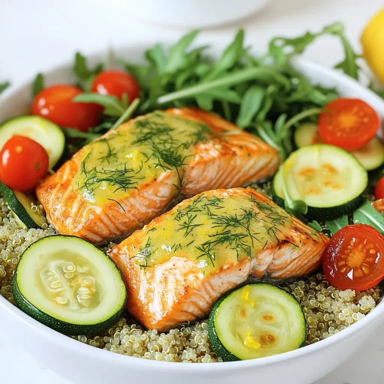 - 4 salmon fillets (approximately 6 oz each) - 2 medium zucchinis, sliced into half-moons - 1 cup cherry tomatoes, halved - 3 tablespoons extra-virgin olive oil - Juice of 2 fresh lemons - Zest of 1 lemon - 2 tablespoons fresh dill, finely chopped (or 1 tablespoon dried dill) - 2 cloves garlic, minced - Sea salt and freshly cracked black pepper, to taste - 1 cup cooked quinoa - Handful of fresh arugula or baby spinach for serving (optional) When I make Lemon Dill Salmon Bowls, I love how fresh and simple the ingredients are. Salmon is packed with protein and omega-3 fatty acids, making it a healthy choice. The zucchinis add a nice crunch, while cherry tomatoes bring sweetness and color. For the marinade, I combine olive oil, lemon juice, and dill. This blend gives the dish a zesty and bright flavor. I always use fresh lemons because they make a big difference. The garlic adds a punch that rounds out the taste perfectly. When I serve this dish, I like to add quinoa for a filling base. It’s fluffy and complements the salmon well. Finally, a handful of arugula or spinach adds a fresh touch and a pop of color. This dish is not just tasty; it's also a feast for the eyes. 1. First, preheat your oven to 400°F (200°C). This helps the salmon cook evenly. 2. Line a large baking sheet with parchment paper. This makes cleanup simple later. 3. In a medium bowl, whisk together the marinade. Combine 3 tablespoons of olive oil, the juice of 2 lemons, the zest of 1 lemon, 2 minced garlic cloves, and 2 tablespoons of chopped dill. Add sea salt and black pepper to taste. This zesty mix will bring out the best flavors in your dish. 1. Place the salmon fillets in the center of the baking sheet. 2. Surround the fillets with sliced zucchinis and halved cherry tomatoes. Spread everything out. This allows each piece to cook properly. 1. Drizzle half of the lemon-dill marinade over the fish and veggies. Make sure everything gets a nice coating. 2. Place the baking sheet in your preheated oven. Bake for 15 to 20 minutes. The salmon is done when it flakes easily with a fork and the veggies are tender and golden. 3. While the salmon cooks, reheat your cooked quinoa according to the package instructions. You want it warm and fluffy for the bowls. How to tell when salmon is done To check if salmon is done, look for a few signs. The fish should change from translucent to opaque. When you gently press it with a fork, it should flake easily. The internal temperature should reach 145°F (63°C). A meat thermometer can help ensure it's cooked properly. Tips for flaky texture For a flaky texture, use fresh salmon. Avoid overcooking it, as this can dry it out. Let the salmon rest for a few minutes after baking. This allows the juices to settle, giving you a moist bite. Ensuring even cooking Cut the vegetables into uniform sizes. This helps them cook evenly. Spread them out on the baking sheet. Overcrowding can lead to steaming instead of roasting. Alternative vegetable options If you want to switch it up, try asparagus or bell peppers. Broccoli or green beans also work well. These alternatives add different flavors and textures. Adjusting flavors to taste Feel free to tweak the marinade. If you like it zestier, add more lemon juice or zest. For extra flavor, mix in some mustard or honey. Suggested add-ins for extra zest Add red pepper flakes for heat or capers for brininess. Fresh herbs like parsley or basil can also enhance the taste. Mix and match to find your favorite combination! {{image_4}} You can switch up the fish in this recipe. Try trout, tilapia, or a firm white fish. Each one brings a unique flavor. If you want a non-fish option, consider chicken or tofu. Both options work well with the lemon-dill sauce. For the grain, you can swap quinoa with rice or couscous. Brown rice gives a nutty taste. Couscous offers a fluffy texture that complements the salmon. Feel free to use what you have on hand. To make your dish pop, add more spices or herbs. A pinch of paprika gives a nice kick. You can also mix in fresh parsley or chives for extra flavor. If you're a fan of heat, try adding red pepper flakes. For a citrus twist, use lime or orange juice instead of lemon. Each option brings a bright, fresh taste. You could even try a mix of citrus juices for a zesty surprise. Pair your salmon bowls with different sides for variety. A simple green salad adds crunch. Roasted sweet potatoes or steamed broccoli also work well. Each side enhances the flavor of the salmon. When assembling your bowls, think outside the box. Layer the quinoa, then add the salmon. Top with roasted veggies and a handful of fresh greens. Drizzle extra lemon-dill sauce on top for a burst of flavor. You can also use avocado slices for creaminess. To store your lemon dill salmon bowls, let them cool first. Place the salmon, veggies, and quinoa in airtight containers. This helps keep them fresh and tasty. You can store them in the fridge for up to three days. After that, the flavor and texture may change. When it's time to enjoy your leftovers, use the oven or microwave. For the oven, set it to 350°F (175°C). Place the salmon and veggies on a baking sheet. Heat for about 10-15 minutes. This keeps them moist and avoids drying out. If using a microwave, cover the bowl with a damp paper towel. Heat for 1-2 minutes. This method helps keep the salmon juicy. Yes, you can freeze salmon bowls! Wrap each portion tightly in plastic wrap and then foil. This protects them from freezer burn. They can last up to three months. When ready to eat, thaw them overnight in the fridge. Reheat using the oven or microwave as mentioned before. This way, you maintain the flavor and texture of your meal. The ideal cooking time for salmon at 400°F is 15 to 20 minutes. This time allows the salmon to cook evenly. It should flake easily with a fork when done. The vegetables around the salmon will also become tender. Always check the thickest part of the salmon for doneness. Yes, you can use frozen salmon fillets. Just add a few extra minutes to your cooking time. Make sure to check the salmon for doneness as it cooks. If you want, thaw the fillets overnight in the fridge for even cooking. However, cooking from frozen is easy and saves time. If you don't have fresh dill, use dried dill instead. You can use one tablespoon of dried dill for every two tablespoons of fresh dill. Other good options include parsley or tarragon for a different flavor. Each herb brings a unique taste that can enhance your dish. This dish combines healthy salmon, veggies, and a tasty marinade. You learned how to prepare it step-by-step, with tips to ensure perfect cooking. Don’t forget the fun variations and storage ideas to keep meals fresh. Whether for a quick dinner or meal prep, this recipe works well. Enjoy your tasty, nutritious salmon bowl, and feel free to share with friends!