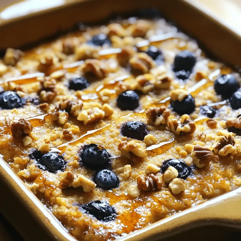 To make this cozy Maple Brown Sugar Oatmeal Bake, gather these simple items: - 2 cups rolled oats - 1/2 cup packed brown sugar - 1 teaspoon baking powder - 1/2 teaspoon salt - 1 teaspoon ground cinnamon - 2 cups almond milk (or regular milk) - 1/4 cup pure maple syrup - 1 large egg - 1 teaspoon vanilla extract - 1 medium ripe banana, mashed - 1/2 cup chopped nuts (like walnuts or pecans) - 1/2 cup fresh or dried fruit (such as blueberries, raisins, or sliced apples) You can change a few ingredients to suit your taste or needs: - Milk: Use oat milk or coconut milk instead of almond milk. - Egg: Replace the egg with 1/4 cup of applesauce for a vegan option. - Sweetener: Try honey or agave syrup instead of maple syrup. - Fruits: Use any seasonal fruit you like, such as strawberries or peaches. To make your oatmeal bake even tastier, consider these toppings: - Drizzle with extra maple syrup for added sweetness. - Sprinkle ground cinnamon on top for added flavor. - Add slices of fresh banana or a handful of berries for a pop of color. - Top with a dollop of yogurt for creaminess and contrast. These simple choices can elevate your dish and make it even more delightful! To start, gather your ingredients. You will need: - 2 cups rolled oats - 1/2 cup packed brown sugar - 1 teaspoon baking powder - 1/2 teaspoon salt - 1 teaspoon ground cinnamon - 2 cups almond milk (or regular milk) - 1/4 cup pure maple syrup - 1 large egg - 1 teaspoon vanilla extract - 1 medium ripe banana, mashed - 1/2 cup chopped nuts (like walnuts or pecans) - 1/2 cup fresh or dried fruit (blueberries, raisins, or sliced apples) First, preheat your oven to 350°F (175°C). Then, prepare a 9x9-inch baking dish. Lightly grease it with butter or cooking spray. In a large bowl, mix the rolled oats, brown sugar, baking powder, salt, and cinnamon. Make sure everything blends well. In another bowl, whisk the almond milk, maple syrup, egg, vanilla, and mashed banana until smooth. Next, pour the wet mix into the dry mix. Stir gently until combined. Be careful not to overmix. Then, fold in your chopped nuts and fruit. Now, transfer the mixture into your prepared baking dish. Use a spatula to spread it evenly. For extra crunch, sprinkle a bit of brown sugar and nuts on top. Place the dish in your preheated oven. Bake for about 30 to 35 minutes. It’s done when the top looks golden brown. You can check by inserting a toothpick in the center; it should come out clean. After baking, let the dish cool for a few minutes. This makes it easier to cut. Slice the oatmeal bake into squares. Serve it warm. Drizzle some extra maple syrup on top. You can also add a sprinkle of cinnamon or garnish with banana slices and berries for a lovely touch. Enjoy your delicious Maple Brown Sugar Oatmeal Bake! To get that perfect texture in your Maple Brown Sugar Oatmeal Bake, follow these tips: - Use rolled oats instead of instant oats. Rolled oats hold their shape better. - Mix dry and wet ingredients separately before combining them. This helps with an even bake. - Don’t overmix the batter. Stir gently until just combined to keep the bake fluffy. Here are some common mistakes that can affect your bake: - Skipping the baking powder. This ingredient adds lift and helps the bake rise. - Not greasing your baking dish. A greased dish prevents sticking and makes serving easier. - Adding too many fruits or nuts. Too many can make the bake dense and soggy. To elevate the flavor of your oatmeal bake, try these tips: - Use fresh spices. Ground cinnamon loses flavor over time, so fresh is best. - Add a pinch of salt. It enhances sweetness and rounds out the flavors. - Drizzle extra maple syrup on top before serving. It adds a delicious touch of sweetness. {{image_4}} You can easily change the taste of your Maple Brown Sugar Oatmeal Bake. Seasonal fruits add fresh flavors. In spring, try strawberries or rhubarb. In summer, mix in peaches or cherries. In fall, apples and pears work great. In winter, use dried fruits like cranberries or figs. Nuts add crunch and taste. Walnuts and pecans are popular, but almonds or hazelnuts can also shine. For spices, cinnamon is nice, but nutmeg or ginger can give a warm touch. Feel free to mix and match! If you need a gluten-free version, swap rolled oats for certified gluten-free oats. This keeps the dish safe for those with gluten allergies. You can also choose dairy-free milk, like almond or oat milk. This way, the oatmeal bake stays creamy and rich without dairy. For a vegan option, replace the egg with a flax egg. Just mix one tablespoon of flaxseed meal with three tablespoons of water. Let it sit for five minutes to thicken. This keeps the bake moist and fluffy. Serve your oatmeal bake warm for the best taste. Drizzle extra maple syrup on top for a sweet touch. A sprinkle of cinnamon can add a nice look and flavor. Adding fresh fruits like bananas or berries can make the dish even more colorful. Pair this dish with yogurt for creaminess. It also goes well with a cup of coffee or tea. Enjoy this bake not only as breakfast but also as a snack or dessert! To store leftovers, let your oatmeal bake cool. Cut it into squares and place them in an airtight container. Store the container in the fridge. This keeps the bake fresh for up to five days. You can also cover it tightly with plastic wrap if you prefer. You can freeze Maple Brown Sugar Oatmeal Bake for later. First, let it cool completely. Then, wrap each square in plastic wrap. Place the wrapped squares in a freezer-safe bag or container. Label the bag with the date. It will stay fresh for about three months in the freezer. To reheat the oatmeal bake, take out the amount you want. If it's frozen, let it thaw in the fridge overnight. Microwave it for about one to two minutes until warm. You can also reheat it in the oven at 350°F (175°C) for 10-15 minutes. Drizzle with more maple syrup before serving for extra sweetness. Yes, you can make this dish ahead. Prepare it the night before and store it in the fridge. Just mix the wet and dry ingredients, then pour them into your baking dish. This way, you save time in the morning. When ready, bake it straight from the fridge. It may need a few extra minutes in the oven. To serve more people, you can double the recipe. Use a larger baking dish, like a 9x13-inch pan. Increase all the ingredients proportionally. Make sure to watch the baking time. It might take longer to bake. Check for doneness by using a toothpick in the center. It should come out clean. If you need an egg substitute, you have options. Use 1/4 cup unsweetened applesauce for each egg. You can also use 1/2 ripe banana, mashed. Another choice is a flax egg. To make it, mix 1 tablespoon of ground flaxseed with 2.5 tablespoons of water. Let it sit for a few minutes until it thickens. These substitutes work well and keep the bake moist. In this article, we explored the key ingredients, preparation steps, and storage tips for an oatmeal bake. You learned about alternative ingredients and toppings to make it your own. I shared tricks for perfect texture and flavor enhancements. Don’t forget to try different variations, like seasonal fruits and dietary options. With these tips and our FAQs, you’re set to create a delicious bake at home. Enjoy experimenting with recipes and making them your own!