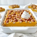 To make these tasty bars, you will need: - 1 ½ cups all-purpose flour - ½ cup old-fashioned oats - ½ cup packed brown sugar - ½ cup cold butter, cubed - ½ teaspoon salt - 1 cup pumpkin puree - 1 cup sweetened condensed milk - 2 large eggs - 1 teaspoon vanilla extract - 1 teaspoon ground cinnamon - ½ teaspoon ground nutmeg - ½ teaspoon ground ginger - 1 cup pecans, chopped - Optional: whipped cream for serving You can switch some items if needed: - Use coconut oil instead of butter for a dairy-free option. - Substitute maple syrup for brown sugar for a different sweetness. - Gluten-free flour can replace all-purpose flour if you need it gluten-free. - If you don't have sweetened condensed milk, you can blend milk with sugar until thick. To make your bars even better, try these ideas: - Add whipped cream on top for a creamy finish. - Dust with powdered sugar for a nice look. - Serve with a scoop of vanilla ice cream for extra flavor. - Top with toasted pecans for added crunch and flavor. Start by preheating your oven to 350°F (175°C). Grab a 9x13-inch baking pan. Lightly grease it with butter or cooking spray. This step helps the bars not to stick. In a large bowl, mix together 1 ½ cups of all-purpose flour, ½ cup of old-fashioned oats, ½ cup of packed brown sugar, and ½ teaspoon of salt. Once mixed, add in ½ cup of cold, cubed butter. Use a pastry cutter or your fingers to mix this until it looks like coarse crumbs. It’s okay to leave some small chunks of butter. This will make the crust flaky. After the crust mixture is ready, press it firmly into the bottom of your pan. Use your fingers or the back of a measuring cup to spread it evenly. Bake it for about 10-12 minutes, or until it is slightly golden and set. While your crust bakes, you can prepare the pumpkin filling. In a medium bowl, whisk together 1 cup of pumpkin puree, 1 cup of sweetened condensed milk, and 2 large eggs. Add 1 teaspoon of vanilla extract, 1 teaspoon of ground cinnamon, ½ teaspoon of ground nutmeg, and ½ teaspoon of ground ginger. Whisk until the mixture is smooth and well combined. Once your crust is out of the oven, carefully pour the pumpkin filling over it. Use a spatula to spread the filling evenly across the crust. Next, sprinkle 1 cup of chopped pecans evenly on top of the pumpkin filling. This adds a nice crunch to your bars. Now, place the pan back in the oven and bake for another 25-30 minutes. The bars are done when the filling is set. You can check this by inserting a toothpick into the center. If it comes out clean, the bars are ready. After baking, remove the pan from the oven. Let the bars cool completely in the pan on a wire rack. This cooling time helps them hold together when you cut them. Once cool, slice them into squares or bars. If you like, top them with a dollop of whipped cream for extra flavor. To get a great crust, keep your butter cold. When you mix in the butter, leave small chunks. This makes the crust flaky. Press it firmly into the pan. Make sure it is even. Bake it until it is just golden. This step sets a nice base for the bars. For a smooth filling, start with room temperature ingredients. Mix the pumpkin puree, sweetened condensed milk, and eggs well. Whisk until there are no lumps. Incorporate the spices evenly. This ensures every bite has flavor. Pour the filling gently over the crust. Spread it with a spatula to keep it even. These bars are perfect for sharing. For a special touch, add whipped cream on top. You can also sprinkle toasted pecans for extra crunch. Dust with powdered sugar for a pretty finish. Serve them on a nice platter to impress guests. They make a great dessert for holidays or family gatherings. {{image_4}} You can make these bars gluten-free by swapping out all-purpose flour. Use a gluten-free flour blend instead. Make sure it has a good binding agent. This will keep your bars from falling apart. The taste remains rich and satisfying, just like the classic version. To make these bars vegan, replace eggs with flax eggs. Mix one tablespoon of flaxseed meal with three tablespoons of water. Let it sit for five minutes. For the sweetened condensed milk, use coconut cream or a vegan version found in stores. This will give you a creamy texture without animal products. Spice it up by adding more flavor! Try different spices like allspice or cardamom. You can also mix in chocolate chips for a sweet surprise. Chopped apples or cranberries can add a fruity twist. These small changes can make your bars unique and exciting. To keep your pumpkin pecan pie bars fresh, store them in an airtight container. This helps prevent dryness and keeps them tasty. Place a piece of parchment paper between layers if stacking. This way, they won't stick together. Store them at room temperature for up to three days. If you want them to last longer, refrigerate them for about a week. Freezing is a great way to save these bars for later. First, let the bars cool completely. Then, cut them into squares or bars. Wrap each piece in plastic wrap tightly. Place the wrapped bars in a freezer-safe bag or container. You can freeze them for up to three months. When you're ready to enjoy, simply thaw them in the fridge overnight. To reheat your pumpkin pecan pie bars, preheat your oven to 350°F (175°C). Place the bars on a baking sheet. Cover them with aluminum foil to keep moisture in. Heat for about 10-15 minutes until warm. This method helps keep the crust crisp and the filling soft. You can also enjoy them chilled or at room temperature if you prefer. Yes, you can prepare pumpkin pecan pie bars ahead of time. Make them a day or two before you plan to serve. Store them in the fridge after they cool. This helps the flavors blend and makes them even tastier. Just remember to cover them well to keep them fresh. If you need a substitute for sweetened condensed milk, try using coconut milk mixed with sugar. Combine one cup of coconut milk with two-thirds cup of sugar. Stir until the sugar dissolves. This mix gives a similar sweetness and adds a nice flavor twist. Pumpkin pecan pie bars can last up to five days in the fridge. Keep them in an airtight container to maintain freshness. If you want to keep them longer, consider freezing them. They can last up to three months in the freezer. Just thaw them in the fridge when you’re ready to enjoy! This article covered how to make delicious Pumpkin Pecan Pie Bars. We discussed the ingredients, step-by-step baking, and tips for the best results. You learned about variations, including gluten-free and vegan options, plus how to store and reheat leftovers properly. In conclusion, these bars are a tasty treat for any occasion. With the right tips, you can bake them perfectly. Enjoy your baking journey, and share these bars with friends and family!