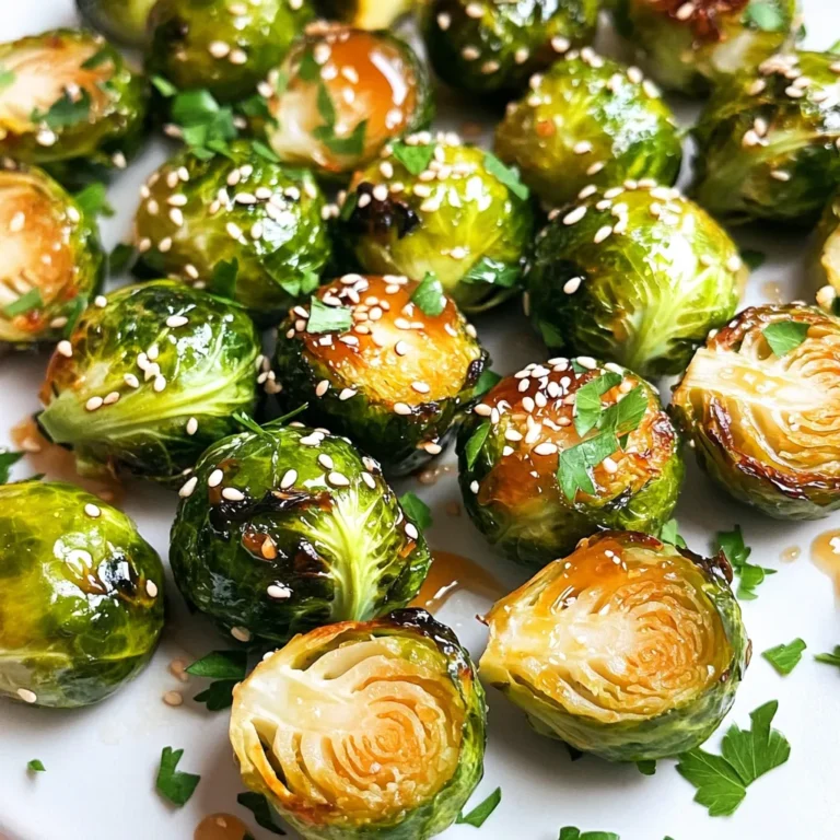 - 1 pound Brussels sprouts, trimmed and halved - 2 tablespoons extra virgin olive oil - 3 tablespoons pure honey - 2 cloves garlic, finely minced - 1 tablespoon soy sauce - Sea salt and freshly cracked black pepper, to taste - 1/4 teaspoon crushed red pepper flakes (optional) - Toasted sesame seeds for garnish - Fresh parsley, finely chopped for garnish The main ingredients are simple but full of flavor. Brussels sprouts are the star of the dish. They are packed with nutrients and have a slight bitterness that balances well with honey. The olive oil helps them crisp up nicely in the air fryer. Honey adds sweetness, while garlic brings a savory punch. Soy sauce adds depth to the flavor. This mix makes the sprouts irresistible. For seasoning, use sea salt and black pepper to enhance the taste. If you like some heat, add red pepper flakes. The toasted sesame seeds and fresh parsley are great for garnish. They add color and a crunchy texture, making the dish look beautiful. These ingredients come together to create a dish that is both healthy and tasty. You’ll love how easy it is to make. 1. Preheat the Air Fryer: Start by setting your air fryer to 375°F (190°C). Let it preheat for about 5 minutes. This step is key for a crispy finish. 2. Prepare the Brussels Sprouts: Take 1 pound of Brussels sprouts and trim them. Cut them in half and place them in a mixing bowl. Add 2 tablespoons of extra virgin olive oil, sea salt, and black pepper. Toss until they are well coated. 1. Whisk the Sauce: In a small bowl, combine 3 tablespoons of honey, 2 cloves of minced garlic, 1 tablespoon of soy sauce, and 1/4 teaspoon of crushed red pepper flakes. Mix until everything is blended well. This sauce gives a sweet and savory glaze. 1. Air Fry the Sprouts: Place the seasoned Brussels sprouts in the air fryer basket. Arrange them in a single layer for even cooking. Cook for 10 minutes, shaking the basket halfway through. 2. Add the Sauce: Carefully take the basket out after 10 minutes. Drizzle the honey garlic sauce over the Brussels sprouts. Toss them gently to coat them evenly. 3. Cook Again for Crispiness: Put the sprouts back in the air fryer. Cook for another 5 minutes, or until they turn golden brown and crispy on the edges. 4. Garnish and Present: Move the Brussels sprouts to a serving dish. Sprinkle toasted sesame seeds and chopped fresh parsley on top for color and texture. Enjoy them warm for the best taste! - Preheat the air fryer to 375°F (190°C) for five minutes. This step makes the sprouts crispy. - Don’t overcrowd the basket. Give each sprout space to cook evenly. - You can swap honey for maple syrup for a different taste. - Add fresh ginger to the sauce for a zesty kick. - Adjust the spice level by adding more or less crushed red pepper flakes. - If you want a sweeter sauce, add more honey or maple syrup. {{image_4}} You can make this dish fit your needs. To make it gluten-free, use tamari instead of soy sauce. It tastes great and keeps the flavor strong. For a vegan option, just swap out the honey with maple syrup. This change still gives you that sweet taste while keeping it plant-based. Feel free to get creative! You can add nuts like walnuts or pecans for a crunchy twist. You can also try mixing in other vegetables, such as carrots or bell peppers. They will roast nicely in the air fryer. For added flavor, you can sprinkle fresh herbs like thyme or rosemary. A bit of lemon zest or juice also brightens up the dish. These small changes can make your Brussels sprouts even more special. To keep your Brussels sprouts fresh, store them in an airtight container. Place them in the fridge within two hours of cooking. This helps keep them crisp and tasty. They can last up to three days in the fridge. For best results, avoid stacking them too high. This keeps them from getting squished and soggy. When it's time to enjoy leftovers, the air fryer works best. Set your air fryer to 350°F (175°C). Reheat the Brussels sprouts for about 5-7 minutes. This keeps them crispy and warm. You can also use the oven. Preheat it to 375°F (190°C) and bake for 10-15 minutes. Check them often to prevent overcooking. Enjoy your delicious sprouts again! Yes, you can skip the honey. Try maple syrup or agave instead. Both add sweetness. You can use carrots, broccoli, or cauliflower. These veggies cook well and taste great. Brussels sprouts are done when they are golden brown and crispy on the edges. A fork should pierce them easily. Yes, you can freeze them. First, let them cool completely. Then, place them in an airtight bag. This blog post covered a delicious air-fried Brussels sprouts recipe. We outlined key ingredients, prep steps, cooking methods, and tips to improve flavor. You can even adjust the recipe for dietary needs. In conclusion, air frying Brussels sprouts is an easy way to enjoy this veggie. With the right ingredients and techniques, you’ll create a tasty dish. I hope you try this recipe and enjoy all its tasty variations. Happy cooking!