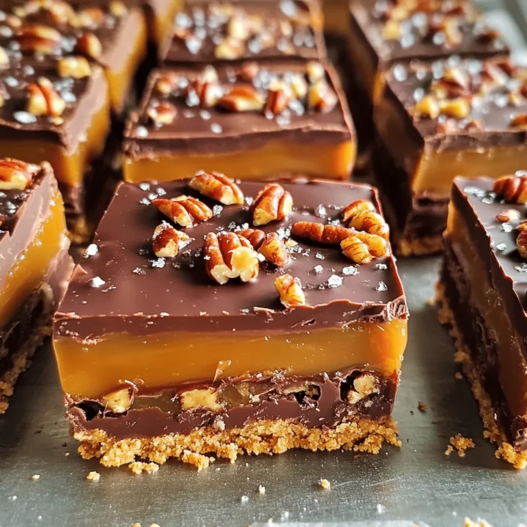 To make No-Bake Caramel Pecan Turtle Bars, gather the following ingredients: - 1 ½ cups graham cracker crumbs - ½ cup unsweetened cocoa powder - ½ cup unsalted butter, melted - 1 cup powdered sugar - 1 cup semi-sweet chocolate chips - 1 cup caramel sauce (store-bought or homemade) - 1 cup pecans, roughly chopped - ½ teaspoon sea salt - ¼ teaspoon vanilla extract These ingredients create a rich and tasty treat. The graham cracker crumbs form the base. Cocoa powder adds depth, while butter binds the crust. Chocolate chips give a creamy layer. Caramel and pecans complete the flavor profile. If you need alternatives, here are some smart swaps: - Use almond flour instead of graham cracker crumbs for a gluten-free option. - Swap cocoa powder for carob powder if you want a caffeine-free choice. - Use coconut oil instead of butter for a dairy-free version. - Maple syrup can replace caramel sauce for a different sweet flavor. These substitutions can help you adjust the recipe to your needs while keeping it delicious. Feel free to enhance your bars with these tasty options: - A sprinkle of sea salt on top for extra flavor. - Drizzle melted chocolate for a fancier look. - Add a layer of dried fruit, like cranberries, for a sweet twist. - Mix in some shredded coconut for added texture. These optional toppings offer a chance to personalize your No-Bake Caramel Pecan Turtle Bars, making them even more fun! Start by mixing the graham cracker crumbs, cocoa powder, and powdered sugar in a bowl. Make sure everything blends well. Then, pour in the melted butter. Mix until it feels like wet sand. This mixture will form the foundation of your bars. Next, grab an 8x8 inch baking pan. Line it with parchment paper, letting it hang over the edges. This makes removal easy later. Press the crust mixture into the pan using your fingers or a measuring cup. Make it compact and even. Now it's time for the chocolate! Melt the semi-sweet chocolate chips in a microwave-safe bowl. Heat in 30-second bursts, stirring each time until smooth. Pour the melted chocolate over the crust. Use a spatula to spread it evenly. Let it cool for about 10 minutes. While the chocolate cools, chop the pecans. Put them in a bowl. Add the caramel sauce, vanilla extract, and sea salt. Mix well until the pecans are coated in the caramel. This mixture will add great flavor and crunch. Once the chocolate has cooled, pour the caramel-pecan mix over it. Spread it evenly with a spatula. Make sure to cover all the chocolate. This is where the magic happens! Cover the pan with plastic wrap or foil. Place it in the fridge for at least 3 hours. This helps the bars set and firm up. When ready, lift them out using the parchment paper. Slice them into squares or rectangles. Enjoy your delicious bars! To get nice layers, make sure each layer cools before adding the next. After you pour the chocolate, let it sit for ten minutes. This helps it set. When you spread the caramel-pecan mix, do it gently. Aim for even coverage. This way, every bite has rich flavors. To keep the bars fresh, wrap them well. Use plastic wrap or foil. You can also place them in an airtight container. Keep them in the fridge. This helps the bars stay firm and tasty. They can last up to a week when stored correctly. One big mistake is rushing the chilling time. If you cut them too soon, they may fall apart. Always chill for at least three hours. Another issue is uneven layers. Press your crust firmly and spread chocolate and caramel evenly. This ensures a great texture in every bite. {{image_4}} You can make these bars even better with a few simple additions. Try adding a sprinkle of cinnamon or a dash of espresso powder to the chocolate layer. This will give a nice depth of flavor. You can also mix in some shredded coconut or mini marshmallows with the pecans for added texture and taste. These small changes can turn an already amazing treat into something special. If you're not a fan of pecans, don't worry! You can swap them out for other nuts. Walnuts, almonds, or cashews can all work well in this recipe. Chop them up and use them just like you would with pecans. Each nut brings its own flavor, so feel free to experiment and find your favorite. Want to make these bars gluten-free? It’s easy! Just use gluten-free graham cracker crumbs instead of regular ones. Make sure all other ingredients are also certified gluten-free. This way, everyone can enjoy these delicious no-bake caramel pecan turtle bars without worry! To keep your No-Bake Caramel Pecan Turtle Bars fresh, store them in an airtight container. Make sure to separate layers with parchment paper to avoid sticking. If you have leftover bars, place them in the fridge. This keeps them firm and tasty. You can freeze these bars for later enjoyment. First, cut them into squares. Then, wrap each piece in plastic wrap. Place the wrapped bars in a freezer-safe bag or container. They will stay good for up to three months. When you want a treat, just thaw them in the fridge overnight. These bars have a great shelf life. In the fridge, they last about a week. If stored properly in the freezer, they can last even longer. Always check for any signs of spoilage before eating. Enjoy your delicious treats without worry! Yes, you can make these bars a day or two ahead. Just store them in the fridge. They will stay fresh and tasty. If you cover them well, they won’t dry out. This makes them perfect for parties or special events. If you don't have pecans, try walnuts or almonds. Both nuts work well with the caramel and chocolate. You can also skip the nuts if you prefer a nut-free treat. Just keep in mind, the texture will change a bit. You can swap the graham cracker crumbs for whole grain crumbs. Use dark chocolate instead of semi-sweet for less sugar. You might also reduce the caramel sauce or use a sugar-free version. These changes help cut calories and add extra nutrients. To slice the bars neatly, use a sharp knife. Dip the knife in hot water, then wipe it dry. This helps make cleaner cuts. If the bars stick, run the knife under hot water again. This will help create perfect squares or rectangles. Absolutely! You can use milk chocolate or dark chocolate if you prefer. Each type will give a different taste. White chocolate is also an option, but it will change the flavor of the bars. Choose what you enjoy most! You now have a complete guide for making no-bake bars. We covered ingredients, tips, and variations. You learned how to layer flavors, store leftovers, and avoid mistakes. Remember, you can customize with your favorite nuts or toppings. Enjoy being creative in the kitchen with these easy steps. I hope your no-bake bars turn out delicious and fun. Keep experimenting, and share your tasty results!