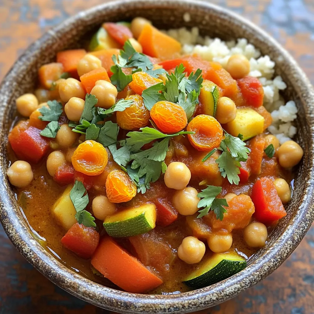 - 2 cups cooked chickpeas (or 1 can, drained and rinsed) - 1 medium onion, finely chopped - 2 cloves garlic, minced - 1 large carrot, diced - 1 red bell pepper, diced - 1 zucchini, diced - 1 can (14 oz) diced tomatoes - 2 cups vegetable broth - 1 tablespoon olive oil - 2 teaspoons ground cumin - 1 teaspoon ground coriander - 1 teaspoon smoked paprika - 1 teaspoon turmeric - 1/2 teaspoon cinnamon - Salt and pepper to taste - 1/4 cup dried apricots, chopped - Fresh cilantro or parsley for garnish - Cooked couscous or quinoa for serving (optional) When you gather your ingredients, think about the flavors you want. The chickpeas are the star of this stew. They add protein and a nice texture. Use cooked chickpeas for ease. Canned works too; just rinse them well. Fresh veggies bring life to the dish. The onion and garlic give it a strong base. Carrots and bell peppers add sweetness, while zucchini adds a nice crunch. Spices are vital. Cumin and coriander create warmth. Smoked paprika adds depth, while turmeric and cinnamon give it an exotic twist. Don't forget salt and pepper to balance everything. Liquid helps cook the stew. Vegetable broth is perfect, while diced tomatoes add more flavor. If you want a touch of sweetness, toss in chopped dried apricots. They blend beautifully with the spices. For a finishing touch, fresh herbs like cilantro or parsley add brightness. Serve the stew over couscous or quinoa for a filling meal. This blend of ingredients makes the Moroccan chickpea stew a savory delight. Start by heating 1 tablespoon of olive oil in a medium skillet over medium heat. Add 1 medium onion, finely chopped, and 2 cloves of minced garlic. Sauté these for about 3-5 minutes until the onion softens and turns translucent. Once done, transfer this mixture to your slow cooker. This adds a nice depth to the stew. Next, you will add the main ingredients into the slow cooker. Incorporate 2 cups of cooked chickpeas or 1 can, drained and rinsed. Then, toss in 1 large diced carrot, 1 diced red bell pepper, and 1 diced zucchini. Don't forget to add 1 can of diced tomatoes with their juices and 2 cups of vegetable broth. Stir everything together to mix well. Now, it’s time to add flavor. In a small bowl, combine the spices: 2 teaspoons of ground cumin, 1 teaspoon of ground coriander, 1 teaspoon of smoked paprika, 1 teaspoon of turmeric, and 1/2 teaspoon of cinnamon. Add salt and pepper to taste. Mix this spice blend well, then stir it into the slow cooker along with the vegetables and chickpeas. For a touch of sweetness, add 1/4 cup of chopped dried apricots. This will balance the spices and bring a unique flavor to the stew. Make sure everything is evenly mixed. Now, cover your slow cooker. You have two options for cooking: you can set it to low heat for 6-8 hours or high heat for 3-4 hours. If you choose low heat, it allows the flavors to meld beautifully. If you're in a hurry, high heat works well too. Check the stew for readiness. It is ready when the vegetables are tender, and the flavors are combined. Before serving, taste the stew and adjust the seasoning as needed. Serve your Moroccan chickpea stew hot, garnished with fresh cilantro or parsley. For a complete meal, ladle the stew over cooked couscous or quinoa, adding a delightful texture to your dish. To boost flavor, you can add extra spices. Try a pinch of cayenne for heat. You can also sprinkle in some ground ginger for warmth. Always taste your stew before serving. Adjust the salt and pepper to your liking. Ensure even cooking by chopping vegetables into similar sizes. This way, they cook at the same rate. I recommend using the low setting for 6-8 hours. If you are in a rush, you can use the high setting for 3-4 hours. Just check that the veggies are tender before serving. {{image_4}} You can change the chickpeas to other legumes. Try lentils or kidney beans for a twist. Each legume brings its own flavor and texture. This keeps the stew exciting and fresh. Adding seasonal vegetables is another great way to mix things up. In spring, toss in asparagus or peas. In winter, use root veggies like sweet potatoes or parsnips. Each season offers new tastes to enjoy. To add sweetness, consider using honey or maple syrup. This balances the spices well. If you like heat, add red pepper flakes or fresh chili. These options can make your stew more exciting. Different herbs can lift your stew's flavor, too. Instead of cilantro, try parsley or mint for a fresh twist. Each herb adds a unique touch. Experiment to find your favorite combination! To keep your Moroccan chickpea stew fresh, follow these tips: - Refrigeration: Cool the stew to room temperature. Place it in an airtight container. Store it in the fridge for up to 4 days. - Freezing: For long-term storage, freeze the stew in a freezer-safe container. Use it within 3 months for the best taste. Leave space at the top to allow for expansion. When it’s time to enjoy the stew again, here’s how: - Methods: Reheat the stew on the stove over low heat. Stir it often to warm evenly. You can also use the microwave in short bursts, stirring in between. - Texture and Flavor: To keep the stew’s texture, add a splash of vegetable broth if it seems thick. Taste it again and add more seasoning if needed. You can enjoy this stew with various sides. Here are some tasty options: - Couscous - Quinoa - Rice - Fresh pita bread - A simple green salad These sides add great texture and flavor to your meal. Yes, this stew is vegan-friendly. All the ingredients are plant-based. You can use canned chickpeas or cook them yourself. The vegetable broth and spices keep it flavorful and hearty. This dish fits well in a vegan diet. Cooking times depend on your slow cooker settings. On low heat, it takes about 6-8 hours. If you choose high heat, it cooks in 3-4 hours. The stew is ready when the veggies are tender and the flavors mix well. This blog post covered how to make a delicious Moroccan chickpea stew. We discussed key ingredients like chickpeas, fresh veggies, and spices. I provided step-by-step instructions for cooking in a slow cooker, along with tips to enhance flavor. You can swap ingredients or adjust seasonings to suit your taste. Finally, I shared storage tips to help keep your stew fresh. With these simple steps, you can enjoy a tasty meal that is easy to make.