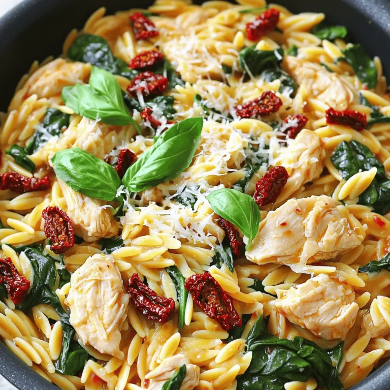 - 2 chicken breasts, diced into bite-sized pieces - 1 cup orzo pasta - 1 cup sun-dried tomatoes, finely chopped (in oil, drained) These main ingredients create the heart of the dish. The chicken gives protein and flavor. Orzo adds a fun pasta twist, while sun-dried tomatoes bring a rich, tangy taste that shines through. - 1 medium onion, diced - 2 cloves garlic, minced - 1 teaspoon dried Italian herbs (like oregano, basil, and thyme) - ½ teaspoon red pepper flakes (optional, for a spicy kick) - 2 tablespoons olive oil The aromatics enhance the dish with warmth and depth. Onion and garlic are key for building flavor. The Italian herbs blend wonderfully, while red pepper flakes add a touch of heat if you like it spicy. - 2 cups chicken broth - 1 cup fresh spinach, chopped - Fresh basil leaves and grated Parmesan cheese for garnishing Chicken broth serves as the base for cooking the orzo. It infuses the pasta with savory notes. The spinach adds freshness and color. Basil and Parmesan finish the dish beautifully, adding aroma and creaminess that elevate every bite. 1. Heat olive oil in a skillet over medium heat. Wait until it shimmers. 2. Season the diced chicken with salt, pepper, and optional red pepper flakes. 3. Add the chicken to the skillet. Sauté it for 5 to 7 minutes. 4. Look for a nice golden brown color. Make sure it is fully cooked. 5. Remove the chicken using a slotted spoon. Set it aside on a plate. 1. In the same skillet, add diced onion and minced garlic. 2. Sauté the mixture for 3 to 4 minutes. Stir occasionally until the onion is soft and clear. 3. Next, mix in the chopped sun-dried tomatoes and dried Italian herbs. 4. Cook this blend for 2 minutes. This helps all the flavors come together. 1. Add the orzo pasta to the skillet. Stir well to combine. 2. Toast the orzo for 1 to 2 minutes while stirring. This adds a nice nutty flavor. 3. Pour in the chicken broth and stir again. 4. Increase the heat to bring the broth to a boil. Then, reduce the heat to low. 5. Cover the skillet and let it simmer for 10 to 12 minutes. Stir occasionally to prevent sticking. 1. When the orzo is tender, return the cooked chicken to the skillet. 2. Add the chopped spinach. Stir well until the spinach wilts. 3. Taste the dish and adjust the seasoning. Add more salt or pepper if needed. 4. Serve warm, garnished with fresh basil and grated Parmesan cheese. Enjoy the delightful flavors! - To ensure your orzo cooks perfectly, watch the broth. Bring it to a boil before adding the orzo. Stir it well to prevent sticking. Let it simmer gently until it is al dente, about 10 to 12 minutes. - To sauté chicken evenly, cut it into uniform pieces. This helps it cook at the same rate. Don’t overcrowd the pan; give each piece space to brown. - For added spice, try cayenne or smoked paprika. A pinch can elevate the dish. Fresh herbs like parsley or thyme can also add a nice touch. - To enrich the flavor, use homemade chicken broth if possible. Adding a splash of white wine while cooking the onions brings depth to the taste. - For garnishing, fresh basil leaves and grated Parmesan cheese add color and flavor. Place them on top just before serving. - Serve in deep bowls to showcase the vibrant colors. Pair with crusty bread for a delightful meal experience. {{image_4}} You can switch the chicken for shrimp or turkey. Shrimp cooks fast and adds a nice seafood twist. Use about 1 pound of shrimp, peeled and deveined. For turkey, use ground turkey or turkey breast diced into small pieces. Both options work well in this recipe. If you want a vegetarian dish, try plant-based proteins like chickpeas or tofu. They soak up flavors and still taste great. If you don’t have orzo, use other pasta types like penne or farfalle. Keep the cooking time in mind, as different pasta shapes may take longer. Whole grain pasta is a healthy swap that adds fiber. For gluten-free options, use gluten-free orzo or any gluten-free pasta. Both will still give you a tasty meal. Adding different vegetables can change the dish a lot. Try bell peppers, zucchini, or mushrooms. They add color and taste. For extra flavor, use Mediterranean spice blends. Mix in some cumin, coriander, or smoked paprika for a unique twist. These changes keep the dish fresh and exciting every time you make it. Store your One-Pan Sun-Dried Tomato Chicken Orzo in an airtight container. This keeps it fresh. Make sure it cools down first. Place it in the fridge for up to three days. After that, it may lose flavor and texture. Always check for any signs of spoilage before eating. If you want to save leftovers for later, freezing is a great option. First, let the dish cool completely. Then, scoop it into freezer-safe bags or containers. Remove as much air as possible before sealing. This prevents freezer burn. You can freeze it for up to three months. When you are ready to eat, take it out of the freezer. Thaw it overnight in the fridge. Reheat it on the stove over low heat. Add a splash of chicken broth to keep it moist. Stir often until it is heated through. Enjoy your meal just like the first time! Can I make this recipe ahead of time? Yes, you can make this dish ahead. Prepare it and store it in the fridge. Reheat it on the stove or microwave before serving. What can I use instead of sun-dried tomatoes? You can use fresh tomatoes or roasted red peppers. Both options add great flavor. Is this dish suitable for meal prep? Absolutely! This recipe is perfect for meal prep. It holds well in the fridge and reheats nicely. How do I make a creamy version of this dish? To make it creamy, add a splash of heavy cream or cream cheese. Stir it in just before serving for a rich, smooth finish. In this blog post, I shared how to make One-Pan Sun-Dried Tomato Chicken Orzo. We explored the main ingredients like chicken, orzo, and sun-dried tomatoes. I outlined each cooking step, from prepping the chicken to combining all elements. You learned tips for perfecting flavor and presentation, plus variations and storage options. Remember, this dish is versatile and can adapt to your tastes. Experiment with flavors and ingredients. Enjoy making this easy, delicious meal!