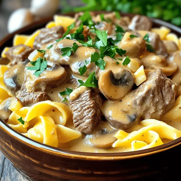 For a hearty beef stroganoff, gather these main items: - 2 pounds beef chuck, cut into 1-inch cubes - 1 medium onion, finely diced - 3 cloves garlic, minced - 8 ounces mushrooms, sliced - 4 cups low-sodium beef broth - 1 cup sour cream or Greek yogurt - 12 ounces wide egg noodles These ingredients form the base of your dish. The beef chuck gives a rich flavor. Onions and garlic add sweetness and depth. Mushrooms bring umami goodness. Beef broth creates a flavorful sauce, while sour cream or Greek yogurt adds creaminess. Egg noodles soak up all that delicious sauce. To elevate your stroganoff, include these seasonings: - 1 tablespoon Worcestershire sauce - 2 teaspoons dried thyme - 1 teaspoon smoked paprika - Salt and freshly cracked black pepper to taste These seasonings play a key role. Worcestershire sauce adds a tangy depth. Thyme gives a fresh herbal note. Smoked paprika lends a warm, smoky flavor. Adjust salt and pepper to your liking for a balanced taste. Feel free to customize your stroganoff with these optional items: - 2 tablespoons cornstarch mixed with 2 tablespoons cold water (for thickening) - Fresh parsley, chopped (for garnish) Cornstarch helps if you want a thicker sauce. Fresh parsley adds a pop of color and freshness to your dish. You can also add a pinch of red pepper flakes for heat or use different mushrooms for variety. Personalize your stroganoff to suit your taste! First, take 2 pounds of beef chuck and cut it into 1-inch cubes. Next, season the beef. Use salt, pepper, smoked paprika, and dried thyme. Toss the beef well to coat each piece. This step adds great flavor to the meat. Now, transfer the seasoned beef into the slow cooker. Add the diced onion, sliced mushrooms, and minced garlic. Distributing these ingredients helps them cook evenly. Pour in 4 cups of low-sodium beef broth and add 1 tablespoon of Worcestershire sauce. Stir gently to combine everything and make sure it is all submerged in the liquid. Cover the slow cooker and set it on low heat for 7-8 hours. You can also cook it on high heat for 3-4 hours. Check the beef for doneness; it should be tender and easy to shred. About 30 minutes before serving, cook 12 ounces of wide egg noodles according to the package instructions. Drain and set them aside. If you want a thicker sauce, mix 2 tablespoons of cornstarch with 2 tablespoons of cold water. Stir this into the slow cooker and cook for an extra 10-15 minutes. Finally, mix in 1 cup of sour cream or Greek yogurt to make the sauce creamy. Adjust seasoning if needed. Serve the stroganoff over the egg noodles and enjoy! To get that dream creamy texture, add sour cream slowly. After cooking, wait until the beef is tender. Stir in the sour cream gently. This way, it blends well without curdling. Greek yogurt is a lighter option, too. Just remember to taste as you go! If your sauce needs thickening, use a cornstarch slurry. Mix two tablespoons of cornstarch with two tablespoons of cold water. Stir this mix into your slow cooker about 10-15 minutes before serving. This will help the sauce become rich and velvety quickly. Seasoning is key to a great beef stroganoff. Start with salt and pepper when you season the beef. Add smoked paprika and dried thyme for depth. Taste the sauce before serving. Adjust with more salt or pepper if needed. Fresh parsley adds a nice touch at the end! {{image_4}} You can swap sour cream for Greek yogurt. It tastes great and adds protein. Another option is to use cashew cream. Simply blend soaked cashews with water until smooth. This keeps the dish creamy but lighter. Think about adding veggies for more taste. Carrots and peas work well. You can also use bell peppers or green beans. Adding these gives more color and nutrients. Toss them in the slow cooker with the beef for a delicious twist. Egg noodles are classic, but feel free to try others. You can use whole wheat pasta for a healthier choice. Rice noodles or spiralized zucchini make great gluten-free options. Each choice will give a unique texture to your beef stroganoff. After a tasty meal, you might have leftovers. Let the beef stroganoff cool down. Once it’s cool, place it in an airtight container. Make sure to seal it well. Store it in the fridge for up to three days. If you want to keep it longer, consider freezing it. When ready to enjoy the leftovers, reheat them on the stove. Use a medium heat and stir often. You can also use a microwave. Put the stroganoff in a microwave-safe bowl. Heat it in short bursts, stirring in between. Make sure it is hot all the way through before serving. If you freeze the beef stroganoff, use an airtight container or freezer bag. It can last up to three months in the freezer. When you’re ready to eat, thaw it in the fridge overnight. Reheat it gently on the stove or in the microwave. It should taste just as good as when you first made it! Yes, you can use other cuts of beef. Some great options are sirloin or tenderloin. These cuts cook faster and have a nice texture. Just remember to adjust the cooking time. If you use a tender cut, check it after a few hours. You want it tender, not overcooked. To make this dish gluten-free, swap the egg noodles for gluten-free pasta. You can also use gluten-free cornstarch to thicken the sauce instead of regular flour. Always check the broth and Worcestershire sauce labels. They can contain gluten. With these swaps, you still get that great flavor. Beef Stroganoff goes well with many sides. Here are a few ideas: - Steamed green beans - Mashed potatoes - Roasted vegetables - Crusty bread These sides add balance and enhance the meal's comfort. Each bite will be a delight! This blog post covered the essential ingredients and step-by-step instructions for a perfect Beef Stroganoff. We explored tips for creaminess, sauce thickness, and best seasoning practices. You learned how to adapt the recipe with healthier alternatives, extra veggies, and noodle options. We also discussed storage and reheating methods to keep your dish fresh. Remember, cooking is fun and creative. Don't be afraid to experiment with flavors. Enjoy your Beef Stroganoff adventure!