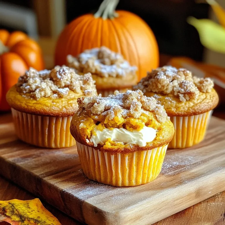 - 1 ½ cups all-purpose flour - 1 teaspoon baking powder - ½ teaspoon baking soda - ½ teaspoon salt - 1 teaspoon ground cinnamon - ½ teaspoon ground nutmeg - ½ cup granulated sugar - ½ cup brown sugar, packed - ½ cup vegetable oil - 2 large eggs - 1 cup canned pumpkin puree - 1 teaspoon vanilla extract - 1 package (8 oz) cream cheese, softened - ⅓ cup powdered sugar - ½ teaspoon vanilla extract (for cream cheese filling) - ½ cup rolled oats - ¼ cup cold butter, cubed - ¼ cup brown sugar (for streusel) - ½ teaspoon cinnamon (for streusel) Gluten-free alternatives: You can use a gluten-free flour blend instead of all-purpose flour. Look for a brand that works well in baking. Sugar substitutes: If you want to cut sugar, try using stevia or monk fruit sweetener. Adjust the amount based on the brand you choose. Dairy-free options: Swap cream cheese with vegan cream cheese. Use a plant-based milk for the wet ingredients if needed. - Preheat the Oven: Start by preheating your oven to 350°F (175°C). This step is key for even baking. Line a standard muffin tin with paper liners to prepare for baking. - Mix Dry Ingredients: In a large bowl, whisk together 1 ½ cups all-purpose flour, 1 teaspoon baking powder, ½ teaspoon baking soda, and ½ teaspoon salt. Add in 1 teaspoon ground cinnamon and ½ teaspoon ground nutmeg. Mix well and set aside. - Combine Wet Ingredients: In another bowl, blend ½ cup granulated sugar, ½ cup packed brown sugar, and ½ cup vegetable oil until smooth. Crack in 2 large eggs and add 1 cup canned pumpkin puree along with 1 teaspoon vanilla extract. Mix thoroughly until you have a smooth batter. - Incorporate Dry Ingredients: Gradually add the dry mixture to the wet mixture. Use a spatula to fold the two together gently. Be careful not to overmix; this keeps the muffins light and fluffy. - Prepare Cream Cheese Filling: In a small bowl, beat 1 package (8 oz) softened cream cheese with ⅓ cup powdered sugar and ½ teaspoon vanilla extract. Mix until creamy and smooth. Set this tasty filling aside. - Create the Streusel Topping: In another bowl, combine ½ cup rolled oats, ¼ cup cold cubed butter, ¼ cup packed brown sugar, and ½ teaspoon cinnamon. Use your fingers or a fork to mix until you get a crumbly texture. - Assemble the Muffins: Take the muffin liners filled with the pumpkin batter. Add about ⅓ of the batter to each liner. Place about 1 teaspoon of cream cheese filling in the center. Top with more batter until the liners are about ¾ full. - Top with Streusel: Generously sprinkle the streusel topping over each muffin. This adds a delightful crunch to each bite. - Bake the Muffins: Place the muffin tin in the preheated oven. Bake for 18-22 minutes. To check if they are done, insert a toothpick into the center of a muffin. It should come out clean when they are ready. - Cooling: Once baked, let the muffins cool in the tin for 10 minutes. After that, transfer them to a wire rack to cool completely. This helps them stay moist and fluffy. - Avoiding Overmixing: Mix the batter gently. You want to combine the wet and dry ingredients just until you see no dry flour. Overmixing can make your muffins tough. - Ensuring Even Baking: To bake evenly, use a muffin tin with the same size cups. Rotate the tin halfway through baking. This helps muffins cook evenly and rise nicely. - Adding nuts or chocolate chips: You can swirl in chopped nuts or chocolate chips for added texture. Just fold them in gently before baking. - Using different spices: Try adding a pinch of ginger or cloves for more warmth. This can give your muffins a unique twist. - Decorating with cinnamon: After baking, sprinkle a little cinnamon on top. This adds flavor and makes your muffins look great. - Serving ideas for special occasions: Serve your muffins on a pretty plate. Pair them with hot coffee or tea for a delightful treat. A small decorative pumpkin can also add a lovely touch to your display. {{image_4}} You can change the flavor of your pumpkin cream cheese muffins for fun twists. Here are two tasty ideas: - Chocolate Pumpkin Cream Cheese Muffins: Add semi-sweet chocolate chips to your batter. This will give a rich taste that pairs well with pumpkin. Just fold in about 1 cup of chocolate chips after mixing your wet and dry ingredients. - Apple Cinnamon Streusel Muffins: For a fruity spin, mix in diced apples. Use about 1 cup of peeled and chopped apples. This adds moisture and a nice crunch. You can also sprinkle some extra cinnamon in the batter for more flavor. You can easily modify the recipe to fit specific diets. Here are two options: - Vegan Pumpkin Muffins: Replace eggs with flax eggs. To make one flax egg, mix 1 tablespoon of ground flaxseed with 2.5 tablespoons of water. Let it sit for about five minutes until it gels. Use plant-based milk instead of cream cheese filling, like cashew cream. - Low-carb alternatives: Use almond flour in place of all-purpose flour. This keeps the muffins low in carbs. Also, substitute sugar with a low-carb sweetener like erythritol. This way, you can enjoy your muffins while keeping your carb count down. To keep your pumpkin cream cheese muffins fresh, store them at room temperature. Place them in an airtight container. They can stay good for about three days. If you want them to last longer, consider refrigeration. In the fridge, they can stay fresh for about a week. Just remember to seal them well to prevent drying out. To freeze your muffins, first let them cool completely. Then, wrap each muffin tightly in plastic wrap. Place the wrapped muffins in a freezer-safe bag or container. This keeps them fresh for up to three months. When you want to enjoy a muffin, take it out of the freezer. Let it thaw in the fridge overnight. If you want it warm, reheat it in the microwave for about 15-20 seconds. You can also warm it in an oven set to 350°F for about 10 minutes. This way, your muffins will taste fresh and fluffy! How long do Pumpkin Cream Cheese Muffins last? Pumpkin Cream Cheese Muffins stay fresh for about 3 days at room temperature. Store them in an airtight container to keep them moist. Can I make these muffins ahead of time? Yes, you can prepare the batter a day prior. Store it in the fridge overnight. Just remember to bake them fresh in the morning for best results. What can I substitute for cream cheese in the filling? You can use mascarpone cheese or Greek yogurt as a cream cheese alternative. Both options provide a creamy texture and mild flavor. Are these muffins okay to freeze? Absolutely! These muffins freeze well. Wrap them tightly in plastic wrap and place them in a freezer bag. They can last up to 3 months in the freezer. This blog post gave a clear recipe for making delicious Pumpkin Cream Cheese Muffins. It covered ingredients, preparation steps, baking tips, and storage methods. Adding variations and dietary options lets you customize these treats easily. You can enjoy baking and sharing these muffins with friends and family. With this guide, you will bake muffins that impress everyone. Remember, the joy in baking comes from trying new flavors and sharing your creations. Enjoy the process and savor every bite!