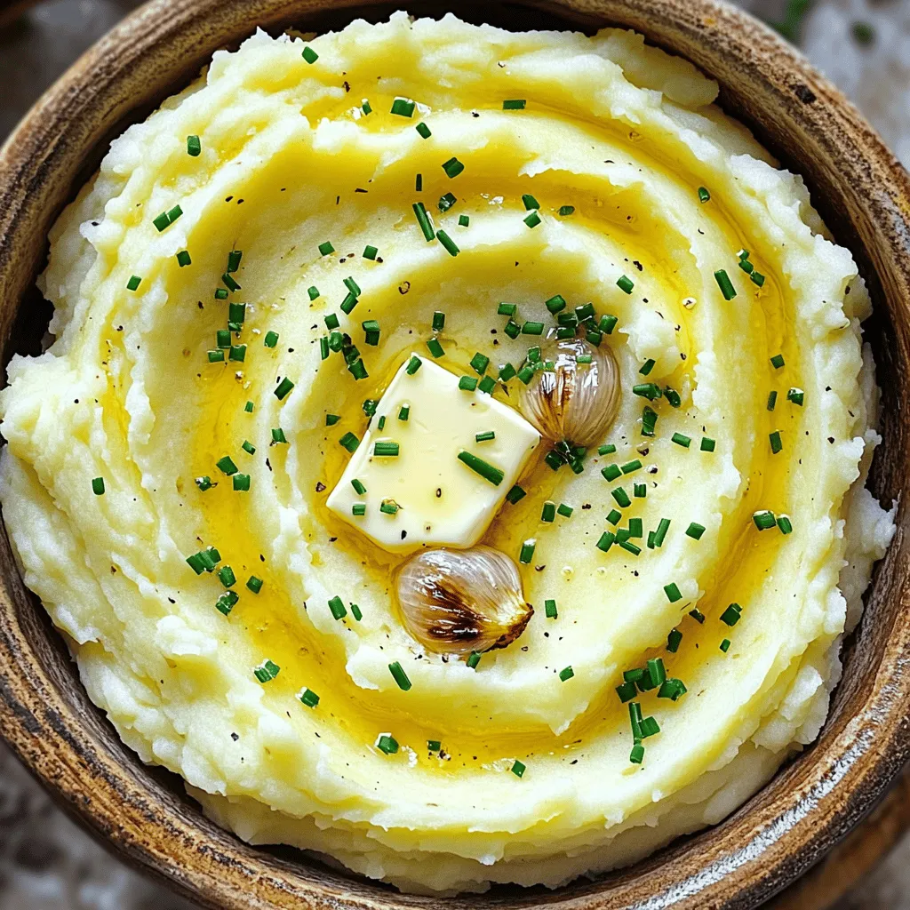 - 2 pounds Yukon Gold potatoes, peeled and cut into uniform chunks - 1 whole head of garlic - 1/2 cup unsalted butter, softened to room temperature - 1 cup heavy cream - 1/2 cup sour cream Yukon Gold potatoes shine in this dish. They are creamy and hold flavor well. Their natural sweetness pairs perfectly with roasted garlic. I love using a whole head of garlic for a rich taste. Roasting it brings out its sweet, mellow tones. The butter, heavy cream, and sour cream add the right creaminess. - Salt - Freshly ground black pepper Seasoning is key. Salt enhances the taste of the potatoes and garlic. Freshly ground black pepper adds warmth and depth. Adjust these to suit your palate, ensuring a balanced flavor. - Fresh chives Fresh chives are a delightful touch. They add a pop of color and a mild onion flavor. Sprinkle them on top right before serving. This simple step elevates the dish’s appearance and taste. - Preheat the oven: Set your oven to 400°F (200°C). This will help roast the garlic evenly. - Roast garlic head: Cut off the top of the garlic bulb. Wrap it in foil. Place it in the oven for 30-35 minutes. The cloves should be soft and smell amazing. - Boil the Yukon Gold potatoes: In a large pot, put the peeled and cut potatoes. Cover them with water and add salt. Boil over medium-high heat for 15-20 minutes. Test with a fork; they should be tender. - Drain and keep warm: Once cooked, drain the potatoes. Return them to the pot to stay warm while you finish. - Combine garlic and potatoes: When the garlic cools a bit, squeeze the soft cloves into the pot with the potatoes. Discard the skins. - Add butter, cream, and sour cream: Mix in the softened butter, heavy cream, and sour cream. - Mash until smooth: Use a potato masher or hand mixer. Mash until creamy. Adjust cream for your desired texture. Season with salt and pepper for flavor. Now, you have a bowl of roasted garlic mashed potatoes that is creamy and full of taste! To make your mashed potatoes creamy, adjust the cream amount. Start with one cup, then add more if needed. Use a potato masher for a rustic texture or a hand mixer for smooth results. Each tool gives a different feel to the dish. Perfect seasoning makes a big difference. Use salt and freshly ground black pepper to enhance taste. You can also add fresh herbs or spices. Chives, rosemary, or thyme can elevate flavors and add freshness. Roasted garlic mashed potatoes pair well with many proteins. Try them with grilled chicken, beef, or roasted vegetables. For a nice touch, serve them in a bright bowl. A sprinkle of chives on top adds color and flavor. {{image_4}} You can make roasted garlic mashed potatoes even better with cheese. Try adding cream cheese for a rich and tangy taste. Just mix in about 1/2 cup after mashing. It will give your potatoes a creamy texture. Another great option is Parmesan cheese. Mix in 1/2 cup of grated Parmesan for a nutty flavor. This cheese melts well and adds depth to the dish. Fresh herbs can elevate your mashed potatoes. Adding rosemary gives a woodsy taste that pairs well with garlic. Chop about 1 tablespoon of fresh rosemary and mix it in after mashing. Another option is thyme. It has a light, floral flavor that brightens the dish. Use around 1 tablespoon of fresh thyme for a delightful twist. You don’t have to stick to Yukon Gold potatoes. Red potatoes make a great choice too. They have a waxy texture that keeps them creamy when mashed. For a sweeter flavor, consider sweet potatoes. They add a lovely orange hue and a hint of sweetness. Just substitute the same amount of sweet potatoes for the Yukon Gold. To store your leftovers, place the mashed potatoes in an airtight container. Let them cool to room temperature before sealing. Store in the fridge for up to three days. When reheating, use a saucepan on low heat. Stir occasionally to warm through evenly. You can also use a microwave, but heat in short bursts to avoid drying them out. For freezing, scoop the mashed potatoes into freezer-safe bags or containers. Remove as much air as possible to prevent freezer burn. Label and date each container. They can last up to three months in the freezer. To thaw, move them to the fridge overnight. Reheat in a pot, adding a splash of cream or milk for creaminess. Stir frequently to ensure even heating. Roasted garlic mashed potatoes last about 3-5 days in the fridge. Store them in an airtight container. If you notice any changes in smell or texture, it’s best to toss them. Yes, you can use other potatoes. Yukon Gold gives a creamy texture, but red or russet potatoes work too. Each type will change the flavor and texture slightly. Experiment to find your favorite! Absolutely! For a dairy-free version, replace butter with olive oil and use plant-based cream. Many options exist like cashew cream or coconut cream. They will add unique flavors to your mashed potatoes. Roasted garlic mashed potatoes pair well with many dishes. Try them with grilled chicken, beef, or roasted vegetables. They also enhance a rich stew or a savory pork chop. The creamy texture complements many meals! Roasted garlic mashed potatoes are a rich and tasty dish. We explored key ingredients like Yukon Gold potatoes, garlic, butter, and cream. You learned how to prepare, cook, and mix for that perfect texture. Remember to customize with herbs, cheese, or other potatoes for variety. Store leftovers properly to enjoy later. Follow these steps and tips to impress everyone at your next meal. Enjoy creating this delightful dish and making it your own!