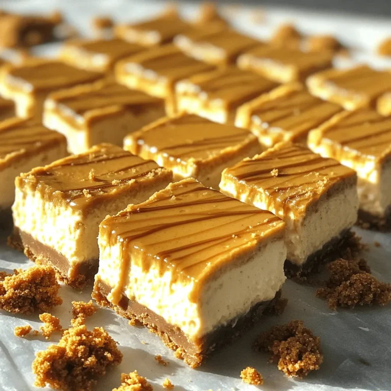 Here’s what you need for your no-bake Biscoff cheesecake bars: - 200g Biscoff cookies, finely crushed - 100g unsalted butter, melted and slightly cooled - 300g cream cheese, softened to room temperature - 250ml heavy whipping cream, chilled - 100g powdered sugar, sifted - 100g Biscoff spread (plus extra for drizzling) - 1 teaspoon pure vanilla extract - A pinch of salt - Extra Biscoff cookies, crushed, for garnish (optional) Each ingredient plays a key role in making these bars creamy and delicious. The Biscoff cookies form a rich, buttery crust that adds a nice crunch. Cream cheese gives the filling its smooth texture, while heavy cream adds lightness. The Biscoff spread brings in that signature flavor, making every bite a delight. Make sure your cream cheese is at room temperature. This helps it blend smoothly. Chill your heavy cream well; it whips better when cold. If you want to add a touch of flair, consider garnishing with crushed cookies or a drizzle of extra Biscoff spread. This adds a lovely look and taste. Gather these ingredients, and you are ready to create a dessert that’s sure to impress! To start, take your Biscoff cookies and crush them finely. You can use a food processor or a plastic bag and a rolling pin. Aim for a fine crumb that resembles sand. Next, melt your unsalted butter and let it cool a little. In a mixing bowl, combine the crushed Biscoff cookies with the melted butter. Mix well until the texture feels like wet sand. Now, it's time to form the base. Grab an 8x8-inch baking pan lined with parchment paper. Firmly press the cookie mixture into the bottom of the pan. Make sure it’s even and compact. This forms the perfect crust for your bars. Once done, place the pan in the refrigerator to chill while you prepare the cheesecake filling. For the cheesecake mixture, take your softened cream cheese and place it in a separate bowl. Use an electric mixer to beat it until it’s completely smooth. You want a creamy texture with no lumps. This step is key for a nice filling. Now, add the sifted powdered sugar, Biscoff spread, vanilla extract, and a pinch of salt into the smooth cream cheese. Mix well until everything is combined. The mixture should be rich and creamy, making your cheesecake filling delicious. In another bowl, whip the chilled heavy cream using a hand mixer. Beat it until stiff peaks form. This step adds lightness to your cheesecake filling. Carefully fold the whipped cream into the cream cheese mixture using a spatula. Be gentle here to keep the airiness. Mix until you see no streaks of whipped cream. Now it’s time to assemble the bars. Pour the luscious cheesecake filling over the chilled cookie crust. Use a spatula to smooth the top and create an even layer. Cover the pan and place it in the refrigerator. Chill for at least 4 hours. For the best results, letting it set overnight is ideal. Once the cheesecake has fully set, carefully lift it out of the pan using the parchment paper. Cut into 9 bars for perfect portions. If you want to add an extra touch, drizzle warm Biscoff spread over each bar. You can also sprinkle crushed Biscoff cookies on top for added sweetness and crunch. Enjoy your creamy treat! To make the best no-bake Biscoff cheesecake bars, start with room temperature cream cheese. Cold cream cheese makes it hard to mix. It can leave lumps in your filling. Let the cream cheese sit out for about 30 minutes before using it. When whipping the cream, use a chilled bowl and beaters. This helps the cream whip up nicely. Beat it until stiff peaks form. You will know it’s ready when you can turn the bowl upside down and the cream stays in place. This adds lightness to your cheesecake. Presentation matters! Serve your cheesecake bars on a pretty platter. You can drizzle warm Biscoff spread on top for extra flavor. Sprinkle crushed Biscoff cookies around the edges for a fun touch. These cheesecake bars pair well with fresh fruit like strawberries or raspberries. A dollop of whipped cream on the side also adds a nice touch. Enjoy every bite of this creamy treat! {{image_4}} You can easily change the taste of your No-Bake Biscoff Cheesecake Bars. Here are some fun ideas: - Adding chocolate or caramel essence: Stir in a bit of chocolate or caramel syrup to your cheesecake mix. This adds a rich layer of flavor. Just a tablespoon or two can make a big difference! - Alternative spreads or toppings: Try using Nutella or peanut butter instead of Biscoff spread. You can also top the bars with fresh fruit or a swirl of whipped cream. These changes can make your bars unique and exciting. Making this dessert fit special diets is simple! - Gluten-free options with cookie substitutions: Swap Biscoff cookies with gluten-free cookies. Many brands offer gluten-free options that taste great. Just ensure your butter is also gluten-free. - Vegan adaptations for non-dairy ingredients: For a vegan version, use a dairy-free cream cheese and coconut cream in place of heavy cream. Almond or cashew cream works well, too. Make sure your cookie choice is also vegan! These variations keep your No-Bake Biscoff Cheesecake Bars fun and inclusive for everyone. Feel free to experiment and find your favorite twist! To keep your no-bake Biscoff cheesecake bars fresh, store them in the fridge. Use an airtight container to prevent them from absorbing smells. You can also cover the pan tightly with plastic wrap. This keeps the bars moist and tasty. If you want to keep them longer, freezing is a great option. Wrap each bar in plastic wrap, then place them in a freezer bag. This helps protect them from freezer burn. Make sure to label the bag with the date. In the fridge, these cheesecake bars will stay good for about five days. If you freeze them, they can last for up to three months. When you're ready to eat, just thaw them in the fridge overnight. Enjoy the creamy goodness! Yes, you can! If you want to swap the Biscoff cookies, here are some tasty options: - Graham crackers: These give a classic cheesecake flavor. - Oreos: Chocolate lovers will enjoy this twist. - Digestive biscuits: These add a nice crunch. - Sugar cookies: A sweet and soft alternative. Feel free to mix and match based on your taste. Each cookie brings its own charm! You can tell when your cheesecake is set by looking for these signs: - Firm edges: The edges should feel firm to the touch. - Slight jiggle: The center can have a slight jiggle but not be liquid. - Chilled time: Chill for at least 4 hours, overnight is best. Proper chilling makes the bars creamy and easy to slice. If your cheesecake mixture is too runny, don’t worry! Here are some tips to fix it: - Add more cream cheese: Blend in a bit more to thicken the mixture. - Whip it longer: Make sure to whip the cream to stiff peaks. - Chill longer: Sometimes, extra chilling helps it set up more. Adjusting these elements will help you achieve that perfect creamy texture. You now know how to make delicious Biscoff cheesecake bars. We covered the key ingredients, step-by-step instructions, and storage tips. Remember to use room temperature cream cheese for the best texture and try different flavors or diets to make it your own. These bars are not just tasty; they also look great and store well. Enjoy your homemade treat!