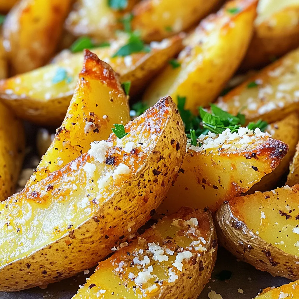 - 4 medium russet potatoes - 3 tablespoons extra virgin olive oil - 4 cloves garlic, finely minced - 1 teaspoon garlic powder - 1 teaspoon onion powder - 1 teaspoon dried Italian seasoning - ½ cup freshly grated Parmesan cheese - Salt and pepper to taste - Fresh parsley, finely chopped (for garnish) To make these Air Fryer Garlic Parmesan Potato Wedges, you need a few key ingredients. First, choose 4 medium russet potatoes. They are perfect for wedges because of their texture. Next, gather 3 tablespoons of extra virgin olive oil. This adds flavor and helps with crispiness. You will need 4 cloves of garlic, finely minced. Fresh garlic brings a rich taste. Also, grab 1 teaspoon each of garlic powder and onion powder for extra flavor. Add 1 teaspoon of dried Italian seasoning to give it a nice herb blend. Don't forget the cheese! Use ½ cup of freshly grated Parmesan cheese. This will melt beautifully on top of your wedges. Lastly, season with salt and pepper to taste. For a pop of color, use fresh parsley, finely chopped, as a garnish. These ingredients combine to create a crunchy, savory treat. The flavors mix perfectly in the air fryer. You will enjoy every bite of these delicious potato wedges! First, wash and scrub the russet potatoes under running water. This step removes dirt and impurities. Next, cut each potato into equal wedges. Aim for about eight wedges per potato. Keep the skin on for added texture and flavor. Soaking potato wedges is key for crispiness. Place the cut wedges in a large bowl of cold water. Let them soak for about 30 minutes. This process helps remove excess starch and enhances the crunch when cooked. After soaking, drain the wedges and pat them dry with paper towels. This ensures they are moisture-free. In a mixing bowl, whisk together olive oil, minced garlic, garlic powder, onion powder, Italian seasoning, salt, and pepper. Toss the dried potato wedges in the bowl until each wedge is well-coated with the seasoning mix. Set your air fryer to preheat at 400°F (200°C) for around 5 minutes. Preheating is crucial. It helps achieve that perfect crispy texture on your potato wedges. Place the seasoned wedges in the air fryer basket in a single layer. Avoid overcrowding the basket; if needed, cook in batches. Air fry for 15-20 minutes. Shake the basket halfway through to ensure even cooking. When the wedges are golden and crispy, sprinkle grated Parmesan cheese over them. Return the wedges to the air fryer for another 2-3 minutes. This melts the cheese and gives it a lovely golden color. Carefully take the potato wedges out of the air fryer. Garnish with finely chopped fresh parsley for a pop of color. Serve the hot wedges with your favorite dip, like ranch or marinara. Enjoy your crunchy treat! Soaking your potato wedges is key. This step removes excess starch. It helps the wedges crisp up nicely. I recommend soaking for 30 minutes in cold water. After soaking, pat the wedges dry with paper towels. This helps remove moisture, which can lead to soggy fries. Set your air fryer to 400°F (200°C). Preheating for about 5 minutes makes a big difference. It ensures the wedges cook evenly and get that desired crunch. Feel free to get creative with your seasonings. You can add chili flakes for heat or smoked paprika for a smoky flavor. Try mixing in some cumin or coriander for an earthy twist. Don’t limit yourself to just Parmesan cheese. Cheddar or mozzarella also works well. You can even mix different cheeses for a unique taste. Cleaning your air fryer after use is vital. Food can stick if you don’t clean it well. Allow it to cool, then wipe down the basket with a damp cloth. To prevent sticking, use a light coat of oil before cooking. This simple step helps your wedges slide out easily. Remember, a clean air fryer cooks better! {{image_4}} You can add a kick to your potato wedges. Mix in chili flakes or cayenne pepper. Start with a pinch and taste as you go. This heat pairs well with the garlic and cheese. If you like it hot, feel free to add more. This easy change brings a new flavor to the dish. Fresh herbs make these wedges even better. Try using rosemary or thyme. Chop the herbs finely and mix them into the seasoning. This adds a nice aroma and taste. You can use a mix or just one type of herb. Each choice brings its own charm to your potato wedges. If you want to switch up the cheese, try cheddar or mozzarella. Both cheeses melt well and add a different flavor. Use the same amount as the Parmesan. For a richer taste, mix cheeses together. This gives the wedges a fun twist and keeps them exciting. To keep your leftover wedges fresh, let them cool completely. Place them in an airtight container. You can store them in the fridge for up to three days. Make sure to separate layers with paper towels to absorb moisture. This will help keep them crispy. When you are ready to enjoy your leftover wedges, use the air fryer for reheating. Preheat the air fryer to 375°F (190°C). Place the wedges in the basket in a single layer. Heat them for about 5-7 minutes. This will help restore their crunch. Avoid using the microwave, as it makes them soggy. If you want to freeze your wedges, here's how to do it. First, flash freeze them before storing. Spread uncooked wedges on a baking sheet. Freeze for about an hour until firm. Then, transfer them to a freezer bag. They can stay frozen for up to three months. When ready to cook, no need to thaw. Just air fry them straight from the freezer! Yes, you can use other potatoes. I suggest Yukon Gold or sweet potatoes. They both add different flavors. Yukon Gold has a buttery taste, while sweet potatoes give a hint of sweetness. Soak the potatoes for about 30 minutes. This step helps remove excess starch. With less starch, the wedges turn out crispier. You can soak them longer if you like, but 30 minutes works great. Some tasty sauces are ranch, marinara, and garlic aioli. Ranch is creamy and tangy, while marinara adds a nice tomato flavor. Garlic aioli gives an extra garlic kick that matches well with the wedges. To make them healthier, you can use less oil. You could also try cooking them in the oven instead of an air fryer. Baking at a high temperature gives a nice crunch without as much oil. Another option is using a cooking spray instead of pouring oil. These garlic Parmesan potato wedges offer a tasty and crispy side dish. We covered the ingredients, step-by-step instructions, and tips to ensure perfect wedges. Remember to soak the potatoes for best results and experiment with different flavors. You can customize the recipe and even store leftovers easily. Enjoy these wedges with your favorite dipping sauces for a satisfying snack or side. Try making them your own, and have fun in the kitchen!