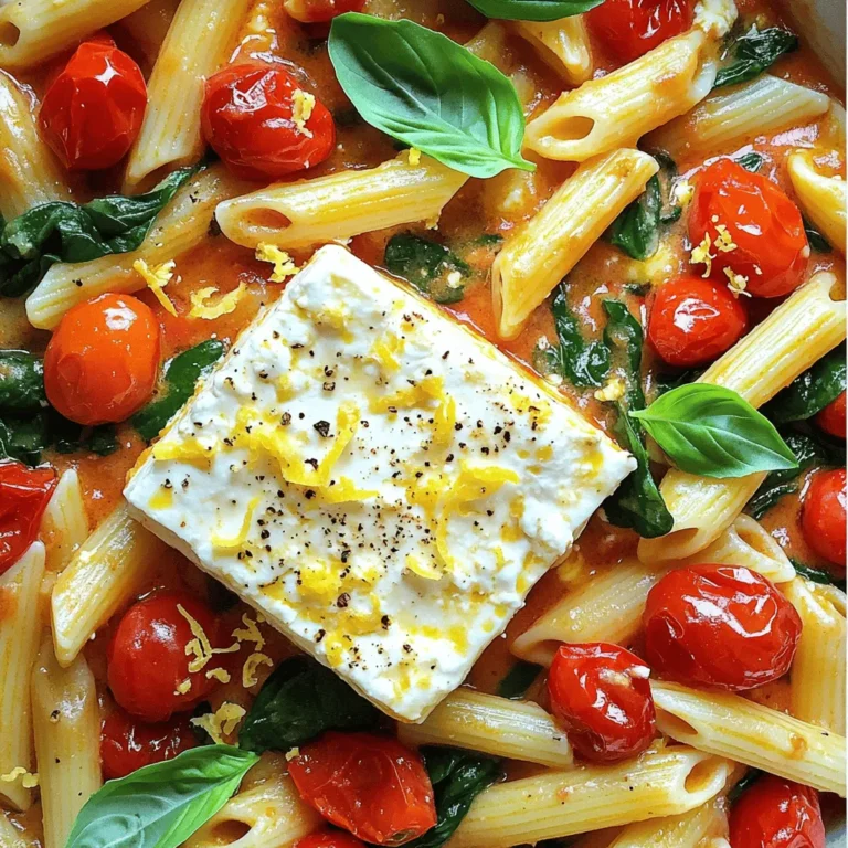 - 200g pasta (penne or fusilli) - 200g block of feta cheese - 400g cherry tomatoes (a vibrant mix of colors is ideal) - 4 cloves of garlic, finely minced - 1/4 cup extra virgin olive oil - 1 teaspoon dried oregano - Salt and freshly cracked black pepper, to taste - 2 cups fresh spinach, roughly chopped - Fresh basil leaves for garnish - Zest of 1 lemon, for brightness For this recipe, you will need some simple yet flavorful ingredients. First, choose your pasta. Penne or fusilli works best. Both shapes hold the sauce well. Next, grab a block of feta cheese. It melts beautifully and adds creaminess. Cherry tomatoes are key. Use a mix of colors for a vibrant look. You’ll also need garlic for flavor. Mince four cloves finely for the best taste. Extra virgin olive oil brings richness. Add one-fourth cup to your dish. Dried oregano adds a nice touch. Just one teaspoon will do. Season with salt and black pepper to taste. Fresh spinach will add nutrition and color; about two cups chopped will work great. For garnish, use fresh basil leaves. They add aroma and flavor. Lastly, lemon zest brightens the dish, making it pop. Make sure to gather everything before you start. This will make cooking smooth and easy. Enjoy the process of bringing these ingredients together! Preheating your oven is key for even baking. When the oven is hot, it cooks food properly. Set your oven to 400°F (200°C) now. This step helps the feta and tomatoes roast perfectly. In a large, oven-safe baking dish, mix the following: - 400g cherry tomatoes - 4 cloves garlic, finely minced - 1 teaspoon dried oregano - 1/4 cup extra virgin olive oil - Salt and freshly cracked black pepper, to taste Stir well until the tomatoes are coated with oil and seasonings. This mixture adds great flavor to the dish. Make a small nest in the center of the tomatoes. Place the block of feta cheese in this spot. Now, put the dish in your preheated oven. Bake for 25-30 minutes. Look for blistered tomatoes and soft feta with a golden hue. While the feta and tomatoes bake, cook 200g of pasta. I recommend penne or fusilli. Boil the pasta according to package directions until it is al dente. This means it should be firm but cooked through. Drain and set aside. When the baking time is up, take the dish out of the oven. Use a fork to mash the baked feta into the tomatoes. Mix them into a creamy sauce. Then, add the cooked pasta and 2 cups of roughly chopped fresh spinach to the dish. Toss everything together until the pasta is well-coated with the sauce. Serve the dish right from the baking dish for a rustic look. For an elegant touch, plate individual servings. Top with fresh basil leaves and a sprinkle of lemon zest. This brightens the dish and adds a nice finish. Enjoy your meal! Choosing the right ingredients is key to great flavor. Start with fresh tomatoes. Look for ripe, juicy cherry tomatoes. Their sweetness shines in the dish. A mix of colors adds beauty, too. Next, pick good-quality feta cheese. A block of creamy feta melts perfectly, giving a rich taste. Avoid crumbled feta; it lacks the same creaminess. Fresh ingredients elevate your meal and make a big difference. Want to add your twist? Spices are your best friend. Try adding red pepper flakes for heat. A dash of smoked paprika offers a nice depth. You can also toss in fresh herbs like thyme or oregano. For a zesty kick, add lemon juice or zest. If you like garlic, add more cloves for a stronger flavor. Feel free to experiment; make it your own! The right creaminess is vital for this dish. When you mash the baked feta into the tomatoes, mix well. Aim for a smooth, rich sauce. If it feels too thick, add a splash of pasta water for balance. Incorporating fresh spinach helps with texture and adds nutrients. Toss everything gently to coat the pasta. This creates a luscious, creamy experience that you’ll love! {{image_4}} You can easily make this dish vegan. Just swap the feta cheese for a plant-based option. Look for brands that mimic the creamy texture of feta. You can also make a homemade version using blended tofu, lemon juice, and nutritional yeast. This gives you the salty flavor without dairy. Feel free to jazz up your baked feta tomato pasta with extra veggies. Seasonal choices work best. Try adding zucchini, bell peppers, or asparagus. Just chop them up and mix them in with the tomatoes. They will roast nicely and add more color and taste. Want to make this dish heartier? Add some protein! You can toss in cooked chicken or shrimp. They add great flavor and make the meal more filling. If you prefer plant-based options, try adding canned beans like chickpeas or white beans. They blend well and boost the nutrition. To store leftovers, let the dish cool first. Then, transfer it to an airtight container. This helps keep the flavor fresh. Place it in the fridge for up to three days. When you want to eat it again, just remember to check for any signs of spoilage first. To reheat, you can use the oven or microwave. For the oven, preheat it to 350°F (175°C). Place the pasta in an oven-safe dish. Add a splash of water or olive oil to keep it moist. Cover it with foil and heat for about 15 minutes. In the microwave, heat in short bursts of 1-2 minutes. Stir in between to avoid uneven heating. Yes, you can freeze this dish! First, let it cool completely. Then, pack it in a freezer-safe container or bag. Remove as much air as possible before sealing. It can last up to three months in the freezer. When you’re ready to eat, thaw it in the fridge overnight. Reheat it following the methods above for best taste. You can use many types of pasta for this dish. I recommend penne or fusilli. These shapes hold sauce well and add texture. You could also try farfalle or rotini. They are fun shapes that mix nicely with the sauce. Yes, you can use dried herbs. Dried oregano works well, but the flavor might change. Use about one-third of the amount of dried herbs compared to fresh. This is because dried herbs are more concentrated. You might miss the bright taste of fresh herbs, but it will still be tasty. To make Baked Feta Tomato Pasta gluten-free, choose gluten-free pasta. Many brands offer options like brown rice or chickpea pasta. They cook well and taste great. Just follow the package instructions for cooking times. This dish pairs well with a simple salad. A green salad with lemon vinaigrette is fresh and light. You can also serve crusty bread for dipping in the sauce. Garlic bread is another great choice to soak up the yummy flavors. This blog covered a tasty pasta dish with baked feta and tomatoes. You learned about key ingredients, step-by-step cooking, and helpful tips. Remember to choose fresh items for the best taste. You can modify flavors or make a vegan version too. This dish is easy to store and reheat, so enjoy leftovers. Try different pasta shapes and herbs to mix things up. With these ideas, you can make a meal everyone will love. Happy cooking!