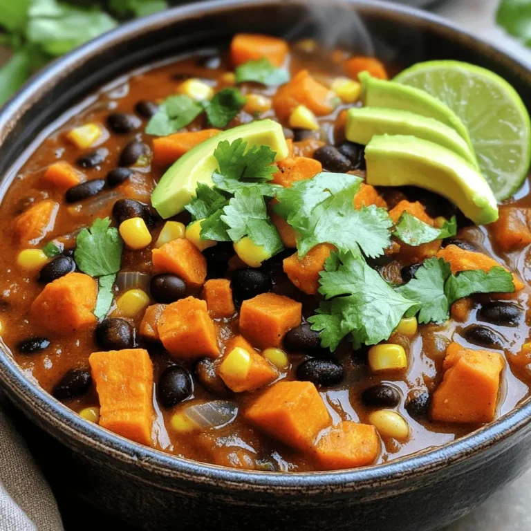 - 2 medium sweet potatoes, peeled and cut into 1-inch cubes - 1 can (15 oz) black beans, thoroughly drained and rinsed - 1 can (15 oz) diced tomatoes, undrained - 1 medium onion, finely chopped - 2 cloves garlic, minced - 1 bell pepper (red or yellow), diced Sweet potatoes are the star here. They add a sweet taste and creamy texture. Black beans bring protein and fiber, making this dish hearty. Diced tomatoes add a tangy note and moisture, while onion and garlic create a fragrant base. Finally, the bell pepper adds crunch and color. - 1 tablespoon chili powder - 1 teaspoon ground cumin - ½ teaspoon smoked paprika - Sea salt and freshly ground black pepper, to taste Chili powder gives heat and depth. Ground cumin adds warmth and earthiness, while smoked paprika offers a subtle smokiness. Don't forget the sea salt and black pepper; they enhance all the flavors in the pot. - Fresh cilantro leaves, for garnish - Sliced avocado, for garnish (optional) - Lime wedges Garnishes make your chili pop! Fresh cilantro adds brightness and a fresh taste. Sliced avocado brings creaminess, while lime wedges add a zesty kick. These finishing touches elevate your dish and make it more fun to eat. - Sautéing Onion and Bell Pepper Start by heating 1 tablespoon of extra virgin olive oil in a large pot over medium heat. Add 1 medium onion, finely chopped, and 1 diced bell pepper. Sauté these for 5 minutes. You want the onion to be soft and clear. This base gives your chili great flavor. - Adding Garlic for Flavor Next, add 2 cloves of minced garlic to the pot. Stir it in for about 1 minute. The garlic will become fragrant and give the dish a rich taste. - Incorporating Sweet Potatoes and Black Beans Now, it’s time to add the main ingredients. Toss in 2 medium sweet potatoes, peeled and cut into 1-inch cubes. Include 1 can of black beans, drained and rinsed. Also, add 1 can of diced tomatoes without draining, and 1 cup of corn. This mix will create a hearty texture. - Adding Broth and Seasonings Pour in 2 cups of vegetable broth. Then, sprinkle in 1 tablespoon of chili powder, 1 teaspoon of ground cumin, and ½ teaspoon of smoked paprika. Don’t forget a pinch of sea salt and freshly ground black pepper. Stir well to blend all the flavors together. - Boiling and Simmering the Chili Raise the heat to bring the chili to a boil. Once it boils, lower the heat to let it simmer. Cover the pot and let it cook for 25 to 30 minutes. The sweet potatoes should be tender, and the flavors will mix beautifully. - Adjusting Thickness and Seasoning Stir occasionally while it cooks. Taste the chili to see if you need to add more salt or spices. If you find the chili too thick, add more vegetable broth until you reach your desired consistency. Let it rest for 5 minutes after cooking to allow the flavors to deepen before serving. To get the best sweet potato texture, cut them into 1-inch cubes. This size cooks evenly. Boil the chili until the sweet potatoes become fork-tender. You want them soft but not mushy. Stir the chili while it cooks. This helps the sweet potatoes break down a bit, adding a nice thickness. To build deep flavors, sauté the onion and bell pepper first. This takes about five minutes. Make sure they become soft and fragrant. Then, add minced garlic to boost the taste. Use high-quality spices like chili powder and smoked paprika. These bring warmth and a subtle smokiness. Don't forget to taste and adjust the seasonings. This step is key to making your chili pop with flavor. Serve the chili in bright bowls. Top each serving with fresh cilantro leaves and slices of avocado. This adds color and a creamy texture. You can also add lime wedges on the side. A squeeze of lime brightens the dish and enhances the flavors. Pair the chili with crusty bread or warm tortillas. These sides are great for dipping. You can also serve it with a side salad for a fresh crunch. Consider topping the chili with shredded cheese or sour cream for extra creaminess. Each addition can make your meal unique! {{image_4}} You can change this chili by adding more veggies. Try carrots or zucchini for extra flavor and color. You can also add spinach for a fresh touch. Each veggie brings its own taste and makes it unique. If you want more protein, think about meat or tofu. Ground turkey or beef works well. For a plant-based option, use firm tofu or tempeh. Just sauté them with the onion and bell pepper. This adds a hearty vibe to your chili. For those who love heat, add more peppers. Jalapeños or serranos give a nice kick. You can also use chipotle peppers for a smoky flavor. Just chop them up and mix them in with the other ingredients. Alternative spice blends can also change the game. Try adding cayenne pepper for heat or smoked chili powder for depth. A pinch of cinnamon can add warmth too. Adjust the spices until you find your perfect balance. To store your Sweet Potato Black Bean Chili, let it cool first. Use an airtight container for best results. This helps keep the flavors fresh and the texture intact. - Best Practices for Storing Leftovers: Divide leftovers into smaller portions. This makes it easier to reheat only what you need. Label the containers with the date to track freshness. - How Long It Lasts in the Fridge: Properly stored, the chili lasts about 4 to 5 days. If you notice any off smells or colors, it’s best to discard it. Freezing is a great option if you want to save some chili for later. Make sure to package it well to prevent freezer burn. - Proper Packaging for Freezing: Use freezer-safe bags or containers. Remove as much air as possible from bags to keep the chili fresh. Label them with the date for easy reference. - Reheating Tips for Frozen Chili: To reheat, thaw the chili in the fridge overnight. You can warm it on the stove or in the microwave. Stir well and check for seasoning, as flavors may change after freezing. These tips will help you enjoy your chili well beyond its first meal! Is Sweet Potato Black Bean Chili Vegan? Yes, this chili is vegan. It uses sweet potatoes, black beans, and plant-based broth. All the ingredients are free from animal products. You can enjoy this dish without worry. Can I make this chili in a slow cooker? Yes, you can! Simply add all the ingredients to your slow cooker. Cook on low for 6-8 hours or on high for 3-4 hours. Stir occasionally if you can. What are the health benefits of sweet potatoes and black beans? Sweet potatoes are rich in vitamins A and C. They support your immune system and eye health. Black beans offer fiber and protein, which aid digestion. Together, they make this dish healthy and filling. Caloric content and dietary considerations This chili has about 300 calories per serving. It is low in fat and high in fiber. This makes it a good option for many diets, including plant-based ones. Can I use other types of beans? Yes! You can use pinto beans, kidney beans, or even chickpeas. Each will change the taste slightly, but they all work well. Alternatives for the vegetable broth If you don't have vegetable broth, use water or chicken broth. You can also make your own broth with leftover veggie scraps. This adds flavor and cuts waste. This blog post walked you through making a tasty Sweet Potato Black Bean Chili. We covered key ingredients, including sweet potatoes, black beans, and spices. You learned step-by-step instructions for cooking and tips for serving. Variations let you change it up with different veggies or proteins. Plus, we provided storage advice to keep leftovers fresh. Enjoy exploring the flavors and options. You can create your own unique chili that fits your taste! Happy cooking!