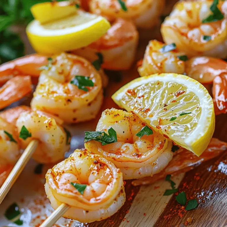 - 1 pound large shrimp, peeled and deveined - 4 tablespoons unsalted butter, melted - 4 cloves garlic, minced - 1 tablespoon fresh parsley, finely chopped (reserve extra for garnish) - 1 teaspoon fresh lemon juice - 1 teaspoon paprika - Salt and freshly cracked black pepper, to taste - Skewers (if using wooden skewers, soak them in water for 30 minutes prior to use) When you pick shrimp, look for ones that smell like the ocean. They should feel firm and springy. Choose shrimp that have a shiny, clear shell. Avoid any that look dull or have dark spots. The eyes should be clear and not cloudy. Fresh shrimp should have a slight sheen, showing they are just right. If you can’t find large shrimp, medium ones work well too. You can swap butter for olive oil or ghee for a different flavor. Fresh parsley can be replaced with cilantro or basil for a twist. If you want spice, try adding cayenne pepper instead of paprika. Each of these changes keeps the dish tasty while still being unique. Start by getting a mixing bowl. Add 4 tablespoons of melted unsalted butter. Then, toss in 4 minced garlic cloves, 1 tablespoon of finely chopped parsley, 1 teaspoon of fresh lemon juice, and 1 teaspoon of paprika. Sprinkle in some salt and freshly cracked black pepper. Mix everything well until it forms a nice marinade. Next, add 1 pound of peeled and deveined shrimp to the bowl. Gently toss the shrimp in the garlic butter mix until they are fully coated. Let them sit for 15-20 minutes at room temperature. This helps the shrimp soak in all the yummy flavors. Marinating shrimp is simple. Use a bowl big enough to hold the shrimp and marinade. The key is to coat each shrimp well. You want the garlic and butter to cover them completely. Give them time to soak in the marinade. Fifteen to twenty minutes is perfect. If you let them marinate too long, they can become mushy. Keep an eye on the time, and you will have tasty shrimp! Preheat your air fryer to 400°F (200°C) while the shrimp marinates. This step is crucial for getting that nice, crispy texture. If you skip preheating, the shrimp may cook unevenly. When the air fryer reaches the right temperature, you are ready to cook. Make sure to check your air fryer’s instructions for any specific preheating tips. First, gather your shrimp and skewers. If you use wooden skewers, soak them in water for 30 minutes. This step helps prevent burning during cooking. Next, take each shrimp and thread it onto the skewer. Make sure to leave a small gap between each shrimp. This gap allows hot air to flow around them. It helps them cook evenly and get crispy. Preheat your air fryer to 400°F (200°C). This high heat gives the shrimp a nice sear. Once your shrimp are on the skewers, place them in the air fryer basket. Cook them for 6-8 minutes. You’ll know they are done when they turn pink and opaque. Remember, cooking times may vary based on the size of the shrimp. To ensure even cooking, flip the skewers halfway through the cooking time. This step helps both sides get that golden color. Use tongs to carefully turn them. This way, every shrimp gets perfectly cooked and stays juicy. Enjoy the flavorful garlic butter shrimp skewers hot and fresh! {{image_4}} To get the best garlic butter flavor, use fresh garlic. Fresh garlic has a sharper taste than dried garlic. Mince the garlic finely for the most flavor. Combine it with melted butter right before you use it. This step helps keep the garlic flavor bright. One common mistake is overcooking the shrimp. Shrimp cooks quickly, so watch the time closely. If you cook them too long, they become rubbery. Another mistake is skipping the marinating step. Letting the shrimp soak in the garlic butter mix is key for great taste. Serve your shrimp skewers with lemon wedges for a fresh kick. A sprinkle of extra parsley adds color and flavor. You can also pair them with a light salad or rice. This makes for a complete meal that feels special and fresh. Enjoy your savory delight! To kick up the heat, add some red pepper flakes to your garlic butter mix. Just a pinch can transform the dish into a spicy delight. If you love more heat, try adding sliced jalapeños to your skewers. This adds both flavor and a fun twist. You can also use a hot sauce of your choice. Just drizzle it on after cooking for extra spice. Fresh herbs can elevate your shrimp skewers. Try adding fresh thyme, dill, or basil to your garlic butter mix. Each herb gives a unique taste. You can also mix and match herbs for a more complex flavor. For a citrus touch, add fresh lime zest. This will brighten up the dish and complement the shrimp nicely. Pair your shrimp skewers with a light salad or steamed vegetables. A fresh cucumber salad adds crunch and coolness. For a fun twist, serve with garlic bread on the side. If you want dipping options, a tangy cocktail sauce or a spicy aioli works well. These options will please your guests and make your meal special. Yes, you can use frozen shrimp. Just make sure to thaw them first. Place the shrimp in cold water for about 15-20 minutes. After thawing, pat them dry before marinating. This step helps the marinade stick better, giving you more flavor. You can use olive oil or coconut oil instead of butter. Both options work well to keep the shrimp moist. If you want a richer taste, try using ghee. It has a nutty flavor that can enhance your dish. Cooked shrimp turn pink and opaque. They should curl into a C shape. If they stay straight and look shiny, they need more time. Typically, you will cook them for 6-8 minutes in the air fryer. Use a meat thermometer to check for a safe temperature of 120°F (49°C). This blog post covered how to make garlic butter shrimp skewers. We discussed key ingredients, like fresh shrimp, and offered tips for selection. I shared detailed steps for marinating and cooking shrimp in your air fryer. You learned about flavor variations and served ideas to elevate the dish. Remember to avoid common mistakes to ensure success. With these tips, you can impress anyone with your cooking. Enjoy making your shrimp skewers!