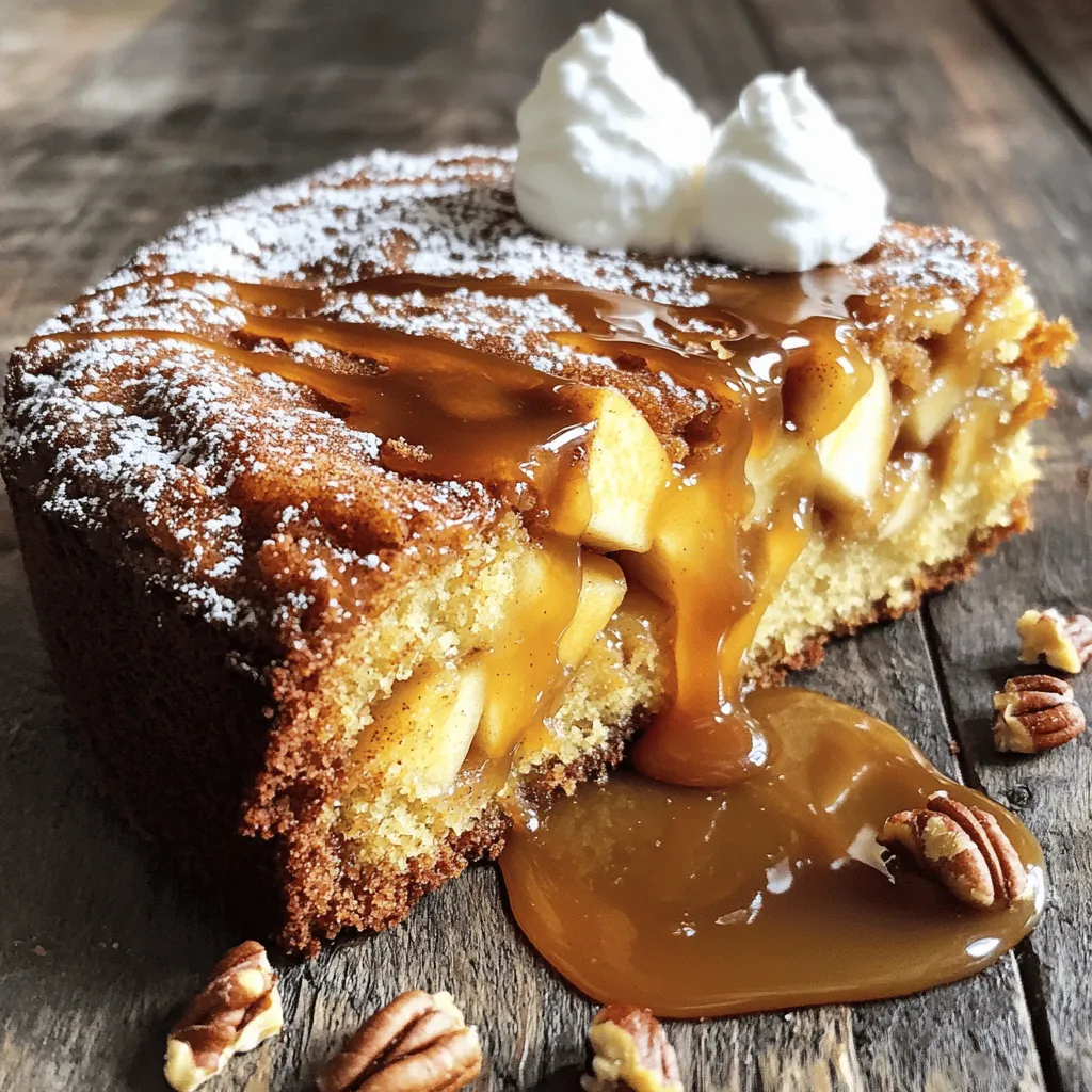 To make the Caramel Apple Coffee Cake, you need a few key ingredients. Each one plays an important role in creating that perfect flavor and texture. Here’s what you’ll need: - 2 medium apples, peeled and diced into small cubes - 1 cup brown sugar, packed - 1/2 cup granulated sugar - 1/2 cup unsalted butter, softened to room temperature - 2 large eggs - 1 teaspoon pure vanilla extract - 2 cups all-purpose flour - 1 teaspoon baking powder - 1/2 teaspoon baking soda - 1/2 teaspoon fine salt - 1 teaspoon ground cinnamon - 1/2 cup sour cream - 1/2 cup caramel sauce (store-bought or homemade) - 1/2 cup chopped pecans or walnuts (optional for added crunch) - Extra cinnamon sugar for topping Each ingredient adds a unique touch to the cake. The apples provide moisture and sweetness. The sugars bring out a rich flavor. Butter adds creaminess, while eggs help the cake rise. Vanilla extract gives a lovely aroma. Flour and baking essentials create the cake's structure. Sour cream adds tang and moisture. Caramel sauce brings that delicious, gooey sweetness. If you like nuts, they add a nice crunch. Finally, the topping of cinnamon sugar creates a sweet crust. Gather these ingredients before you start baking. This will make the process smoother and more enjoyable. Happy baking! First, set your oven to 350°F (175°C). Grab a 9x13 inch baking dish. Grease it with butter, or line it with parchment paper. This helps with easy removal later. In a bowl, mix the softened butter, brown sugar, and granulated sugar. Use an electric mixer to beat them on medium speed. Keep mixing until it looks light and fluffy. This should take about 3 to 4 minutes. Add the eggs one at a time to your mixture. Make sure to mix well after each egg. Once all the eggs are in, pour in the pure vanilla extract. Stir until everything is blended together. In another bowl, whisk the all-purpose flour, baking powder, baking soda, fine salt, and ground cinnamon. Make sure they are well mixed. This step is key for a nice rise in your cake. Gradually add the dry ingredients to your butter mixture. Do this slowly, mixing in sour cream as you go. Start and end with the dry mix. Be careful not to overmix! Then, gently fold in the diced apples. If you want, add chopped nuts too. Pour half of the batter into your prepared baking dish. Spread it evenly. Next, drizzle half of the caramel sauce over this layer. Let it seep into the batter a bit. Pour the rest of the batter on top, and drizzle the remaining caramel sauce. Use a knife to gently swirl the caramel into the batter. This creates a lovely marbled look. Place your dish in the oven and bake for 40 to 45 minutes. Check if it's done by inserting a toothpick in the center. It should come out clean or with a few moist crumbs. Let the cake cool in the pan for about 10 minutes. After that, move it to a wire rack to cool completely before slicing. For this cake, I recommend using firm apples. Good choices are Granny Smith, Honeycrisp, or Fuji. These apples hold their shape and provide great flavor in each bite. Avoid soft apples like Red Delicious, as they turn mushy when baked. To get that beautiful swirl, drizzle the caramel sauce gently over the batter. Use a knife or skewer to swirl it in. Be careful not to overmix; you want to see the caramel ribbons. This adds a lovely visual and a burst of flavor. - Overmixing: Mix just until combined. Overmixing makes the cake tough. - Wrong Oven Temp: Always preheat your oven. A hot oven helps the cake rise. - Not Greasing the Pan: Grease or line your pan. This ensures easy removal. For a stunning presentation, serve slices drizzled with extra caramel. Add a dollop of whipped cream or a scoop of vanilla ice cream for fun. You can also sprinkle chopped nuts on top for added crunch. Enjoy the look and flavors! {{image_4}} You can easily adjust this recipe for nut-free or gluten-free needs. For a nut-free version, simply skip the chopped pecans or walnuts. For gluten-free options, replace the all-purpose flour with a 1:1 gluten-free flour blend. Make sure your baking powder is gluten-free too. This way, everyone can enjoy the cake! Want to jazz up your coffee cake? You can add in extra flavors. Try mixing in chocolate chips for a sweet twist. A half cup of mini chocolate chips works great. You can also add more spices like nutmeg or ginger for a cozy vibe. Just remember, a little goes a long way! While caramel sauce is a must-have, you can get creative with toppings. A simple glaze made with powdered sugar and milk adds a nice touch. You could also top it with whipped cream or a scoop of ice cream for a treat. For crunch, consider adding toasted coconut or crushed cookies on top. This cake can be a new dessert every time! After enjoying your caramel apple coffee cake, store leftovers in an airtight container. This keeps the cake moist and fresh. Make sure to let the cake cool completely before sealing it. You can keep it at room temperature for up to three days. If you want to keep it longer, refrigeration is a good option. Just remember, the cake can dry out in the fridge. To freeze your cake, first, cut it into slices. Wrap each slice tightly in plastic wrap. Then, place the wrapped slices into a freezer-safe bag or container. This protects the cake from freezer burn. You can freeze it for up to three months. When you’re ready to eat, let the slices thaw in the fridge overnight. Reheating your caramel apple coffee cake is easy. To warm it, preheat your oven to 350°F (175°C). Place the slices on a baking sheet and cover them with aluminum foil. Heat for about 10-15 minutes. For a quick option, you can use a microwave. Warm each slice for about 15-20 seconds, but be careful not to overheat. Enjoy your cake warm, and the caramel will melt slightly, making it even more delightful! This cake is special because it combines sweet apples with rich caramel. The blend of flavors creates a warm, comforting taste. The cinnamon adds spice, making every bite delightful. Plus, the crunchy topping adds texture. It is perfect for sharing with friends or family. Yes, you can use different types of apples. Each variety brings its own flavor and texture. For a sweet taste, try Honeycrisp or Fuji apples. For a tart flavor, use Granny Smith apples. Mixing varieties can make the cake even better! To make homemade caramel sauce, you need sugar, butter, and cream. Start by melting sugar in a pan until it turns golden brown. Then, add butter and stir until melted. Finally, slowly mix in cream until smooth. Let it cool before using. This recipe contains gluten and dairy, so it may not suit everyone. For gluten-free options, use a gluten-free flour blend. For dairy-free needs, substitute the butter with a non-dairy alternative and use plant-based sour cream. Always check labels for hidden ingredients. The cake stays fresh for about 3-4 days at room temperature. Store it in an airtight container to keep it moist. You can also refrigerate it for up to a week. For longer storage, freeze slices for up to three months. This blog post covered a delicious Caramel Apple Coffee Cake recipe. You learned about the key ingredients like apples, butter, and caramel. I shared step-by-step instructions to make it easy. Plus, I included helpful tips on baking, serving, and storing. You also found variations for different diets. In conclusion, baking this cake can be fun and rewarding. Enjoy this treat with loved ones or savor it solo. You now have all the tools to create a delightful dessert. Happy baking!