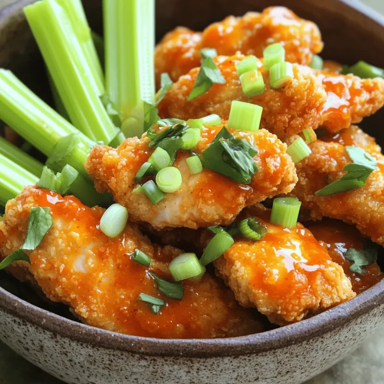 - 1 lb chicken tenderloins - 1 cup buttermilk - Salt (to taste) - Black pepper (to taste) For this recipe, I use chicken tenderloins. They are juicy and cook quickly. Marinating in buttermilk makes them tender and flavorful. I add a pinch of salt and black pepper to enhance the flavors. You can marinate the chicken for 30 minutes or let it sit for up to 2 hours for a deeper taste. - 1 cup all-purpose flour - 1 teaspoon garlic powder - 1 teaspoon onion powder - 1 teaspoon smoked paprika - 1/2 teaspoon salt - 1/2 teaspoon black pepper The breading adds a crispy crunch. I mix flour with garlic powder, onion powder, smoked paprika, salt, and black pepper. This blend gives the chicken a nice flavor. Be sure to cover all sides of the chicken when coating it. - 1/2 cup buffalo hot sauce - 2 tablespoons unsalted butter, melted The buffalo sauce is where the magic happens! I combine buffalo hot sauce with melted butter. This mix creates a rich and spicy sauce. After cooking the chicken, I toss it in this sauce for a delicious finish. It's the perfect kick for those who love bold flavors! To start, grab a large bowl. Pour in 1 cup of buttermilk. Add a pinch of salt and black pepper. The salt helps to flavor the chicken. The buttermilk makes it tender and juicy. Next, add the chicken tenderloins to the bowl. Make sure each piece is fully coated in the buttermilk. Cover the bowl with plastic wrap. Place it in the fridge for at least 30 minutes. You can leave it for up to 2 hours for more flavor. While the chicken soaks, it’s time to make the breading. Take a shallow dish. Whisk together 1 cup of all-purpose flour, 1 teaspoon of garlic powder, 1 teaspoon of onion powder, 1 teaspoon of smoked paprika, 1/2 teaspoon of salt, and 1/2 teaspoon of black pepper. Mix this well. This blend will give your chicken a crispy and tasty outer layer. Once the chicken has marinated, take it out of the bowl. Let the extra buttermilk drip off. Now, dredge each tenderloin in the flour mix. Make sure each piece is evenly coated. Preheat your air fryer to 400°F (200°C) for about 5 minutes. Place the breaded chicken in a single layer in the basket. Avoid crowding the chicken; it needs space to cook evenly. Lightly spray the chicken with cooking oil. Cook for 10-12 minutes, flipping halfway through. The tenders should be golden brown, and the inside must reach 165°F (75°C). While the chicken cooks, mix 1/2 cup of buffalo hot sauce with 2 tablespoons of melted unsalted butter in a bowl. Stir this well to blend it. Once the chicken is cooked, transfer it to a bowl and pour the buffalo sauce over it. Toss gently to coat each piece. If you want extra crispiness, put the chicken back in the air fryer for 2-3 more minutes. Enjoy your crispy and flavorful buffalo chicken tenders! To get that perfect crisp, follow a few key steps. First, make sure your air fryer is preheated to 400°F (200°C). This helps the chicken cook evenly. Second, don’t skip the cooking spray. A light coat of oil on the chicken helps the breading crisp up nicely. Lastly, flip the chicken halfway through cooking to ensure both sides get that golden crunch. Marinating the chicken is crucial for flavor and tenderness. I suggest a minimum of 30 minutes, but if you can, go for 1 to 2 hours. The longer the chicken sits in the buttermilk, the more flavor it absorbs. Just remember, don’t marinate too long, or the chicken may become too soft. Serve your buffalo chicken tenders hot and crispy. Garnish with chopped green onions for a pop of color. Pair them with crunchy celery sticks for a refreshing bite. For dipping, ranch or blue cheese dressing works great. You can also serve these tenders with a side of fries or a fresh salad for a complete meal. Enjoy! {{image_4}} You can make a lighter buffalo sauce using Greek yogurt. Mix 1/2 cup of Greek yogurt with 1/4 cup of your favorite hot sauce. This swap cuts calories while still giving you that spicy kick. You can also use a blend of hot sauce and apple cider vinegar for a tangy twist. Want to spice things up? Add some garlic powder or cayenne pepper to your breading mix. These flavors will enhance the taste of your chicken tenders. You can also mix in other spices, like cumin or chili powder, for a new flavor profile. If you enjoy extra heat, try using a spicier hot sauce. - Gluten-Free or Low-Carb Modifications If you're gluten-free, swap all-purpose flour for almond flour or a gluten-free breading mix. This change keeps the dish tasty without gluten. For low-carb options, use crushed pork rinds instead of flour. This adds crunch and fits a keto diet perfectly. To keep your buffalo chicken tenders fresh, place them in an airtight container. Make sure they are completely cool before sealing. Store in the fridge for up to three days. If you don't plan to eat them soon, freezing is a great option. For the best texture, reheat your chicken tenders in the air fryer. Set it to 350°F (175°C) for about 5-7 minutes. This method helps restore the crispiness. You can also use an oven at the same temperature for about 10 minutes. Avoid using the microwave, as it can make them soggy. You can freeze buffalo chicken tenders for up to three months. First, let them cool completely. Then, place them in a freezer bag, removing as much air as possible. When you’re ready to eat, thaw them in the fridge overnight before reheating. This will help maintain their flavor and texture. Yes, you can use chicken breasts. They will work well. Just cut them into strips. This will help them cook evenly. Keep in mind, chicken breasts may need a bit longer to cook. Ensure each piece is about the same size for best results. The best way to check is with a meat thermometer. Insert it into the thickest part of the chicken. The temperature should read at least 165°F (75°C). If you don’t have a thermometer, you can cut into a piece. The meat should be white, not pink. Juices should run clear. The spice level can vary. This recipe uses buffalo hot sauce, which is medium spicy. If you like it milder, use less sauce. You can also mix in some butter to tone it down. For a spicier kick, add more hot sauce. Always adjust to your taste! This blog shows you how to make tasty buffalo chicken tenders. We covered the essential ingredients like chicken, the marinade, and breading. Then, I shared step-by-step instructions for marinating, breading, and air frying. You also learned tips for crunchiness and marinating time. We explored variations, including healthier options. Lastly, I provided tips for storing and reheating leftovers. Enjoy these delicious tenders at your next meal or party. With these easy steps, you'll impress everyone with your cooking skills. Make sure to try different flavors and have fun!