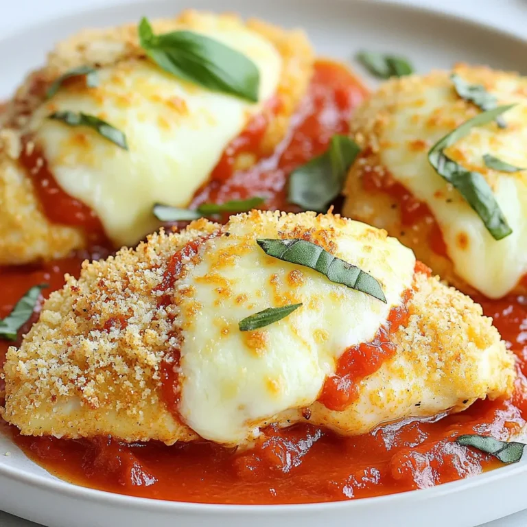 - 2 boneless, skinless chicken breasts - 1 cup panko breadcrumbs - 1/2 cup finely grated Parmesan cheese - 1 teaspoon garlic powder - 1 teaspoon dried oregano - 1/2 teaspoon salt - 1/2 teaspoon freshly ground black pepper - 1 cup marinara sauce - 1 cup shredded mozzarella cheese - Fresh basil leaves (optional) To make Air Fryer Chicken Parmesan, you need simple yet tasty ingredients. Start with two boneless, skinless chicken breasts. These will be your main stars. The panko breadcrumbs give a great crunch. I always use one cup for the best texture. Next, grab half a cup of finely grated Parmesan cheese. It adds a rich flavor. For seasonings, you’ll need garlic powder, dried oregano, salt, and freshly ground black pepper. Each brings its own twist to the dish. You only need a teaspoon of garlic powder and oregano. A half teaspoon each of salt and pepper works well. Don’t forget the toppings! You will need a cup of marinara sauce and a cup of shredded mozzarella cheese. These will make your chicken juicy and cheesy. If you want a fresh touch, add some basil leaves for garnish. They look pretty and taste great! With these ingredients, you are ready to create a crunchy and flavorful meal that everyone will love. Enjoy cooking! {{ingredient_image_2}} Set your air fryer to 400°F (200°C). This step ensures even cooking. In a shallow dish, mix these ingredients: - 1 cup panko breadcrumbs - 1/2 cup finely grated Parmesan cheese - 1 teaspoon garlic powder - 1 teaspoon dried oregano - 1/2 teaspoon salt - 1/2 teaspoon freshly ground black pepper Stir well so the spices blend nicely with the breadcrumbs. Take each chicken breast and dip it into the beaten egg. Make sure it’s fully covered. Then, coat it with the breadcrumb mixture. Press down firmly to get a good layer on both sides. Place the coated chicken in a single layer in the air fryer. Cook it for 10 minutes. After that, flip the chicken using tongs. Cook for an extra 5 minutes or until the chicken is golden brown and reaches 165°F inside. Once the chicken is cooked, spoon marinara sauce over each piece. Then, sprinkle shredded mozzarella cheese on top. Return the chicken to the air fryer for 2 to 3 minutes. This will melt the cheese and make it bubbly and delicious. Now, your Air Fryer Chicken Parmesan is ready to enjoy! To make your chicken truly crispy, use panko breadcrumbs. They are lighter and crunchier than regular breadcrumbs. This gives your chicken a perfect crunch. Avoid overcrowding in the air fryer. If you pack too much chicken in, it won’t cook evenly. Cook in batches if needed. Chicken breast sizes can vary. Thicker pieces need more time. For even cooking, use a meat thermometer. Aim for an internal temperature of 165°F. This ensures the chicken is safe and juicy. Always preheat your air fryer. This step is key to getting that nice crust. Skipping the egg wash is another mistake. The egg helps the breadcrumbs stick well. Don’t skip this step if you want great flavor and texture. Pro Tips Chicken Thickness: For even cooking, ensure your chicken breasts are of uniform thickness. You can pound them to about 1 inch thick if they’re uneven. Breadcrumb Coating: For an extra crispy crust, let the coated chicken sit for a few minutes before air frying. This helps the breadcrumbs adhere better. Cheese Melting: If you want a beautifully melted cheese topping, cover the chicken loosely with aluminum foil during the last few minutes of cooking to trap heat. Serving Suggestions: Pair your chicken parmesan with a side of garlic bread or a light salad to complement the dish and add freshness. {{image_4}} You can switch things up with different cheeses. Provolone adds a nice, sharp flavor. White cheddar gives a creamy twist. Both melt well and taste great on chicken. Feel free to mix your favorites for a unique taste. Just remember, the cheese should be melty and delicious. Want to enhance the flavor? Try adding Italian seasoning to the breadcrumb mix. Fresh herbs, like basil or parsley, bring a bright taste. Mix these into the panko before coating your chicken. It’s a simple way to make a big difference in flavor. You don’t have to stick with chicken breasts. Chicken thighs are juicy and full of flavor. They cook well in the air fryer, too. You can also use turkey cutlets for a leaner option. Both alternatives keep the dish tasty while offering variety. To store leftovers, let the chicken cool first. Place it in an airtight container. This keeps it fresh longer. Store in the fridge for up to three days. Make sure the chicken is not too hot when you put it in the fridge. This helps avoid condensation. You can freeze cooked Chicken Parmesan too. Wrap each piece tightly in plastic wrap. Then, put it in a freezer bag. Squeeze out the air before sealing the bag. This helps prevent freezer burn. You can freeze it for up to three months. When you're ready to eat, thaw it in the fridge overnight. To reheat, the best method is the air fryer. This keeps it crunchy. Set the air fryer to 350°F (175°C) and cook for about 5 minutes. If you don't have an air fryer, use an oven. Preheat the oven to 350°F (175°C) and cover the chicken with foil. This stops it from drying out. Heat for about 10-15 minutes until warm. Enjoy the flavor and crunch just like fresh! Yes, you can use regular breadcrumbs. However, panko is lighter and crunchier. Panko gives a better texture and crispness to the chicken. If you prefer regular breadcrumbs, choose a fine type for a smoother crunch. You have many tasty options! Here are some great sides: - Mixed salad with a light vinaigrette - Garlic bread for extra crunch - Steamed vegetables like broccoli or green beans - Pasta tossed with marinara sauce These sides will balance the meal and enhance flavors. To make this dish gluten-free, use gluten-free breadcrumbs. Many brands offer great options. You can also use crushed rice cereal or ground almonds as alternatives. Make sure your marinara sauce is gluten-free too. This way, everyone can enjoy this delicious meal! This blog post covered how to make Air Fryer Chicken Parmesan. You learned about the key ingredients, including chicken, panko, and cheese. I shared step-by-step instructions for cooking and tips for crispiness. You can try variations, store leftovers, and reheat properly. Air Fryer Chicken Parmesan is easy and fun to make. Enjoy this tasty dish with your favorite sides for a perfect meal. Remember, small changes can lead to big taste!
