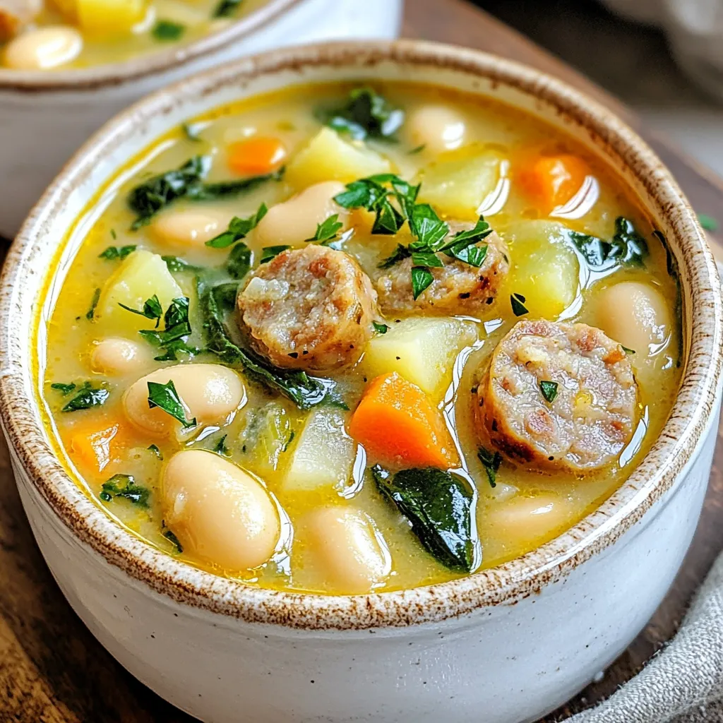 - 1 cup dried white beans (cannellini or navy), soaked overnight - 1 tablespoon olive oil - 1 medium onion, finely diced - 2 cloves garlic, minced - 1 medium carrot, peeled and diced - 1 celery stalk, diced - 2 medium potatoes, peeled and diced into ½-inch cubes - 4 cups vegetable broth (or chicken broth) - 1 cup cooked Italian sausage, sliced (or plant-based sausage) - 1 cup heavy cream or coconut cream - Salt and black pepper to taste - 1 teaspoon smoked paprika - ½ teaspoon dried thyme - 2 cups fresh spinach, roughly chopped - Fresh parsley, chopped for garnish - A pinch of red pepper flakes for heat - Fresh lemon juice for brightness - Other vegetables like bell peppers or zucchini - Calories: Approximately 400 - Protein: 18g - Carbohydrates: 45g - Fat: 18g - Fiber: 10g - Sodium: Varies with broth choice This soup is not just filling; it’s also packed with nutrition. You can easily adjust the ingredients based on what you have. The optional ingredients keep it interesting. Adding red pepper flakes can give it a nice kick. A splash of lemon juice brightens the flavor. Enjoy experimenting! {{ingredient_image_2}} First, soak your dried beans overnight. This makes them soft and ready to cook. Drain the beans after soaking. Rinse them under cold water to remove extra starch. This step helps keep the soup creamy. Set the beans aside while you prepare the rest of the soup. Grab a large pot and heat one tablespoon of olive oil on medium heat. Once hot, add the diced onion, minced garlic, diced carrot, and diced celery. Sauté these together for about 5 to 7 minutes. Stir occasionally until the veggies soften and smell great. This mix forms the base of your soup, adding depth and flavor. Next, add the diced potatoes and the rinsed beans to the pot. Mix everything well and let it cook for 3 minutes. Now, pour in four cups of vegetable broth or chicken broth for more flavor. Stir in one teaspoon of smoked paprika and half a teaspoon of dried thyme. Season with salt and pepper. Increase the heat until it boils. Once boiling, lower the heat and let it simmer uncovered for 30 to 40 minutes. You want the beans to become tender and creamy. After the beans soften, stir in one cup of sliced cooked sausage and one cup of heavy cream or coconut cream. Let it simmer for another 10 minutes. This step blends all the flavors perfectly. Finally, fold in two cups of chopped spinach and cook for another 2 to 3 minutes until it wilts. Taste your soup and adjust seasoning if needed. To make your soup burst with flavor, use fresh herbs. Fresh parsley adds a bright touch. Smoked paprika gives the soup warmth and depth. Thyme adds an earthy taste. You can also try adding a pinch of red pepper flakes for heat. Always taste your soup as you cook. Adjust seasonings to fit your taste. If your soup is too thick, add more broth or water. Stir well to mix. For a creamier texture, blend a portion of the soup. Use an immersion blender for a quick mix. You can also add more cream if you like it rich. Remember, it's easier to thin a thick soup than to thicken a thin one. Serve your soup in deep, rustic bowls. This gives a cozy feel. Drizzle quality olive oil on top for shine. A sprinkle of cracked black pepper adds taste and looks great. For extra flair, add some fresh parsley. Pair the soup with crusty bread. This helps soak up every creamy bite, making it a complete meal. Pro Tips Soak Your Beans: Soaking your beans overnight not only reduces cooking time but also enhances their digestibility. Flavor Depth: For a richer flavor, consider browning the sausage in the pot before adding the vegetables. Adjust Consistency: If the soup is too thick, add more broth or water until the desired consistency is achieved. Fresh Herbs: Add fresh herbs like basil or dill at the end of cooking for a burst of color and flavor. {{image_4}} You can easily make this soup vegetarian or vegan. Just swap the sausage for plant-based sausage. This change keeps the flavor rich and satisfying. For a creamy texture, use coconut cream instead of heavy cream. It adds a nice sweetness. Also, ensure your broth is vegetable-based. This keeps it fully plant-friendly. The type of sausage you use can change the soup's flavor. Italian sausage adds a lovely spice. If you prefer a milder taste, use chicken sausage. You can also try smoked sausage for a deeper flavor. Each choice brings a unique twist. Feel free to mix and match to find your favorite combination. Seasonal vegetables can make this soup even better. In fall, try adding butternut squash for sweetness. In spring, fresh asparagus adds a nice crunch. You can toss in kale or Swiss chard too. These greens boost nutrition and color. Just chop them up and add them during the last few minutes of cooking. This way, they stay bright and vibrant. Store leftover creamy bean soup in an airtight container. Place the soup in the fridge within two hours of cooking. It will stay fresh for about three to four days. Make sure to let it cool before sealing the container. This helps keep the texture smooth. You can freeze this soup for later enjoyment. Use a freezer-safe container or a heavy-duty freezer bag. Leave some space at the top, as the soup will expand when frozen. It is best to freeze it within two days of cooking. The soup can last up to three months in the freezer. To reheat, thaw the soup in the fridge overnight if frozen. Heat it gently on the stove over low heat. Stir often to prevent sticking. If the soup is too thick, add a splash of broth or water. You can also reheat it in the microwave. Use a microwave-safe bowl and cover it to avoid splatters. Heat in short bursts, stirring in between, until hot. Yes, you can use canned beans. Canned beans save time and are easy to use. Just rinse them well before adding to the soup. You can skip the soaking step. Use two cans of beans for this recipe. This will still give you a creamy texture and rich flavor. To add spice, consider using red pepper flakes or diced jalapeños. You can also mix in a dash of hot sauce. Start with a small amount, then taste as you go. If you like heat, add more until it's just right for you. This will enhance the flavor without overpowering the soup. This soup pairs well with crusty bread or a fresh salad. You can also serve it with grilled cheese sandwiches for a cozy meal. Try a sprinkle of fresh herbs on top to add color and flavor. Enjoy this comforting meal with family or friends for a warm gathering. This blog post covered how to make a delicious creamy bean soup. I talked about the main and optional ingredients, plus the nutrition facts. You learned step-by-step how to prepare the beans, sauté veggies, and simmer the soup. I shared tips for flavor, texture, and presentation. There are variations for vegetarians and different sausages, so you can customize your dish. Lastly, I gave storage and reheating advice to enjoy it later. Remember, cooking can be fun. Experiment and make this soup your own!
