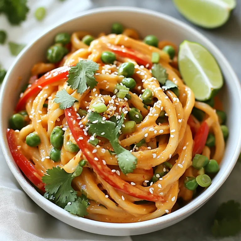 - 200g udon noodles - 3 tablespoons creamy peanut butter - 2 tablespoons soy sauce - 1 tablespoon rice vinegar - 1 tablespoon sesame oil (plus extra for sautéing) - 1 tablespoon honey or maple syrup - 1 red bell pepper, thinly sliced - 1 cup snap peas, trimmed - 2 green onions, sliced (green and white parts separated) - 1 tablespoon sesame seeds - Fresh cilantro for garnish (optional) - Lime wedges for serving This dish is quick and easy. It offers a mix of flavors and textures. The udon noodles provide a nice chew. The peanut sauce adds creaminess and flavor. However, it contains gluten from the soy sauce and noodles. It may not suit those with nut allergies due to peanut butter. - Peanut Butter: Use sunflower seed butter for a nut-free option. - Soy Sauce: Choose tamari for a gluten-free version. - Honey: Maple syrup works well for a vegan-friendly dish. - Udon Noodles: You can swap udon with rice noodles for a gluten-free meal. These swaps keep your meal tasty while catering to dietary needs. Adjusting ingredients can help you enjoy this dish no matter your allergies. {{ingredient_image_2}} To start, bring a large pot of water to a boil. Once it bubbles, add 200g of udon noodles. Cook them for about 4-5 minutes, or until they are soft but still chewy. After that, drain the noodles. Rinse them under cold water to stop the cooking. This step keeps them from getting mushy. Next, grab a medium bowl. In it, mix 3 tablespoons of creamy peanut butter, 2 tablespoons of soy sauce, 1 tablespoon of rice vinegar, and 1 tablespoon of sesame oil. Add 1 tablespoon of honey or maple syrup for sweetness. Whisk until the mix is smooth. If it’s too thick, add a little water until it’s just right. Now, heat a teaspoon of sesame oil in a large skillet over medium heat. When the oil is hot, toss in the thinly sliced red bell pepper and snap peas. Stir the veggies for about 3-4 minutes. They should be bright and slightly tender but still crisp. This adds great color and crunch to your meal. With the veggies ready, add your drained udon noodles to the skillet. Pour the peanut sauce over everything. Use tongs or forks to toss the noodles and veggies together. Make sure every piece is coated with sauce. Cook for another 2-3 minutes, stirring often, until everything is hot. Finally, take the skillet off the heat. Sprinkle sliced green onions, sesame seeds, and fresh cilantro on top. Serve the noodles warm with lime wedges on the side. Squeeze some lime juice over the dish for extra flavor. Enjoy your quick and tasty meal! When making Minute Peanut Udon Noodles, some common mistakes can pop up. Here are a few to watch for: - Overcooking the Noodles: Follow the package time closely. Overcooked noodles become mushy and lose texture. - Not Rinsing the Noodles: Always rinse the cooked noodles with cold water. This stops the cooking and keeps them firm. - Skipping the Sauce Blending: Blend your sauce well. A smooth sauce coats the noodles better and enhances flavor. You can make this meal even faster with a few clever tips: - Prep Ahead: Chop your veggies and mix the sauce before cooking. This cuts down cooking time. - Use Pre-Cooked Noodles: Some stores sell pre-cooked udon noodles. They only need a quick heat in the pan. - One-Pan Cooking: Use the same pan for sautéing and mixing. This saves on dishwashing and keeps flavors together. Want to elevate your peanut udon noodles? Try these simple additions: - Add Heat: Toss in some red pepper flakes or sriracha for spicy flavor. - Fresh Herbs: Add fresh basil or mint for a bright twist. - Citrus Zing: A splash of lime or lemon juice brightens up the flavors immensely. These tips and tricks will make your Minute Peanut Udon Noodles quick and tasty. Happy cooking! Pro Tips Perfectly Cook Udon Noodles: Make sure to cook the udon noodles just until al dente. Rinsing them under cold water after cooking prevents them from sticking together and becoming mushy. Adjusting Sauce Consistency: If your peanut sauce is too thick, add a tablespoon of warm water at a time until it reaches the desired creamy consistency. This ensures it coats the noodles perfectly. Vegetable Crispness: Sauté the vegetables just until they are vibrant and tender-crisp. Overcooking can lead to a loss of color and crunch, which enhances the overall texture of the dish. Garnishing for Flavor: Fresh herbs like cilantro and a squeeze of lime add brightness to the dish. Don't skip the garnishes; they elevate the flavor and presentation significantly! {{image_4}} For a vegan meal, skip the honey and use maple syrup instead. Check your soy sauce to ensure it is gluten-free. You can also choose gluten-free udon noodles. They are made from rice flour, which gives you that chewy texture without gluten. Want to add protein? Tofu is a great choice. Simply press and cube the tofu, then sauté it until golden. If you prefer meat, chicken works well too. Cook the chicken in the skillet before adding the vegetables. This way, it gets nice and juicy. Get creative with your meal! Avocado adds creaminess and healthy fats. Carrots bring sweetness and crunch. You can slice them thin and toss them in with the other veggies. Try adding some chopped peanuts for extra crunch or a handful of spinach for more greens. The options are endless! To keep your peanut udon noodles fresh, store them in an airtight container. This helps lock in moisture and flavor. Make sure the noodles cool down to room temperature before sealing. Keeping vegetables separate from the noodles prevents sogginess. Reheat your udon noodles in a pan over low heat. Add a splash of water or a bit of sesame oil to help them steam. Stir gently until heated through. You can also use the microwave. Just cover the noodles with a damp paper towel to keep them moist. You can freeze peanut udon noodles, but it's best to freeze just the plain noodles. Cooked vegetables don't freeze well. Place cooled noodles in a freezer bag, squeezing out all air. They can last up to three months. When ready to eat, thaw them in the fridge overnight before reheating. Udon noodles cook in about 4-5 minutes. Follow the package instructions for best results. After cooking, drain and rinse them under cold water. This step keeps them firm and prevents mushiness. Yes, you can use other noodles. Rice noodles or soba noodles work well too. Just adjust the cooking time based on the noodle type. Remember, each noodle has its own cooking time. If you need a substitute for peanut butter, try almond butter or sunflower seed butter. Both options give a nice nutty flavor. You can also use tahini for a different twist. To add heat, include chili flakes or sriracha to the sauce. You can also toss in sliced fresh chili peppers while sautéing the veggies. Start with a little and add more to taste. In this blog post, we explored making udon noodles with a tasty peanut sauce. We covered essential ingredients, dietary options, and tips to boost flavors. I shared step-by-step cooking instructions to help you avoid common mistakes. Remember, you can customize your dish with proteins and creative add-ins. Proper storage and reheating tips ensure your meal stays fresh. So, gather your ingredients and enjoy this easy, delicious meal!