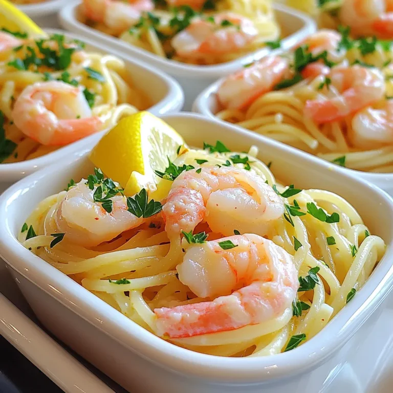 For this quick and tasty meal, gather these must-have ingredients: - 8 ounces of spaghetti or linguine - 1 pound of large shrimp, peeled and deveined - 3 tablespoons of unsalted butter - 4 cloves of garlic, finely minced - 1 teaspoon of red pepper flakes - Juice of 1 fresh lemon - 1/4 cup of chicken broth or vegetable broth - 1/4 cup of freshly chopped parsley - Salt to taste - Freshly cracked black pepper to taste - Grated Parmesan cheese for serving (optional) These extra ingredients can boost the flavor of your dish: - Fresh basil, chopped - Cherry tomatoes, halved - A splash of white wine - Capers for a briny kick - Zest of lemon for brightness Adding any of these can bring a new twist to your shrimp scampi pasta. You need a few basic tools to make this meal: - Large pot for boiling pasta - Large skillet for the shrimp scampi sauce - Colander for draining pasta - Wooden spoon or spatula for stirring - Measuring cups and spoons for accuracy Having the right equipment makes cooking smoother and more enjoyable. To start, fill a large pot with water. Make sure to add a generous amount of salt. This helps flavor the pasta. Bring the water to a rolling boil. Once boiling, add 8 ounces of spaghetti or linguine. Cook it as per the package instructions. You want it to be al dente, firm but not hard. Remember to save 1/2 cup of the pasta water before draining. Drain the pasta and set it aside for later. In a large skillet, melt 3 tablespoons of unsalted butter over medium heat. When the butter is melted, add 4 minced garlic cloves and 1 teaspoon of red pepper flakes. Sauté these for about 1 minute. You want to smell the garlic, but don’t let it brown. Next, add 1 pound of large shrimp, which should be peeled and deveined. Cook them for about 2-3 minutes. Turn them until they are pink and opaque. Season with salt and freshly cracked black pepper to taste. Pour in the juice of 1 fresh lemon and 1/4 cup of chicken broth or vegetable broth. Let the mix simmer for 1-2 minutes. This helps all the flavors blend well. Now it’s time to combine everything! Gently fold the drained pasta into the skillet. Toss it with the shrimp and sauce. If it looks too dry, slowly add the reserved pasta water. This will give it a creamy texture. After that, stir in 1/4 cup of freshly chopped parsley. Mix it well and taste. Adjust seasoning with more salt and pepper if needed. Serve hot and top with grated Parmesan cheese if you like. To get the best flavor in your shrimp scampi, use fresh ingredients. Fresh shrimp gives a sweet taste. Fresh lemon juice adds brightness. Use good quality butter for a rich flavor. Red pepper flakes bring a nice heat. Adjust the spice to fit your taste. If you want more depth, add a splash of white wine. Let the sauce simmer to let the flavors blend well. Cook shrimp quickly to keep them tender. Heat your skillet before adding shrimp. They take about 2-3 minutes to cook. Flip them as they turn pink. Overcooking makes shrimp tough. If you use frozen shrimp, thaw them first. This helps them cook evenly. Make your dish look amazing with simple touches. Use shallow bowls to serve pasta. This gives it an elegant look. Sprinkle extra parsley on top for color. Add a lemon wedge on the side. This not only looks nice but adds freshness. Serve with grated Parmesan cheese for extra flavor. {{image_4}} You can switch up the pasta type in this dish. Here are some ideas: - Fettuccine: This wide noodle pairs well with the sauce. - Penne: Its shape holds the sauce nicely. - Zoodles: For a low-carb option, try spiralized zucchini. - Whole Wheat Pasta: A healthy twist that adds fiber. Each choice gives a unique taste and texture to your meal. Feel free to mix in more flavors or change ingredients. Here are some fun ideas: - Vegetables: Add in spinach or cherry tomatoes for color and health. - Protein: Scallops or chicken can replace shrimp if you prefer. - Herbs: Fresh basil or thyme can add a new layer of flavor. - Cheese: Try feta or goat cheese for a creamy touch. These options let you create your own version of shrimp scampi pasta. Pair your pasta with sides that complement its rich taste. Here are some great choices: - Garlic Bread: Crunchy bread enhances the dish's flavors. - Caesar Salad: Crisp romaine and creamy dressing add freshness. - Roasted Vegetables: Carrots or broccoli bring color and nutrients. - Coleslaw: A tangy slaw balances the richness of the pasta. These sides make your meal more complete and enjoyable. After enjoying your shrimp scampi pasta, let it cool. Place leftovers in an airtight container. You can store it in the fridge for up to three days. To keep the flavors fresh, make sure to seal it tightly. If you plan to eat it later, avoid adding cheese until you reheat it. When you’re ready to enjoy the pasta again, use the stove for the best results. Add a splash of water or broth to a skillet. Heat it over low to medium heat. Stir gently until warmed through. This keeps the pasta moist. You can also use the microwave. Just cover it with a damp paper towel. Heat it in short intervals, stirring in between, to avoid drying it out. If you want to save the dish for longer, freezing is a great option. Place the cooled shrimp scampi pasta in a freezer-safe container. It can last up to two months in the freezer. For easy use, divide it into single portions. When you’re ready to eat, thaw it overnight in the fridge. Then, reheat as mentioned above. This way, you’ll always have a tasty meal ready to go. Yes, you can use frozen shrimp. Just thaw them first. Place the shrimp in cold water for about 15 minutes. This quick thaw helps keep them juicy. After thawing, peel and devein if needed. Then, you are ready to cook them in the recipe. To add spice, use more red pepper flakes. Start with an extra half teaspoon. You can also add a pinch of cayenne pepper for more heat. If you love spicy food, feel free to experiment with more. Remember, you can always add spice, but you can't take it away! You can replace butter with olive oil. It adds great flavor and keeps the dish healthy. Coconut oil is another option. It gives a nice taste too. Just use the same amount as butter. Your shrimp scampi will still be delicious! This blog post helped you learn the key ingredients and steps for Minute Shrimp Scampi Pasta. We covered essential cooking tips, flavor ideas, and ways to make it your own. I shared how to store and reheat leftovers, plus answered common questions. Now, you have the tools to create a simple yet tasty dish. Enjoy cooking, and don’t be afraid to try new flavors! Your kitchen is open for fun and delicious meals.