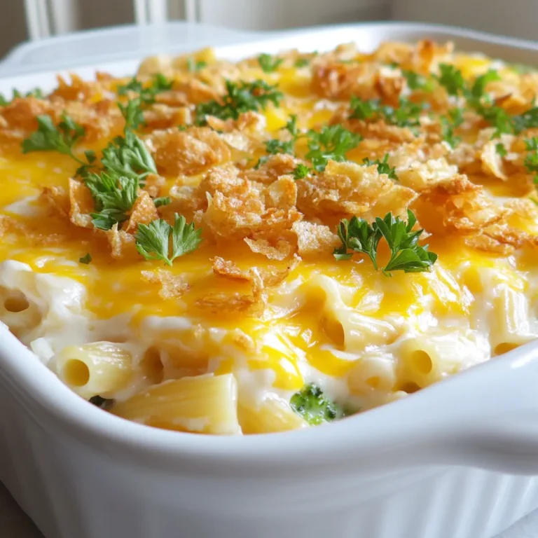 To make a delicious Crack Chicken Penne Bake, you need the following ingredients: - 12 oz penne pasta - 2 cups cooked chicken, shredded - 1 cup cream cheese, softened - 1 cup shredded cheddar cheese - ½ cup ranch dressing - 1 cup chicken broth (low sodium preferred) - 1 cup frozen broccoli florets, thawed and chopped - 1 teaspoon garlic powder - 1 teaspoon onion powder - Salt and black pepper to taste - ½ cup crispy fried onions - Fresh parsley, finely chopped Each ingredient plays a key role in creating this rich dish. The penne pasta serves as the heart of the bake, giving it structure. I love using shredded rotisserie chicken for a quick option. Cream cheese adds creaminess, while ranch dressing brings a tangy kick. The chicken broth keeps the dish moist. Broccoli adds a nice texture and color. Garlic and onion powders enhance the flavor without overpowering it. Finally, crispy fried onions add crunch and visual appeal, while parsley brightens everything up. Gather everything before you start cooking. Trust me, this will make your cooking experience smooth and fun! {{ingredient_image_2}} - Preheat oven to 350°F (175°C). - Prepare baking dish with cooking spray or oil. - Boil salted water and cook penne as per package instructions. - Drain and set pasta aside. - Combine chicken, cream cheese, ranch dressing, broth, garlic and onion powders, salt, and pepper. - Blend until smooth and creamy. - Fold in cooked penne and broccoli. - Spread mixture into the baking dish. - Add cheddar cheese and crispy fried onions on top. - Bake for 25-30 minutes until cheese is melted and bubbly. - Rest for 5-10 minutes before slicing. - Garnish with fresh parsley. Each step builds flavor and texture. The creamy mix combined with the penne creates a rich dish. Baking it allows the cheese to melt and become golden. The crispy onions add a lovely crunch. Enjoy this warm meal fresh from the oven! To cook penne pasta al dente, start with salted water. The salt adds flavor. Boil the water before adding the pasta. Cook the penne for about 10-12 minutes. Check the package for specific times. Taste a piece to see if it's firm but not hard. Drain the pasta in a colander and do not rinse it. Rinsing will wash away the starch that helps the sauce stick. For this recipe, you can use rotisserie chicken or cooked chicken breasts. Rotisserie chicken is easy and packed with flavor. If you use cooked chicken breasts, season them well before cooking. To shred the chicken, use two forks. Gently pull the meat apart until it is in small pieces. This helps it mix well with the sauce. To boost flavor, think about adding spices and herbs. Garlic powder and onion powder are great choices. You can also add dried basil or parsley for more taste. If you want cream cheese to be extra smooth, let it sit at room temperature before mixing. This helps it blend into the sauce more easily. Pro Tips Use Rotisserie Chicken: For a quick and convenient option, use store-bought rotisserie chicken. It adds flavor and saves time on cooking. Customize Your Cheese: Feel free to mix different types of cheese such as mozzarella or pepper jack for a unique flavor profile. Make it Ahead: This dish can be assembled in advance and stored in the refrigerator. Just bake it when you're ready to serve! Add Extra Veggies: Incorporate other vegetables like bell peppers or spinach for added nutrition and color. {{image_4}} You can add more veggies to your Crack Chicken Penne Bake. Spinach is a great choice. It wilts down nicely and adds color. Bell peppers also work well. They bring sweetness and crunch. You can even try zucchini or cherry tomatoes. Just chop them up and mix them in. More veggies make it healthier and tastier. If you want to switch up the protein, consider using turkey. Ground turkey or shredded turkey both fit nicely. For a plant-based option, tofu is great too. Just press it to remove extra water before cooking. You can also use chickpeas for a hearty twist. Each protein brings a unique flavor to the dish. Cheese can change the whole taste of the bake. Instead of cheddar, try mozzarella for a milder flavor. Gouda adds a nice smoky taste. You might also like pepper jack for a spicy kick. Feta cheese gives a tangy twist. Mixing cheeses can create a fun, new flavor profile. Experiment and find what you love best! To store leftover Crack Chicken Penne Bake, let it cool first. Then, place it in an airtight container. Ensure you cover it well to keep it fresh. You can keep it in the fridge for up to 3 days. When you’re ready to eat, just reheat it in the oven or microwave. If you want to freeze the bake, use a freezer-safe container. Make sure it’s tightly sealed to prevent freezer burn. You can freeze it for about 2 to 3 months. To reheat, allow it to thaw overnight in the fridge. Then, bake it at 350°F (175°C) until hot and bubbly. In the fridge, your Crack Chicken Penne Bake lasts for about 3 days. If frozen, it can last for 2 to 3 months. Always check for any signs of spoilage before eating. Proper storage helps keep your meal tasty and safe. Yes, you can prep this dish in advance. You can cook the pasta and mix the creamy chicken base. Store them separately in the fridge for up to two days. When ready, combine them and bake as directed. This saves time during busy days. I love serving this meal with a light green salad. It adds a fresh crunch. Garlic bread also pairs well, adding warmth and flavor. Another option is steamed veggies, which brighten the plate and boost nutrition. To lighten this dish, use low-fat cream cheese. Swap regular ranch dressing for a lower-calorie version. You could add more veggies, like spinach or bell peppers, to boost nutrients. Using less cheese or a blend of cheeses can also help cut calories. Yes, whole grain penne is a great choice! It adds fiber and nutrients. The taste is slightly nuttier but blends well with the creamy sauce. This option makes the dish a bit healthier without losing flavor. This recipe for Crack Chicken Penne Bake blends creamy flavors with tender chicken and pasta. You learned how to prepare the dish step-by-step, from cooking the penne to baking it perfectly. Remember, you can customize it with different veggies or proteins. Lastly, store leftovers properly for future meals. Enjoy making this dish for your friends and family!