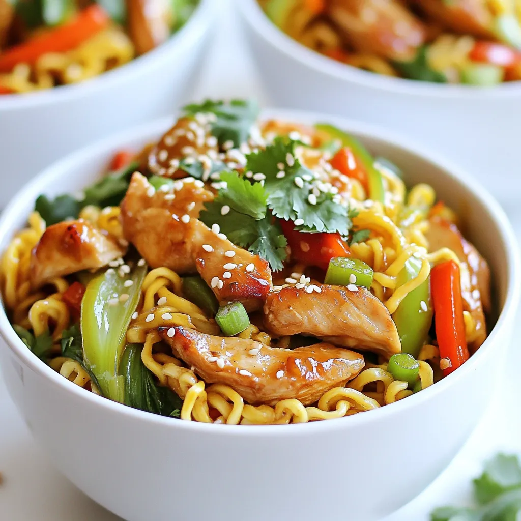 - 200g egg noodles - 2 chicken breasts, thinly sliced - 4 cloves garlic, minced - 3 tablespoons soy sauce - 2 tablespoons honey - 1 tablespoon sesame oil - 1 tablespoon fresh ginger, grated - 1 tablespoon rice vinegar - 1 red bell pepper, thinly sliced - 1 cup bok choy, chopped - Sesame seeds for garnish - Fresh cilantro, chopped, for garnish - Salt and pepper to taste - Large pot for boiling noodles - Colander for draining noodles - Large skillet or wok for cooking - Mixing bowl for sauce - Whisk for mixing You can swap egg noodles for rice noodles if you prefer. Chicken can be replaced with tofu for a vegan option. Use tamari instead of soy sauce for gluten-free. Honey can be substituted with maple syrup for vegan recipes. If you can't find bok choy, any leafy green will work. {{ingredient_image_2}} Start by boiling water in a large pot. Add a good pinch of salt to the water. When the water reaches a rolling boil, add 200g of egg noodles. Cook them based on the package instructions until they are tender but still firm. This is called al dente. Once done, drain the noodles in a colander. Set them aside for later use. In a small bowl, mix together the sauce. Combine 3 tablespoons of soy sauce, 2 tablespoons of honey, and 1 tablespoon of sesame oil. Add in 1 tablespoon of grated fresh ginger and 1 tablespoon of rice vinegar. Whisk these ingredients together until smooth. Set the sauce aside; it will add great flavor. Grab a large skillet or wok and heat it over medium-high heat. Add a drizzle of cooking oil. When the oil is hot, add 2 thinly sliced chicken breasts. Season them with salt and pepper. Cook the chicken for about 5 to 7 minutes. Stir often until it is fully cooked and golden brown. Next, add 4 minced garlic cloves and 1 thinly sliced red bell pepper to the skillet. Stir-fry for 2 minutes until the garlic smells nice and the pepper softens. Then, add 1 cup of chopped bok choy and cook for another 2 to 3 minutes. Stir until the bok choy wilts and turns bright green. Now it’s time to bring everything together. Add the drained noodles into the skillet with the chicken and vegetables. Pour the prepared sauce over the noodles. Toss everything gently to coat. Let it all cook together for another 2 to 3 minutes. This helps to warm the dish and blend the flavors. Once heated through, remove the skillet from the heat. Serve the sticky garlic chicken noodles in deep bowls. Finish with a sprinkle of sesame seeds and chopped fresh cilantro for a pop of color and taste. Enjoy your meal! To make great noodles, follow these tips: - Use plenty of water. This prevents sticking. - Salt the water well. It adds flavor to the noodles. - Cook until just al dente. This gives them a nice bite. - Rinse with cold water after draining. This stops cooking and keeps them firm. To boost flavor in your sticky garlic chicken noodles, try these ideas: - Add more garlic. It brings a rich, savory taste. - Use fresh ginger. It adds a zesty kick. - Mix in other veggies. Try carrots or snap peas for extra crunch. - Drizzle a bit of sesame oil before serving. It enhances aroma and taste. Avoid these common mistakes for the best noodles: - Overcooking the noodles. They should stay firm and not mushy. - Neglecting to season the chicken. This can lead to bland flavors. - Skipping the sauce blending step. Mixing well ensures every bite is tasty. - Forgetting to garnish. Sesame seeds and cilantro make the dish pop visually and tastefully. Pro Tips Choose Quality Noodles: Using fresh or high-quality egg noodles can significantly enhance the texture and flavor of your dish. Customize Your Vegetables: Feel free to add or substitute with other vegetables like carrots, snap peas, or broccoli for extra crunch and color. Control the Sauce Thickness: If you prefer a thicker sauce, let it simmer for a few extra minutes before adding the noodles to intensify its flavor. Prepping Ahead: You can marinate the chicken in the sauce for 30 minutes before cooking to deepen the flavor profile. {{image_4}} You can easily make this dish vegetarian or vegan. Instead of chicken, try using tofu. Firm tofu works best. Cut it into bite-sized pieces and cook it until it's golden brown. You can also swap the honey for maple syrup or agave syrup to keep it vegan. You still get that sweet flavor without using honey. Feel free to change the protein in this recipe. You can use shrimp, beef, or pork. Just slice the meat thinly so it cooks quickly. For shrimp, cook it until it turns pink. For beef or pork, aim for a light golden brown. Each option adds a different taste and texture, making the dish your own. To make this dish gluten-free, choose gluten-free soy sauce or tamari. Look for egg noodles made from rice or another gluten-free grain. Many stores sell these options now. This way, you can enjoy sticky garlic chicken noodles without worrying about gluten. To keep your sticky garlic chicken noodles fresh, store them in an airtight container. This helps avoid moisture loss and keeps flavors intact. Place the container in the fridge within two hours of cooking. Properly stored, these noodles can last up to three days. Just remember, the longer they sit, the softer the noodles may become. If you want to save some for later, freezing is a great option. First, let the noodles cool completely. Then, portion them into freezer-safe bags or containers. Remove as much air as possible to prevent freezer burn. You can freeze them for up to three months. Label the bags with the date, so you know when to use them. When you're ready to enjoy your sticky garlic chicken noodles again, reheating is key. For best results, use a skillet over medium heat. Add a splash of water or broth to help steam the noodles and keep them moist. Stir frequently until heated through, about 5-7 minutes. You can also use the microwave; just cover the dish and heat in short intervals, stirring in between. Enjoy your meal just as if it was fresh! Sticky Garlic Chicken Noodles are a savory dish made with egg noodles, chicken, and garlic. The sauce blends soy sauce, honey, and sesame oil, creating a sweet and salty taste. You cook chicken until golden, then add garlic and colorful veggies. Finally, you mix in the noodles and sauce for a tasty, satisfying meal. It’s quick, easy, and packed with flavor. You can easily customize Sticky Garlic Chicken Noodles to suit your taste. Here are a few ideas: - Swap proteins: Use shrimp, tofu, or beef instead of chicken. - Add more veggies: Try carrots, snap peas, or broccoli for extra crunch. - Change the sauce: Use teriyaki sauce or a spicy chili sauce for a kick. - Make it spicy: Add red pepper flakes or sriracha to the sauce. - Noodle types: Substitute with rice noodles or whole wheat noodles for a different twist. Yes, you can make Sticky Garlic Chicken Noodles ahead of time. Cook the dish as directed, then cool it completely. Store it in an airtight container in the fridge for up to three days. When ready to eat, reheat it in a pan over medium heat. Add a splash of water or extra sauce to keep it moist. Enjoy your easy meal prep! To sum up, we explored the key ingredients, tools, and substitutions for Sticky Garlic Chicken Noodles. I shared step-by-step cooking instructions, along with tips for perfect noodles and flavor enhancement. We also discussed popular variations, storage recommendations, and answered common questions. Now you have all the tools to make this dish better. Enjoy cooking, and don't hesitate to customize it to fit your taste!
