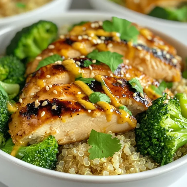To make Grilled Chicken Broccoli Bowls with Garlic Sauce, you need fresh and tasty ingredients. Here’s a detailed list to guide you: - Chicken - 2 boneless, skinless chicken breasts - Vegetables - 2 cups broccoli florets - Grains - 1 cup cooked quinoa or brown rice - Marinade Components - 1 tablespoon olive oil - 3 cloves garlic, minced - 2 tablespoons soy sauce (or tamari for gluten-free) - 1 tablespoon honey or maple syrup - 1 tablespoon fresh ginger, grated - Salt and freshly ground black pepper to taste - Garnishes - Sesame seeds for garnish - Fresh cilantro for garnish (optional) Each ingredient plays a key role. The chicken provides protein, while the broccoli adds nutrients. Quinoa or brown rice gives you fiber and fullness. The marinade brings all the flavors together. Remember, fresh ingredients yield the best taste. {{ingredient_image_2}} Start by seasoning both sides of the chicken breasts with salt and pepper. Then, mix minced garlic, soy sauce, honey, and grated ginger in a bowl. This creates a tasty marinade. Coat the chicken with this mix and let it sit. A good time to marinate is at least 20 minutes. For better flavor, let it sit in the fridge for up to 2 hours. Preheat your grill to medium-high heat. It should be hot enough to sear the chicken. Place the marinated chicken on the grill. Cook it for 6-8 minutes per side. You want a nice char and an internal temperature of 165°F (75°C). Once done, take it off the grill. Let it rest for a few minutes before slicing. While the chicken cooks, bring a pot of water to a rolling boil. Put a steamer basket over the pot and add the broccoli florets. Cover it and steam for about 4-5 minutes. You want the broccoli to be bright green and tender-crisp. Don’t let it overcook! If you haven’t cooked quinoa or brown rice yet, do this now. Rinse the grains well. Cook them in water or broth according to the package instructions. This usually takes around 15-20 minutes until fluffy. Now, it’s time to put it all together! In each serving bowl, add a scoop of quinoa or rice at the bottom. Then, add a layer of the steamed broccoli. Finally, place the sliced grilled chicken on top. You can use the leftover marinade as a sauce, but make sure to cook it first. For a different sauce, mix more minced garlic, a splash of soy sauce, and a bit of olive oil in a small bowl. Drizzle this over each bowl for added flavor. Common Grilling Mistakes Grilling can be tricky. Many people flip the chicken too soon. Wait until it releases from the grill before turning. Another mistake is overcrowding the grill. Give each piece space for even cooking. Lastly, avoid opening the lid too often. This releases heat and slows cooking. Marination Tips Marinating chicken adds flavor and tenderness. Use a mix of soy sauce, garlic, ginger, and honey. Coat the chicken well and let it sit for at least 20 minutes. For better taste, marinate for up to 2 hours. This makes a big difference in taste. How to Achieve Tender-Crisp To get tender-crisp broccoli, use a steamer basket. Boil water in a pot, then place the broccoli in the steamer. Cover it and steam for 4-5 minutes. Watch it closely! You want bright green and a little crunch. Overcooking makes it mushy. Pairing Ideas Serve these bowls with fresh lime wedges for a zesty kick. You can also add avocado slices for creaminess. If you like heat, try a drizzle of sriracha or chili oil. This adds a punch to the dish. Don't forget a sprinkle of sesame seeds for a nice crunch. Pro Tips Marinate for Maximum Flavor: Allow the chicken to marinate for at least 20 minutes, but for the best results, aim for 1-2 hours in the refrigerator. This enhances the flavor and tenderness of the chicken. Perfectly Cooked Chicken: Use a meat thermometer to ensure your chicken reaches an internal temperature of 165°F (75°C). This guarantees that it is fully cooked while remaining juicy. Steaming Broccoli: Steam the broccoli until it’s bright green and just tender, about 4-5 minutes. This retains nutrients and keeps the broccoli vibrant and crisp. Customize Your Bowls: Feel free to add other vegetables or toppings such as sliced bell peppers, avocado, or a squeeze of lime juice to personalize your bowls and add extra flavor. {{image_4}} You can easily change the protein in this dish. Here are some options: - Vegan Options: Try marinated tofu or tempeh. Both soak up flavors well. Grill them just like chicken. They add a tasty twist. - Alternative Meats: You can use turkey or pork instead of chicken. Both cook similarly and bring different flavors. The grain is key to your bowl. Here are some thoughts: - Quinoa vs. Brown Rice: Quinoa has a light, nutty taste. It’s also packed with protein. Brown rice is chewier and more filling. Choose based on your mood and needs. - Other Grain Suggestions: Consider farro, barley, or couscous. Each adds unique textures and flavors to your bowl. You can spice things up with flavors. Here are some ideas: - Adding Spices: Try adding smoked paprika or chili flakes. Both enhance the dish with warmth and depth. - Different Sauces: Experiment with peanut sauce or sriracha. Each option brings new taste and excitement to your meal. To store leftovers, let the Grilled Chicken Broccoli Bowls cool. Place them in airtight containers. This helps keep them fresh. You can store them in the fridge for up to three days. When you are ready to eat, check for any signs of spoilage. If you want to freeze your bowls, you can do that too! First, cool the bowls completely. Then, store them in freezer-safe containers. Make sure to remove as much air as possible before sealing. These bowls can last in the freezer for up to three months. Just remember to label them with the date. When it's time to enjoy your leftovers, reheating them right is key. You can use a microwave for quick warming. Heat in short bursts, stirring in between. Aim for one to two minutes, until hot. If you prefer the oven, preheat it to 350°F (175°C). Place the bowls on a baking sheet and cover with foil. Heat for about 15-20 minutes. This method keeps the chicken juicy and the broccoli crisp. Enjoy your meal! You can tell the chicken is fully cooked by checking its internal temperature. Use a meat thermometer to ensure it reaches 165°F (75°C). The chicken should look white and juices should run clear. If you cut into it, there should be no pink inside. Rest the chicken for a few minutes before slicing. This helps keep it juicy. Yes, you can make this recipe ahead of time! Cook the chicken, broccoli, and grains. Store them separately in airtight containers. When you're ready to eat, just reheat everything in the microwave or on the stove. This meal is great for meal prep and saves time during busy days. These bowls pair well with a few side dishes. You could serve a simple salad with a light dressing. Roasted sweet potatoes or a fresh cucumber salad also work great. If you like heat, try some spicy roasted chickpeas. These sides add flavor and make your meal more filling. Yes, you can use frozen broccoli! Just steam it according to the package instructions. Frozen broccoli is often just as nutritious as fresh. Make sure not to overcook it, so it stays bright green and tender-crisp. This makes it a quick and easy option for busy cooks. This article covered key steps to create tasty chicken bowls. We discussed fresh ingredients like chicken, veggies, and grains. I guided you through marinating, grilling, and steaming techniques. You learned to layer flavors and make garlic sauce with leftover marinade. In the end, these bowls are easy and fun to make. Don't hesitate to try variations or experiment with flavors. Enjoy making delicious meals that meet your taste and dietary needs. Happy cooking!
