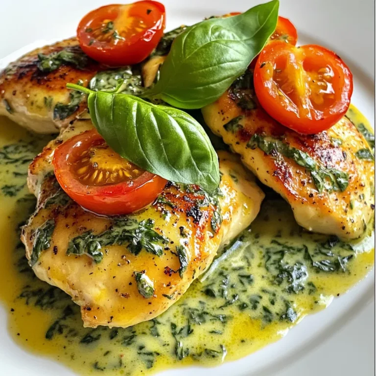 To make this creamy Chicken Florentine, you need: - 2 boneless, skinless chicken breasts - 2 cups fresh spinach, finely chopped - 1 cup heavy cream - 1 cup grated Parmesan cheese - 2 cloves garlic, minced - 1 tablespoon olive oil - 1 teaspoon Italian seasoning - Salt and freshly ground black pepper to taste - 1 cup cherry tomatoes, halved (for garnish) - Fresh basil leaves, torn (for garnish) Each ingredient in this dish brings health benefits: - Chicken breasts are lean protein. They help build muscle and keep you full. - Spinach is packed with vitamins A and K. It supports your vision and bones. - Heavy cream provides healthy fats, which can aid in vitamin absorption. - Parmesan cheese delivers calcium for strong bones. It also adds flavor. - Garlic boosts your immune system and may reduce blood pressure. - Olive oil is rich in healthy fats and antioxidants. It can support heart health. - Cherry tomatoes are a great source of vitamin C. They help keep skin healthy. - Basil offers anti-inflammatory properties and adds a fresh taste. If you need to swap ingredients, here are some ideas: - Use chicken thighs instead of breasts for more flavor. - Substitute Greek yogurt for heavy cream to lower calories. - Try nutritional yeast in place of Parmesan for a dairy-free option. - Use frozen spinach if fresh is not available; just thaw and drain it first. - Replace olive oil with butter for a richer taste. - For a kick, add red pepper flakes to the sauce. This dish is simple, yet it offers a burst of flavor and nutrition. Enjoy making your Chicken Florentine! {{ingredient_image_2}} Season the chicken breasts with salt, pepper, and Italian seasoning. Heat olive oil in a large skillet over medium heat. Add the chicken breasts to the skillet. Cook for about 6 to 7 minutes on each side. The chicken should be golden brown and no longer pink inside. Once cooked, remove the chicken and cover it to keep warm. In the same skillet, add minced garlic. Sauté the garlic for about 1 minute, until it smells great. Be careful not to let it burn. Add the finely chopped spinach next. Stir often until the spinach wilts, which takes about 2 to 3 minutes. Turn the heat down to low. Pour in the heavy cream slowly, stirring to mix it well with the spinach and garlic. Gradually add the grated Parmesan cheese, stirring until the sauce is creamy and smooth. Taste it and add a little more salt or pepper if you want. Put the cooked chicken back in the skillet. Make sure the chicken is covered in the creamy spinach sauce. Let it simmer for about 2 to 3 minutes. This helps the chicken soak up all the yummy flavors. Using a spatula, place the Chicken Florentine on plates. For a pop of color, garnish with halved cherry tomatoes and torn basil leaves. Enjoy this creamy dish as a special treat! To make Chicken Florentine shine, start with fresh ingredients. Season your chicken well. Use salt, pepper, and Italian seasoning. Heat olive oil in a large skillet over medium heat. This gives the chicken a nice golden color. Cook the chicken for about 6 to 7 minutes on each side. Check for doneness; it should be juicy and not pink inside. For the spinach, use the same skillet. This adds extra flavor to your dish. To create a rich and creamy sauce, use heavy cream. Pour it in after cooking the garlic and spinach. Stir it slowly to mix well. Add the grated Parmesan cheese gradually. Keep stirring until it becomes smooth. If the sauce is too thick, add a splash of milk or broth. Taste it for seasoning, and adjust with salt and pepper as needed. This will give you a perfect creamy texture that clings to the chicken. To make your dish look great, use a clean plate. Place your chicken in the center, then spoon the creamy sauce on top. Add halved cherry tomatoes for color. They also add a nice sweet touch. Tear fresh basil leaves and sprinkle them over the dish. This gives a fresh aroma. Using vibrant colors makes it more appealing. A beautiful presentation will impress your guests and make the meal feel special. Pro Tips Use Fresh Spinach: Fresh spinach gives the best flavor and texture. Avoid using frozen spinach, as it can become watery and affect the cream sauce consistency. Perfect Chicken Cooking: Ensure your chicken breasts are even in thickness for uniform cooking. Consider pounding them slightly to achieve this. Adjust Creaminess: If you prefer a lighter sauce, you can substitute half of the heavy cream with chicken broth or a lower-fat cream alternative without sacrificing too much flavor. Garnish Wisely: Fresh basil and cherry tomatoes not only enhance the dish’s appearance but also brighten up the flavors. Add them just before serving for the best taste. {{image_4}} You can change the sauce in Chicken Florentine. Try a lemon-butter sauce for a zesty twist. Use a white wine sauce for a rich flavor. A garlic and herb sauce adds depth too. Each sauce brings a new taste to the dish. Mix it up based on your mood! Vegetables can boost the flavor and nutrients. You can add mushrooms or bell peppers. Zucchini or broccoli also work well. For added protein, try shrimp or salmon. These options make the dish heartier and more colorful. You get more tastes and textures in each bite! While pasta is a classic side, you can get creative. Serve it with rice for a filling meal. Quinoa adds a nice nutty flavor. Roasted potatoes or a fresh salad are great too. Each side brings its own charm to Chicken Florentine. Choose what fits your meal best! To keep Chicken Florentine fresh, let it cool first. Place it in an airtight container. Store it in the fridge for up to three days. Make sure to label the container with the date. This way, you'll know when to eat it. When you want to eat your leftovers, use the stove or microwave. On the stove, heat it on low. Stir it often so it warms evenly. If using the microwave, heat in short bursts. Check it every minute to avoid overcooking. This keeps the chicken and sauce creamy. You can freeze Chicken Florentine for up to three months. Use a freezer-safe container and remove as much air as possible. When you want to eat it, thaw it overnight in the fridge. Reheat it on the stove for the best taste. Avoid freezing the dish with the garnish. Add fresh tomatoes and basil after reheating for a bright touch. Chicken Florentine is a creamy dish with chicken and spinach. It features tender chicken breasts in a rich, cheesy sauce. The sauce combines heavy cream, garlic, and Parmesan cheese. This dish is both simple and elegant, perfect for any dinner. Yes, you can make Chicken Florentine ahead of time. Cook the chicken and prepare the sauce separately. Store them in the fridge for up to two days. When ready to serve, warm them gently on the stove. You can serve Chicken Florentine with various sides. Here are a few tasty options: - Pasta or rice for a filling meal - A crisp green salad for freshness - Garlic bread to soak up the sauce - Roasted vegetables for added flavor Chicken Florentine can be a healthy option. It includes lean chicken and spinach, which are both nutritious. Spinach is rich in vitamins and minerals. However, it does contain heavy cream and cheese, which add calories and fat. Balance it with lighter sides for a healthier meal. To make Chicken Florentine gluten-free, skip any flour in the recipe. The dish is naturally gluten-free when using gluten-free ingredients. Just ensure the chicken and cheese are certified gluten-free. Enjoy a creamy and delicious meal without worry! This blog post covered Chicken Florentine from start to finish. We explored key ingredients, their health benefits, and easy swaps. I outlined simple steps to prepare each part, from chicken to sauce. Tips for cooking and serving enhanced your dish, while variations offered creative options. Lastly, I shared storage tips to keep your leftovers fresh. By following these steps, you can enjoy a delicious meal that’s both healthy and flexible. Whether you stick to the classic recipe or experiment, Chicken Florentine will surely delight.
