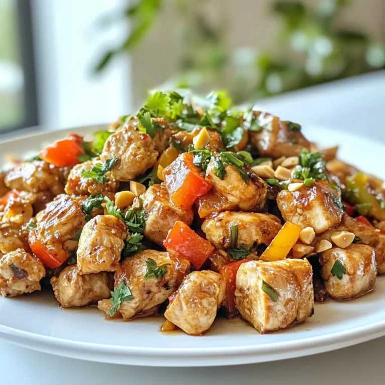- 1 lb (450g) boneless, skinless chicken breast - Marinade ingredients: - 3 tablespoons soy sauce - 1 tablespoon fish sauce - 2 tablespoons brown sugar - 1 tablespoon fresh lime juice - 3 cloves garlic, minced - 1 teaspoon freshly grated ginger - Vegetables and garnishes: - 1 red bell pepper, diced - 1/2 cup fresh cilantro, chopped - Optional: sliced red chili or crushed peanuts for garnish The main star of this dish is the chicken. I like to use boneless, skinless chicken breast for its mild flavor and quick cooking time. It’s easy to cut into small, bite-sized pieces. The marinade gives the chicken great taste. I mix soy sauce and fish sauce for saltiness. Brown sugar adds a nice sweetness. Lime juice brightens the dish. Garlic and ginger give it a warm, spicy kick. Don’t forget the veggies! Diced red bell pepper adds color and crunch. Fresh cilantro brightens the dish with its fresh flavor. If you want a bit of heat, add sliced red chili or crushed peanuts on top. This blend of flavors makes Minute Thai Chicken Bites special. You can enjoy them on their own or as part of a larger meal. {{ingredient_image_2}} In a medium bowl, mix the marinade ingredients. Combine soy sauce, fish sauce, brown sugar, lime juice, garlic, and ginger. Whisk well until the brown sugar dissolves. This step is key for flavor. If the sugar is not dissolved, you may have gritty bits in your dish. Cut the chicken into small cubes. Place the cubes in the bowl with the marinade. Toss gently to coat each piece fully. This helps the chicken soak up all the flavor. Let it marinate for about 10 minutes. This short time allows the chicken to absorb the taste without getting mushy. Heat a large skillet over medium-high heat. Add the olive oil and wait until it shimmers. Carefully add the marinated chicken with all the marinade. Spread the chicken evenly in the pan. This step is important for even cooking. Sauté the chicken for 6-8 minutes. Stir occasionally to promote browning. Once the chicken is golden brown, add the diced red bell pepper. Cook for an additional 2-3 minutes. This timing helps keep the pepper crunchy while softening it just enough. Remove the skillet from heat and sprinkle cilantro on top. Toss gently to combine, letting the fresh flavors mix well. To make your Minute Thai Chicken Bites even better, try adding spices. Some great options include: - 1 teaspoon of red pepper flakes for heat - 1 teaspoon of cumin for warmth - 1 teaspoon of coriander for a citrusy kick For garnishes, you can use sliced red chili or crushed peanuts. Fresh lime wedges add brightness, too. These additions can really uplift the dish. Cooking the chicken at medium-high heat is key. This ensures it cooks quickly and evenly. If the heat is too low, the chicken can become rubbery. To avoid overcooking, keep an eye on the chicken. Cook it for 6-8 minutes until golden brown. Use a meat thermometer if you want to be precise; the chicken should reach 165°F (74°C). For a fun serving idea, use a colorful bowl. Place the chicken bites in the center and surround them with lime wedges. Sprinkle extra cilantro on top for a fresh look. When it comes to sides, jasmine rice pairs well. You could also serve it with a light salad. Both options balance the flavors and make the meal complete. Pro Tips Marinate Longer for Deeper Flavor: If time allows, marinate the chicken for at least 30 minutes or even overnight in the refrigerator to enhance the flavor profile. Perfectly Cooked Chicken: Use a meat thermometer to ensure the chicken reaches an internal temperature of 165°F (75°C) for perfectly cooked, juicy bites. Customize the Heat Level: Adjust the amount of red chili or add additional spices like crushed red pepper flakes for a spicier kick according to your taste. Fresh Ingredients Matter: Use fresh herbs and ingredients whenever possible, as they significantly enhance the dish's overall flavor and presentation. {{image_4}} You can switch the chicken with shrimp or tofu. Shrimp cooks quickly, so keep an eye on it. It only needs about 3-5 minutes in the skillet. If you use tofu, choose firm tofu for the best texture. Cut it into small cubes. Cook it for about 5-7 minutes until it's golden and crispy. You can play with the marinade to create sweet or spicy options. Add some honey for sweetness or a dash of sriracha for heat. Instead of soy sauce, try coconut aminos for a different taste. You can also use teriyaki sauce or hoisin sauce for new flavors. Mix and match to find your favorite! To make this recipe gluten-free, use tamari instead of soy sauce. You can also swap fish sauce for a gluten-free version. For vegetarian options, use tofu or tempeh. They soak up flavors well and give a nice texture. This way, everyone can enjoy these tasty bites! To keep your Minute Thai Chicken Bites fresh, follow these tips: - Refrigeration: Store leftovers in the fridge within two hours of cooking. This helps prevent bacteria growth. - Containers: Use airtight containers to seal in flavor. Glass or plastic containers work well. Avoid metal, as it can react with the sauce. When you’re ready to enjoy leftovers, keep these methods in mind: - Stovetop: Heat in a skillet over medium heat. Add a splash of water or broth to keep the chicken moist. Stir frequently until heated through. - Microwave: Place chicken bites in a microwave-safe dish. Cover with a damp paper towel to retain moisture. Heat in short intervals, stirring in between, until warm. If you want to save some chicken bites for later, here’s how to freeze them: - Freezing: Cool the chicken bites completely before freezing. Place them in freezer-safe bags or containers. Remove as much air as possible to prevent freezer burn. - Thawing: To use frozen chicken bites, move them to the fridge overnight. For a quicker option, use the microwave’s defrost setting before cooking. You can add heat by using sliced red chili. Mix it in with the chicken. If you want more kick, use crushed red pepper flakes. You can also try a spicier sauce. Sriracha or chili garlic sauce will work well. Start with a small amount, then taste and adjust. This way, you can get the right level of spice for your taste. Yes, you can make the marinade early. This saves time when you cook. Just mix the marinade ingredients and store it in the fridge. It stays fresh for up to two days. When you are ready, just add the chicken and marinate it. This lets the chicken soak up more flavor. These chicken bites pair well with many sides. You can serve them with jasmine rice or noodles. A fresh salad with lime dressing is also great. If you want something light, try cucumber slices or spring rolls. For a fun option, serve them with dipping sauces like sweet chili sauce or peanut sauce. These chicken bites last about three days in the fridge. Store them in an airtight container. Make sure they cool down before sealing. If you want to keep them longer, consider freezing. They can stay in the freezer for up to two months. Just thaw them overnight in the fridge before reheating. This blog post provided a clear guide to making flavorful Thai chicken bites. You learned about the key ingredients, how to prepare and cook them perfectly, and tips for flavor enhancement. I also shared variations for different proteins and dietary needs. Finally, I covered storage and reheating methods to keep your meals fresh. These insights should help you create delicious meals that impress. Enjoy your cooking journey and the tasty results that follow!