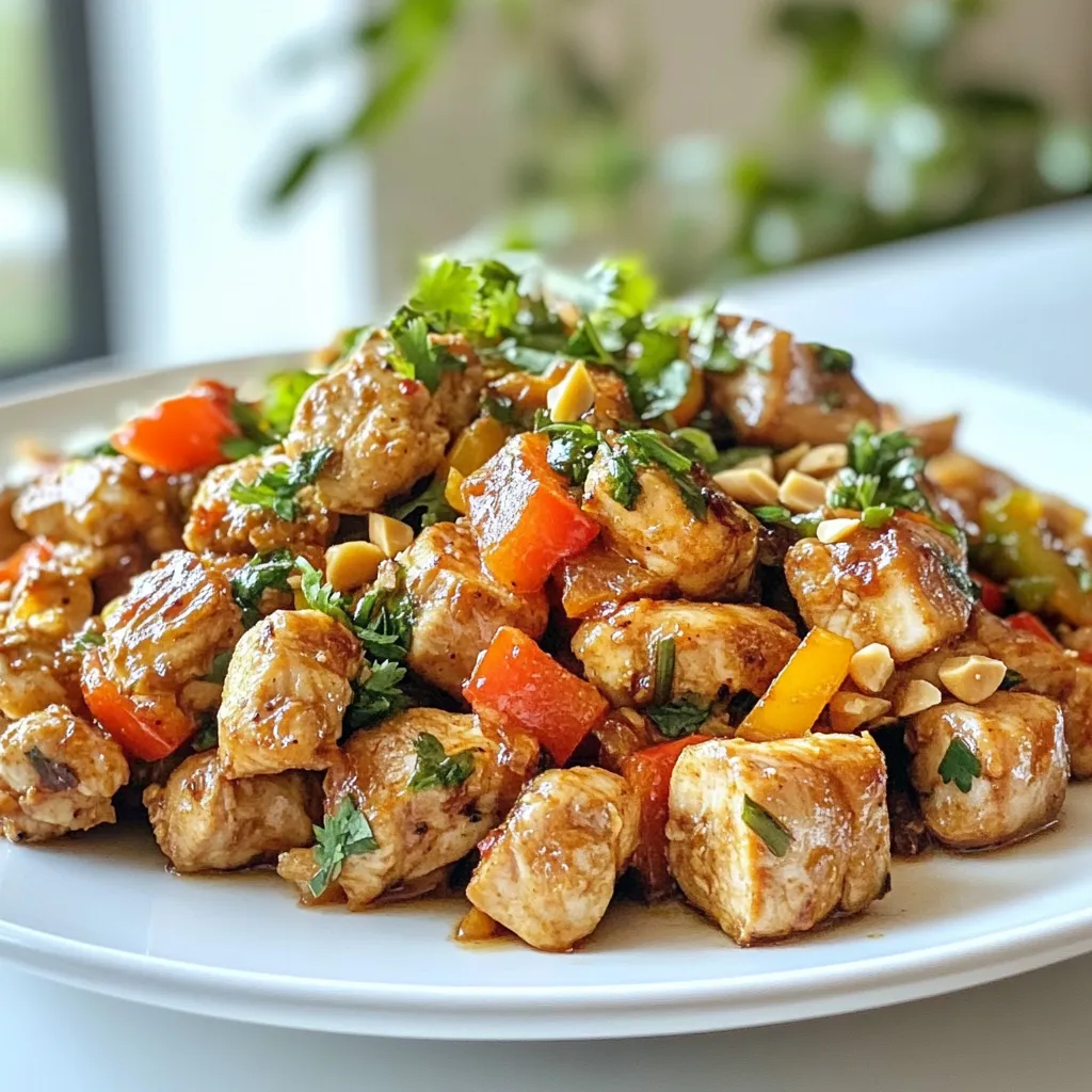 - 1 lb (450g) boneless, skinless chicken breast - Marinade ingredients: - 3 tablespoons soy sauce - 1 tablespoon fish sauce - 2 tablespoons brown sugar - 1 tablespoon fresh lime juice - 3 cloves garlic, minced - 1 teaspoon freshly grated ginger - Vegetables and garnishes: - 1 red bell pepper, diced - 1/2 cup fresh cilantro, chopped - Optional: sliced red chili or crushed peanuts for garnish The main star of this dish is the chicken. I like to use boneless, skinless chicken breast for its mild flavor and quick cooking time. It’s easy to cut into small, bite-sized pieces. The marinade gives the chicken great taste. I mix soy sauce and fish sauce for saltiness. Brown sugar adds a nice sweetness. Lime juice brightens the dish. Garlic and ginger give it a warm, spicy kick. Don’t forget the veggies! Diced red bell pepper adds color and crunch. Fresh cilantro brightens the dish with its fresh flavor. If you want a bit of heat, add sliced red chili or crushed peanuts on top. This blend of flavors makes Minute Thai Chicken Bites special. You can enjoy them on their own or as part of a larger meal. {{ingredient_image_2}} In a medium bowl, mix the marinade ingredients. Combine soy sauce, fish sauce, brown sugar, lime juice, garlic, and ginger. Whisk well until the brown sugar dissolves. This step is key for flavor. If the sugar is not dissolved, you may have gritty bits in your dish. Cut the chicken into small cubes. Place the cubes in the bowl with the marinade. Toss gently to coat each piece fully. This helps the chicken soak up all the flavor. Let it marinate for about 10 minutes. This short time allows the chicken to absorb the taste without getting mushy. Heat a large skillet over medium-high heat. Add the olive oil and wait until it shimmers. Carefully add the marinated chicken with all the marinade. Spread the chicken evenly in the pan. This step is important for even cooking. Sauté the chicken for 6-8 minutes. Stir occasionally to promote browning. Once the chicken is golden brown, add the diced red bell pepper. Cook for an additional 2-3 minutes. This timing helps keep the pepper crunchy while softening it just enough. Remove the skillet from heat and sprinkle cilantro on top. Toss gently to combine, letting the fresh flavors mix well. To make your Minute Thai Chicken Bites even better, try adding spices. Some great options include: - 1 teaspoon of red pepper flakes for heat - 1 teaspoon of cumin for warmth - 1 teaspoon of coriander for a citrusy kick For garnishes, you can use sliced red chili or crushed peanuts. Fresh lime wedges add brightness, too. These additions can really uplift the dish. Cooking the chicken at medium-high heat is key. This ensures it cooks quickly and evenly. If the heat is too low, the chicken can become rubbery. To avoid overcooking, keep an eye on the chicken. Cook it for 6-8 minutes until golden brown. Use a meat thermometer if you want to be precise; the chicken should reach 165°F (74°C). For a fun serving idea, use a colorful bowl. Place the chicken bites in the center and surround them with lime wedges. Sprinkle extra cilantro on top for a fresh look. When it comes to sides, jasmine rice pairs well. You could also serve it with a light salad. Both options balance the flavors and make the meal complete. Pro Tips Marinate Longer for Deeper Flavor: If time allows, marinate the chicken for at least 30 minutes or even overnight in the refrigerator to enhance the flavor profile. Perfectly Cooked Chicken: Use a meat thermometer to ensure the chicken reaches an internal temperature of 165°F (75°C) for perfectly cooked, juicy bites. Customize the Heat Level: Adjust the amount of red chili or add additional spices like crushed red pepper flakes for a spicier kick according to your taste. Fresh Ingredients Matter: Use fresh herbs and ingredients whenever possible, as they significantly enhance the dish's overall flavor and presentation. {{image_4}} You can switch the chicken with shrimp or tofu. Shrimp cooks quickly, so keep an eye on it. It only needs about 3-5 minutes in the skillet. If you use tofu, choose firm tofu for the best texture. Cut it into small cubes. Cook it for about 5-7 minutes until it's golden and crispy. You can play with the marinade to create sweet or spicy options. Add some honey for sweetness or a dash of sriracha for heat. Instead of soy sauce, try coconut aminos for a different taste. You can also use teriyaki sauce or hoisin sauce for new flavors. Mix and match to find your favorite! To make this recipe gluten-free, use tamari instead of soy sauce. You can also swap fish sauce for a gluten-free version. For vegetarian options, use tofu or tempeh. They soak up flavors well and give a nice texture. This way, everyone can enjoy these tasty bites! To keep your Minute Thai Chicken Bites fresh, follow these tips: - Refrigeration: Store leftovers in the fridge within two hours of cooking. This helps prevent bacteria growth. - Containers: Use airtight containers to seal in flavor. Glass or plastic containers work well. Avoid metal, as it can react with the sauce. When you’re ready to enjoy leftovers, keep these methods in mind: - Stovetop: Heat in a skillet over medium heat. Add a splash of water or broth to keep the chicken moist. Stir frequently until heated through. - Microwave: Place chicken bites in a microwave-safe dish. Cover with a damp paper towel to retain moisture. Heat in short intervals, stirring in between, until warm. If you want to save some chicken bites for later, here’s how to freeze them: - Freezing: Cool the chicken bites completely before freezing. Place them in freezer-safe bags or containers. Remove as much air as possible to prevent freezer burn. - Thawing: To use frozen chicken bites, move them to the fridge overnight. For a quicker option, use the microwave’s defrost setting before cooking. You can add heat by using sliced red chili. Mix it in with the chicken. If you want more kick, use crushed red pepper flakes. You can also try a spicier sauce. Sriracha or chili garlic sauce will work well. Start with a small amount, then taste and adjust. This way, you can get the right level of spice for your taste. Yes, you can make the marinade early. This saves time when you cook. Just mix the marinade ingredients and store it in the fridge. It stays fresh for up to two days. When you are ready, just add the chicken and marinate it. This lets the chicken soak up more flavor. These chicken bites pair well with many sides. You can serve them with jasmine rice or noodles. A fresh salad with lime dressing is also great. If you want something light, try cucumber slices or spring rolls. For a fun option, serve them with dipping sauces like sweet chili sauce or peanut sauce. These chicken bites last about three days in the fridge. Store them in an airtight container. Make sure they cool down before sealing. If you want to keep them longer, consider freezing. They can stay in the freezer for up to two months. Just thaw them overnight in the fridge before reheating. This blog post provided a clear guide to making flavorful Thai chicken bites. You learned about the key ingredients, how to prepare and cook them perfectly, and tips for flavor enhancement. I also shared variations for different proteins and dietary needs. Finally, I covered storage and reheating methods to keep your meals fresh. These insights should help you create delicious meals that impress. Enjoy your cooking journey and the tasty results that follow!