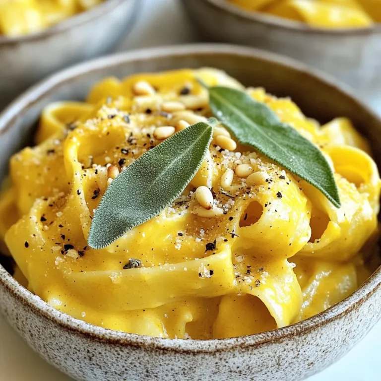 - 12 oz fettuccine or pasta of choice - 1 cup pumpkin puree - 2 tablespoons unsalted butter - 1 tablespoon olive oil - 3 cloves garlic, minced - 1 small onion, finely chopped - 1 teaspoon fresh sage, chopped - ½ cup vegetable broth - ½ cup heavy cream (or coconut cream) - ½ cup grated Parmesan cheese (or nutritional yeast) - Salt and pepper to taste - Fresh sage leaves for garnish - Toasted pine nuts (optional) Pumpkin sage pasta is a simple yet rich dish. You need a few key ingredients to bring it to life. First, choose your pasta. Fettuccine works well, but any pasta you love will do. Next, pick up a cup of pumpkin puree. This gives the dish its creamy texture and warm flavor. Butter and olive oil help sauté the onion and garlic. The sweet aroma of garlic makes your kitchen smell great. You will also need fresh sage. It adds a wonderful herbal flavor. If you don’t have fresh sage, dried works too. For the sauce, vegetable broth adds depth. Heavy cream gives it a nice richness. You can use coconut cream for a vegan option. Don’t forget the cheese! Parmesan cheese or nutritional yeast adds a savory kick. Finally, season with salt and pepper. Fresh sage leaves and toasted pine nuts make lovely toppings. These add color and extra crunch. With these ingredients, you are ready to make a delightful meal! {{ingredient_image_2}} - Boil a large pot of salted water. - Add 12 oz of fettuccine or your favorite pasta. - Cook until al dente, which takes about 8-10 minutes. - Before draining, reserve about 1 cup of the pasta water. - Drain the pasta and set it aside in a colander. - In a large skillet, melt 2 tablespoons of unsalted butter with 1 tablespoon of olive oil over medium heat. - Add 1 small onion, finely chopped. Sauté for 3-4 minutes until it’s translucent. - Mix in 3 cloves of minced garlic and 1 teaspoon of chopped sage. Cook for 1 more minute until fragrant. - Stir in 1 cup of pumpkin puree and ½ cup of vegetable broth. - Mix well and let it simmer gently for 5 minutes. This helps the flavors meld. - Lower the heat and add ½ cup of heavy cream. - Stir continuously to mix it well. - Continue to simmer for another 3-4 minutes until it thickens. - Add the drained pasta to the skillet with the pumpkin sauce. - Toss well to coat the pasta evenly. - If the sauce is too thick, add some reserved pasta water until it reaches your preferred consistency. - Stir in ½ cup of grated Parmesan cheese. Mix until it’s fully incorporated. - Season with salt and pepper to taste, adjusting as needed. - Serve warm, garnished with fresh sage leaves and toasted pine nuts, if desired. To get the right sauce thickness, use the reserved pasta water. Add a little at a time. Stir well to mix. This makes the sauce creamy and smooth. Always taste your sauce before serving. Adjust the salt and pepper as needed. A little extra seasoning can make a big difference. Serve your pasta in rustic bowls for a cozy look. Drizzle a bit of olive oil on top. This adds flavor and a nice shine. For garnish, use fresh sage leaves. They look great and add a fresh taste. Toasted pine nuts make a tasty topping too. They add crunch and richness. Pair your pumpkin sage pasta with a light white wine. Choices like Sauvignon Blanc or Pinot Grigio work well. If you prefer a side salad, choose a simple green salad. A mix of fresh greens with a light vinaigrette complements the dish nicely. These pairings enhance the meal and balance the flavors. Pro Tips Choose Fresh Sage: Using fresh sage enhances the flavor profile significantly compared to dried sage. Look for vibrant green leaves for the best aroma and taste. Perfect Pasta Texture: Always cook pasta al dente. This will ensure a pleasant bite and that it holds up well when mixed with the creamy pumpkin sauce. Adjust Creaminess: If your sauce thickens too much, gradually add the reserved pasta water to reach your desired creamy consistency without diluting the flavors. Garnish Wisely: A sprinkle of toasted pine nuts adds a delightful crunch and nutty flavor that beautifully complements the creamy pumpkin sauce. {{image_4}} You can easily make this dish vegan. Just swap heavy cream for coconut cream. This change keeps the sauce rich and creamy. Instead of Parmesan cheese, use nutritional yeast. It adds a cheesy flavor without dairy. If you need a gluten-free option, choose gluten-free pasta. Rice or chickpea pasta works well. They have great texture and flavor. Just cook them according to the package instructions. Want to spice things up? Add cooked chicken or sausage to your pasta. You can also toss in extra spices. A pinch of red pepper flakes adds heat. Or try a dash of nutmeg for a warm touch. These additions make your dish even more exciting! To store leftovers of pumpkin sage pasta, let it cool first. Place the pasta in an airtight container. This keeps it fresh and safe. In the refrigerator, the pasta lasts for about three to four days. Make sure to check for any signs of spoilage before eating. Reheating is easy. You can use a microwave or a skillet. For the microwave, place the pasta in a bowl. Add a splash of water to keep it moist. Cover it loosely and heat in short bursts. Stir in between to warm evenly. If using a skillet, add a bit of oil or butter. Heat on low, stirring gently until warm. This keeps the texture nice and creamy. Yes, you can freeze pumpkin sage pasta! To freeze, let it cool completely. Portion it into freezer-safe bags or containers. Squeeze out the air before sealing. This helps prevent freezer burn. The pasta can stay in the freezer for up to three months. When you're ready to eat, thaw it in the fridge overnight and reheat as mentioned above. Enjoy your delicious pasta later! You can add red pepper flakes for heat. Start with a pinch, then taste. If you want more spice, add a little more. You can also use fresh chili peppers. Chop them finely and toss them in with the garlic. Yes, you can! First, cut the fresh pumpkin in half. Remove the seeds and stringy bits. Roast the halves at 400°F for about 40 minutes. Once they are soft, scoop out the flesh. Puree it until smooth for your recipe. You can try thyme or rosemary for a different taste. Both herbs add a nice earthiness. Parsley or basil can also work well. Each herb brings its own charm to the dish. Yes, it has many nutritional benefits. Pumpkin is high in fiber and vitamins. It can help support your immune system. The dish offers healthy fats from the olive oil and butter, too. Just be mindful of the cream and cheese if you watch your calories. Absolutely! Cook the pasta and sauce separately. Store them in airtight containers in the fridge. When ready to eat, just combine and heat gently. You can also make the sauce a day in advance. This lets the flavors deepen even more. This blog post explored how to make delicious pumpkin sage pasta. We discussed key ingredients, step-by-step cooking instructions, and tips for the best results. You learned how to make variations for vegan and gluten-free diets. Cooking can be fun and rewarding. Enjoy experimenting with flavors and sharing your dish. With these tips, your pumpkin sage pasta will impress friends and family. Happy cooking!